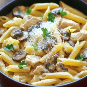 - 2 chicken breasts, diced - 2 cups penne pasta - 4 cups chicken broth - 1 cup heavy cream The chicken breasts give this dish a hearty base. Diced, they cook quickly and add protein. Penne pasta works great here. It holds the sauce well. The chicken broth adds depth and flavor. Heavy cream makes the dish rich and creamy. - 1 tablespoon olive oil - 1 medium onion, finely chopped - 3 cloves garlic, minced - 2 cups mixed mushrooms (cremini, shiitake, and button), sliced - 1 teaspoon dried thyme - 1 teaspoon Italian seasoning - Salt and pepper to taste Olive oil starts the cooking process with flavor. Onion adds sweetness and depth. Garlic gives a nice kick. Mixed mushrooms enhance the umami profile. Thyme and Italian seasoning bring warmth. Salt and pepper tie all the flavors together. - 1/2 cup grated Parmesan cheese - Fresh parsley for garnish (optional) Parmesan cheese adds a salty, nutty finish. Fresh parsley brightens the dish and adds color. You can skip these if you want a simpler meal. If you like, add spinach or sun-dried tomatoes for extra flavor. First, you need to get your chicken ready. Dice 2 chicken breasts into small cubes. This helps them cook evenly. Next, chop your vegetables. Finely chop 1 medium onion and mince 3 cloves of garlic. Then, slice 2 cups of mixed mushrooms. I like to use cremini, shiitake, and button mushrooms for a great flavor mix. Now, measure out your pasta and liquids. You will need 2 cups of penne pasta and 4 cups of chicken broth. Also, have 1 cup of heavy cream on hand. This will make your dish creamy and rich. Now, let’s start cooking. In a large pot, heat 1 tablespoon of olive oil over medium heat. Once the oil is hot, add the diced chicken. Cook it for about 5-7 minutes, or until it is golden brown. Don’t forget to season it with salt and pepper. After that, remove the chicken from the pot and set it aside. In the same pot, add the chopped onion. Sauté it for about 3 minutes until it turns translucent. Then, stir in the minced garlic and sliced mushrooms. Cook everything for another 5-7 minutes. You want the mushrooms to release their moisture and brown a bit. Next, it’s time to combine everything. Add the penne pasta, chicken broth, 1 teaspoon of dried thyme, and 1 teaspoon of Italian seasoning to the pot. Mix well to combine all the flavors. Bring this mixture to a boil. After it boils, reduce the heat and cover the pot. Let it simmer for 10-12 minutes. Stir occasionally to keep the pasta from sticking. Once the pasta is cooked al dente, return the cooked chicken to the pot. Now it’s time for the cream! Stir in 1 cup of heavy cream and 1/2 cup of grated Parmesan cheese. Mix until everything is creamy and well blended. If you find the sauce is too thick, don’t worry. Just add a splash more chicken broth or water to get the right consistency. Taste the dish and adjust the seasoning with salt and pepper if needed. This is where you can make it perfect for your taste! To enhance the mushroom flavor, choose a mix of mushrooms. Use cremini, shiitake, and button mushrooms. This blend gives you a rich taste. Sauté them until they brown, as this brings out their natural umami. Layer seasonings correctly. Start with salt and pepper for the chicken. After adding the mushrooms and garlic, sprinkle thyme and Italian seasoning. This builds flavor step by step. Always taste as you go to adjust seasonings. Prep ingredients ahead of time. Dice the chicken and chop the onion in advance. You can also slice the mushrooms the day before. This makes cooking quicker and easier. One-pot efficiency is key. Use a large pot that holds all the ingredients. This reduces the need for extra dishes. Also, cook everything in the same pot to save time and clean-up. Be careful not to overcook the pasta. Follow the package instructions for timing. Cook until al dente, as it will keep cooking in the sauce. Achieving the right seasoning balance is crucial. Taste your dish before serving. You may need to add more salt or pepper. Don’t be afraid to adjust the flavors to suit your taste. {{image_2}} You can switch out chicken for other proteins. Try using shrimp or diced turkey. Both cook quickly and taste great with the sauce. If you want a vegetarian dish, use tofu or chickpeas. Both options soak up the creamy sauce well and add protein. Exploring different pasta shapes can change the dish. You could use farfalle, fettuccine, or even whole wheat pasta. Each shape gives a unique bite. For the sauce, you might try a lighter cream substitute like half-and-half or cashew cream. These options keep the dish creamy but reduce calories. Adding vegetables can boost flavor and nutrition. Spinach, peas, or bell peppers add color and texture. You can also try infusing the dish with fresh herbs like basil or rosemary. These herbs add a fresh taste that brightens the creamy sauce. Don't be afraid to experiment and find your favorite mix! To keep your One-Pot Creamy Mushroom and Chicken Pasta fresh, follow these tips: - Refrigeration: Place leftovers in an airtight container. This helps keep out air and moisture. Store it in the fridge. It stays good for about 3-4 days. - Freezing: If you want to save it for later, freezing works well. Use a freezer-safe container. Leave some space at the top for expansion. It can last for up to 2 months in the freezer. When you reheat this pasta, aim to keep it creamy. Here are some methods: - Stovetop: Heat a pan over low heat. Add the pasta and a splash of chicken broth or cream. Stir well until warm. This keeps the sauce nice and creamy. - Microwave: Transfer the pasta to a microwave-safe bowl. Add a bit of liquid to help with moisture. Heat in short bursts, stirring in between to avoid overcooking. Knowing how long your dish lasts is key: - In the fridge: This pasta stays fresh for 3-4 days if stored properly. - Signs of spoilage: Watch for off smells, mold, or a change in texture. If you see any of these signs, it's best to throw it away. You can use several options instead of heavy cream. If you want a lighter dish, try half-and-half. This mix of milk and cream gives you a creamy texture without being too heavy. Another option is Greek yogurt. It adds creaminess and a nice tang. For a non-dairy choice, use coconut milk. It has a rich flavor and works well in sauces. Yes, you can make this dish ahead of time. Cook the pasta and sauce, then cool them down. Store them in an airtight container in the fridge. For meal prepping, you can pack single servings for easy lunches. When you are ready to eat, simply reheat it in a pot over low heat. Add a splash of broth if it seems too thick. To make this recipe gluten-free, start by using gluten-free pasta. There are many brands available, like rice or chickpea pasta. Check the label to ensure it fits your diet. You may also need to adjust the chicken broth. Some brands may have gluten, so always read the ingredients. Use gluten-free broth for safety. This article covered how to make a creamy chicken pasta dish with ease. You learned about key ingredients, cooking steps, and handy tips. I shared variations for different tastes and dietary needs. Remember, meal prep saves time. Don't forget to store leftovers properly to enjoy later. With practice, you'll master this dish and impress everyone. Get creative while cooking, and enjoy every bite.