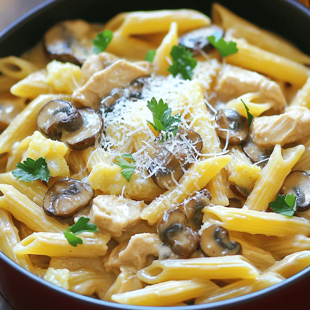 - 2 chicken breasts, diced - 2 cups penne pasta - 4 cups chicken broth - 1 cup heavy cream The chicken breasts give this dish a hearty base. Diced, they cook quickly and add protein. Penne pasta works great here. It holds the sauce well. The chicken broth adds depth and flavor. Heavy cream makes the dish rich and creamy. - 1 tablespoon olive oil - 1 medium onion, finely chopped - 3 cloves garlic, minced - 2 cups mixed mushrooms (cremini, shiitake, and button), sliced - 1 teaspoon dried thyme - 1 teaspoon Italian seasoning - Salt and pepper to taste Olive oil starts the cooking process with flavor. Onion adds sweetness and depth. Garlic gives a nice kick. Mixed mushrooms enhance the umami profile. Thyme and Italian seasoning bring warmth. Salt and pepper tie all the flavors together. - 1/2 cup grated Parmesan cheese - Fresh parsley for garnish (optional) Parmesan cheese adds a salty, nutty finish. Fresh parsley brightens the dish and adds color. You can skip these if you want a simpler meal. If you like, add spinach or sun-dried tomatoes for extra flavor. First, you need to get your chicken ready. Dice 2 chicken breasts into small cubes. This helps them cook evenly. Next, chop your vegetables. Finely chop 1 medium onion and mince 3 cloves of garlic. Then, slice 2 cups of mixed mushrooms. I like to use cremini, shiitake, and button mushrooms for a great flavor mix. Now, measure out your pasta and liquids. You will need 2 cups of penne pasta and 4 cups of chicken broth. Also, have 1 cup of heavy cream on hand. This will make your dish creamy and rich. Now, let’s start cooking. In a large pot, heat 1 tablespoon of olive oil over medium heat. Once the oil is hot, add the diced chicken. Cook it for about 5-7 minutes, or until it is golden brown. Don’t forget to season it with salt and pepper. After that, remove the chicken from the pot and set it aside. In the same pot, add the chopped onion. Sauté it for about 3 minutes until it turns translucent. Then, stir in the minced garlic and sliced mushrooms. Cook everything for another 5-7 minutes. You want the mushrooms to release their moisture and brown a bit. Next, it’s time to combine everything. Add the penne pasta, chicken broth, 1 teaspoon of dried thyme, and 1 teaspoon of Italian seasoning to the pot. Mix well to combine all the flavors. Bring this mixture to a boil. After it boils, reduce the heat and cover the pot. Let it simmer for 10-12 minutes. Stir occasionally to keep the pasta from sticking. Once the pasta is cooked al dente, return the cooked chicken to the pot. Now it’s time for the cream! Stir in 1 cup of heavy cream and 1/2 cup of grated Parmesan cheese. Mix until everything is creamy and well blended. If you find the sauce is too thick, don’t worry. Just add a splash more chicken broth or water to get the right consistency. Taste the dish and adjust the seasoning with salt and pepper if needed. This is where you can make it perfect for your taste! To enhance the mushroom flavor, choose a mix of mushrooms. Use cremini, shiitake, and button mushrooms. This blend gives you a rich taste. Sauté them until they brown, as this brings out their natural umami. Layer seasonings correctly. Start with salt and pepper for the chicken. After adding the mushrooms and garlic, sprinkle thyme and Italian seasoning. This builds flavor step by step. Always taste as you go to adjust seasonings. Prep ingredients ahead of time. Dice the chicken and chop the onion in advance. You can also slice the mushrooms the day before. This makes cooking quicker and easier. One-pot efficiency is key. Use a large pot that holds all the ingredients. This reduces the need for extra dishes. Also, cook everything in the same pot to save time and clean-up. Be careful not to overcook the pasta. Follow the package instructions for timing. Cook until al dente, as it will keep cooking in the sauce. Achieving the right seasoning balance is crucial. Taste your dish before serving. You may need to add more salt or pepper. Don’t be afraid to adjust the flavors to suit your taste. {{image_2}} You can switch out chicken for other proteins. Try using shrimp or diced turkey. Both cook quickly and taste great with the sauce. If you want a vegetarian dish, use tofu or chickpeas. Both options soak up the creamy sauce well and add protein. Exploring different pasta shapes can change the dish. You could use farfalle, fettuccine, or even whole wheat pasta. Each shape gives a unique bite. For the sauce, you might try a lighter cream substitute like half-and-half or cashew cream. These options keep the dish creamy but reduce calories. Adding vegetables can boost flavor and nutrition. Spinach, peas, or bell peppers add color and texture. You can also try infusing the dish with fresh herbs like basil or rosemary. These herbs add a fresh taste that brightens the creamy sauce. Don't be afraid to experiment and find your favorite mix! To keep your One-Pot Creamy Mushroom and Chicken Pasta fresh, follow these tips: - Refrigeration: Place leftovers in an airtight container. This helps keep out air and moisture. Store it in the fridge. It stays good for about 3-4 days. - Freezing: If you want to save it for later, freezing works well. Use a freezer-safe container. Leave some space at the top for expansion. It can last for up to 2 months in the freezer. When you reheat this pasta, aim to keep it creamy. Here are some methods: - Stovetop: Heat a pan over low heat. Add the pasta and a splash of chicken broth or cream. Stir well until warm. This keeps the sauce nice and creamy. - Microwave: Transfer the pasta to a microwave-safe bowl. Add a bit of liquid to help with moisture. Heat in short bursts, stirring in between to avoid overcooking. Knowing how long your dish lasts is key: - In the fridge: This pasta stays fresh for 3-4 days if stored properly. - Signs of spoilage: Watch for off smells, mold, or a change in texture. If you see any of these signs, it's best to throw it away. You can use several options instead of heavy cream. If you want a lighter dish, try half-and-half. This mix of milk and cream gives you a creamy texture without being too heavy. Another option is Greek yogurt. It adds creaminess and a nice tang. For a non-dairy choice, use coconut milk. It has a rich flavor and works well in sauces. Yes, you can make this dish ahead of time. Cook the pasta and sauce, then cool them down. Store them in an airtight container in the fridge. For meal prepping, you can pack single servings for easy lunches. When you are ready to eat, simply reheat it in a pot over low heat. Add a splash of broth if it seems too thick. To make this recipe gluten-free, start by using gluten-free pasta. There are many brands available, like rice or chickpea pasta. Check the label to ensure it fits your diet. You may also need to adjust the chicken broth. Some brands may have gluten, so always read the ingredients. Use gluten-free broth for safety. This article covered how to make a creamy chicken pasta dish with ease. You learned about key ingredients, cooking steps, and handy tips. I shared variations for different tastes and dietary needs. Remember, meal prep saves time. Don't forget to store leftovers properly to enjoy later. With practice, you'll master this dish and impress everyone. Get creative while cooking, and enjoy every bite.