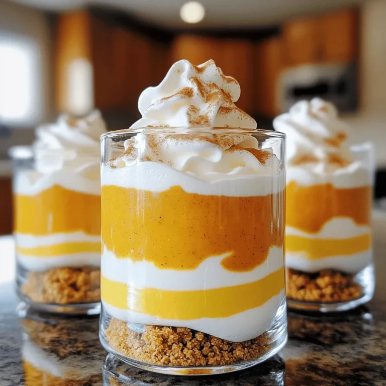 You will need a few key ingredients to make these parfaits. Here’s what you need: - 1 cup cream cheese, softened - 1 cup pumpkin puree (not pumpkin pie filling) - 1/2 cup powdered sugar - 1 teaspoon vanilla extract - 1 teaspoon ground cinnamon - 1/2 teaspoon ground nutmeg - 1/2 teaspoon ground ginger - 1 cup heavy cream - 1 cup graham cracker crumbs - 1/4 cup melted butter - Whipped cream and cinnamon for garnish These ingredients combine to create a rich and tasty pumpkin cheesecake mix. The cream cheese gives it a smooth texture, while the pumpkin adds a lovely flavor. You can make your parfaits even more special with some fun toppings. Here are some ideas: - Crushed nuts for crunch - Chocolate shavings for sweetness - Caramel drizzle for extra flavor - Fresh pumpkin seeds for a festive touch These add-ons can enhance the taste and look of your parfaits. You can choose what matches your style and taste. For the best results, always pick high-quality ingredients. Here are some tips: - Choose full-fat cream cheese for a rich texture. - Use pure pumpkin puree, not pie filling, for the best flavor. - Opt for fresh spices instead of old ones for a brighter taste. - Get heavy cream that is fresh for the best whipped cream. Using quality ingredients helps your parfaits taste fresh and delicious. It makes a big difference in your final dish. Start by taking your softened cream cheese. Place it in a mixing bowl. Beat it until it's smooth and creamy. Next, add the pumpkin puree to the bowl. Make sure it is pure pumpkin, not pie filling. Then, mix in the powdered sugar, vanilla extract, ground cinnamon, nutmeg, and ginger. Stir everything until it is fully combined and smooth. This mixture will be the heart of your parfait. In a clean bowl, pour in the heavy cream. Use a mixer to whip it until stiff peaks form. This means the cream will hold its shape well. Be gentle when folding the whipped cream into the pumpkin mixture. Use a spatula and mix slowly. You want to keep the air in the whipped cream for a light texture. This step makes the parfait fluffy and delicious. Take your serving glasses and grab a spoon. Start by adding a spoonful of the graham cracker mixture at the bottom. This will give a nice crunch. Next, layer in a spoonful of the pumpkin cheesecake mixture. Keep repeating these layers. Add graham cracker, then pumpkin, until your glasses are filled. End with a layer of pumpkin cheesecake. After that, place the parfaits in the fridge. Chill them for at least 2 to 4 hours. This helps the flavors meld together perfectly. Before you serve, top each parfait with whipped cream and a sprinkle of cinnamon. This adds a lovely touch to your treat! To get a smooth and creamy pumpkin cheesecake, start with room-temperature cream cheese. Cold cream cheese can lead to lumps. Beat the cream cheese well until it's silky. When you mix in the pumpkin puree, make sure it is smooth too. Fold in the whipped cream gently. This keeps the mixture airy and light. One common mistake is using pumpkin pie filling instead of pumpkin puree. They are not the same! The filling has added spices and sugar. This can change the taste of your parfaits. Another mistake is not letting the parfaits chill long enough. Chilling helps the flavors blend and firm up the texture. You can prepare these parfaits a day in advance. Just follow the recipe and layer the ingredients in glasses. Cover them tightly with plastic wrap and store them in the fridge. This way, they will be ready to serve when you need them. Just add the whipped cream and cinnamon right before serving for the best look. {{image_2}} You can change the flavors for your parfaits. Here are some ideas: - Chocolate Pumpkin: Add cocoa powder to the pumpkin mix. - Maple Pumpkin: Swap the powdered sugar for maple syrup. - Spiced Pumpkin: Mix in cardamom or allspice for more warmth. - Nutty Pumpkin: Stir in crushed pecans or walnuts for crunch. These variations make your dessert fun and unique. If you want a different crust, try these options: - Oreo Crust: Use crushed Oreo cookies instead of graham crackers. - Almond Crust: Blend almond flour with melted butter for a nutty taste. - Ginger Snap Crust: Use ginger snap cookies for a spicy twist. These crusts can add new tastes to your parfaits. Serve these parfaits in creative ways for any event: - Holiday Gatherings: Use festive glasses and garnish with holiday sprinkles. - Picnics: Pack them in mason jars for easy transport. - Dinner Parties: Layer in clear glasses for a fancy look. Adjust your serving style to fit any occasion. To store leftover parfaits, cover them tightly with plastic wrap or a lid. This keeps them fresh. Place them in the fridge. They can stay good for up to three days. Make sure to keep them chilled until you’re ready to enjoy them again. You can freeze the pumpkin cheesecake mixture if you have extras. Before freezing, place the mixture in an airtight container. Leave some space at the top for expansion. It can last in the freezer for up to two months. When you want to eat it, thaw it overnight in the fridge. Then mix it gently before serving. These parfaits are best within three days of making them. After that, they may lose their creamy texture. If you want to keep them longer, consider freezing. Always check for any off smells or changes in texture before eating. Enjoy your delicious treat fresh for the best flavor! No, you should not use pumpkin pie filling. Pumpkin pie filling has extra sugar and spices. This can change the taste of your parfaits. Always use pure pumpkin puree for the best flavor. The parfaits need to chill for at least 2-4 hours. This time helps the layers set well. Chilling also lets the flavors blend together, making each bite taste better. Yes, you can use low-fat cream cheese. It will still give a creamy texture. However, the taste might be a bit different. Full-fat cream cheese gives a richer flavor. You can use crushed cookies like Oreos or vanilla wafers. You can also use crushed nuts or oats for a gluten-free option. Just mix them with melted butter like the recipe says. In this blog post, we explored how to make no-bake pumpkin cheesecake parfaits. We discussed key ingredients and optional toppings that enhance flavor. You learned easy step-by-step instructions for mixing and assembling. We shared tips to ensure creamy texture and highlighted common mistakes to avoid. Variations and storage tips help you adapt this treat to any occasion. Enjoy making these parfaits! They’re simple, tasty, and perfect for any time.