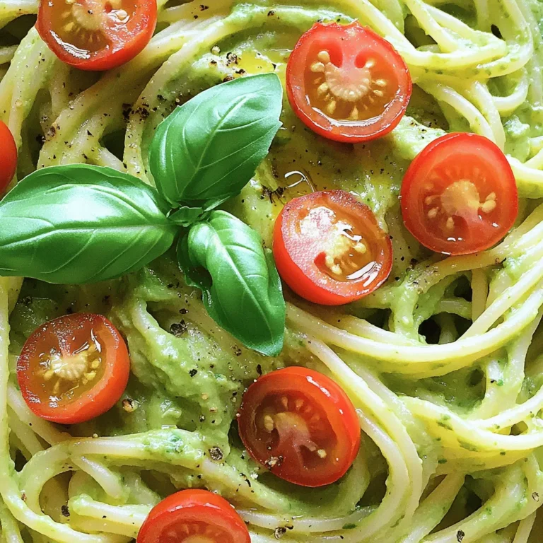 - 2 ripe avocados, pitted and peeled - 2 cloves garlic, minced - 2 tablespoons fresh lemon juice - 3 tablespoons olive oil - 1/4 cup fresh basil leaves - 1/4 teaspoon red pepper flakes (optional) - Salt and pepper to taste - 8 oz pasta (spaghetti or linguine recommended) - 1/4 cup cherry tomatoes, halved (for garnish) - Grated Parmesan cheese (optional) For this creamy avocado pasta, you need simple and fresh ingredients. Start with ripe avocados; they give a great texture. Garlic adds a nice kick, while lemon juice brightens the flavor. Olive oil helps blend everything smoothly. Fresh basil gives a lovely aroma. The red pepper flakes add a hint of heat but are optional. Use your choice of pasta; I like spaghetti or linguine. To finish, cherry tomatoes add color and a hint of sweetness. Grated Parmesan is a nice touch for extra flavor if you want it. Gather all these ingredients before you start cooking. This makes the process smooth and fun. To start, fill a large pot with water. Add a good amount of salt to the water. Bring the water to a boil over high heat. Once boiling, add 8 oz of your chosen pasta, like spaghetti or linguine. Cook the pasta according to the package instructions until it is al dente. This means the pasta should still have a slight bite to it. To check, taste a piece a minute or two before the time is up. When done, drain the pasta in a colander. Remember to save a little pasta water for later. This water will help adjust the sauce's thickness. Now, let's make the creamy avocado sauce. Take 2 ripe avocados, pit them, and peel them. Place the avocados in a food processor. Add 2 minced garlic cloves, 2 tablespoons of fresh lemon juice, and 3 tablespoons of olive oil. Toss in 1/4 cup of fresh basil leaves and 1/4 teaspoon of red pepper flakes if you like some heat. Blend everything until it is smooth and creamy. If the sauce is too thick, slowly add some of the reserved pasta water. Blend again until you reach your desired consistency. You want it to be thick but spreadable. In a large bowl, combine the drained pasta with the avocado sauce. Use tongs to toss everything together. Make sure the pasta is well coated in the creamy sauce. After mixing, taste a bit. Add salt and pepper as needed to make it perfect. Now, it’s time to plate! Serve the pasta in shallow bowls. Top it with halved cherry tomatoes for a pop of color. If you like, add some grated Parmesan cheese for extra flavor. Enjoy your delicious dish! To make your creamy avocado pasta even better, think about adding herbs and spices. Fresh herbs like cilantro or parsley can give your dish a bright taste. You may also try adding a pinch of garlic powder for extra depth. If you want some heat, red pepper flakes work well. Balancing creaminess and acidity is key. The lemon juice in the sauce helps cut through the richness of the avocado. If it tastes too creamy, add a little more lemon juice. A splash of pasta water can also help thin it out. When it comes to serving, how you plate your pasta matters. Use shallow bowls for a nice look. Twirl the pasta into a nest shape in the center. This adds height and makes it appealing. You can drizzle extra olive oil over the top for shine and flavor. Garnish with halved cherry tomatoes for color. Fresh basil leaves on top add a pop of green. If you enjoy cheese, sprinkle some grated Parmesan for a savory touch. This creamy avocado pasta is quick to make. Here’s a breakdown of the time needed: - Prep Time: 10 mins - Total Time: 20 mins - Servings: 2-3 You can have a delicious meal ready in just 20 minutes! {{image_2}} To make this dish vegan, swap the Parmesan cheese for a plant-based alternative. Nutritional yeast is a great choice. It adds a cheesy flavor without any dairy. You can also try adding cooked lentils or chickpeas for extra protein. These options keep the meal hearty and satisfying while staying true to vegan values. If you want a gluten-free meal, choose gluten-free pasta made from rice or corn. These options work well with the avocado sauce. When cooking gluten-free pasta, watch the time closely. It often cooks faster than regular pasta. Make sure to taste it to get the right texture. If you don’t have avocados, you can use blended cooked peas for a similar creaminess. Another option is to use silken tofu, which also gives a smooth texture. For the pasta, you can use zucchini noodles or spaghetti squash for a lighter dish. To change the flavor, try adding spinach, arugula, or even sun-dried tomatoes. Each adds a new twist to this easy and flavorful recipe. To keep your creamy avocado pasta fresh, store it in an airtight container. Glass or plastic containers work well. Make sure to cool the pasta before sealing it. This helps prevent condensation, which can make the pasta soggy. If you have leftover sauce, store it separately to keep its creamy texture. Freezing this avocado sauce is simple. First, blend the sauce as usual. Then, pour it into a freezer-safe bag, leaving some space for expansion. Flatten the bag to save space. To reheat, thaw it in the fridge overnight. Once thawed, gently warm it in a pan over low heat. Stir well to bring back its smooth consistency. In the fridge, your creamy avocado pasta lasts about 2-3 days. If you notice any changes in color or smell, it’s best to throw it away. Look for brown spots on the pasta or a sour scent, which means it has spoiled. Always trust your senses! To keep your avocado pasta green, use these tips: - Choose ripe avocados: Ripe avocados stay fresh longer. - Cover tightly: Store in an airtight container to limit air exposure. - Use lemon juice: The acid in lemon juice slows browning. Citrus juice works great! Add two tablespoons of fresh lemon juice to the sauce. This not only adds flavor but also keeps the avocado vibrant. Yes, you can prep this dish ahead of time. Here’s how: - Make the sauce: Blend the avocado sauce first. Store it in the fridge for up to a day. - Cook pasta: You can cook the pasta a day in advance too. When you are ready to serve, just heat the pasta and mix it with the avocado sauce. Add salt and pepper to taste. Creamy avocado pasta pairs well with several sides. Try these ideas: - Salads: A simple green salad or a fresh tomato salad works nicely. - Bread: Serve with crusty bread for a filling meal. For drinks, a light white wine like Pinot Grigio complements the dish well. If you prefer non-alcoholic, a sparkling lemon water is refreshing! This blog post showed you how to make creamy avocado pasta. We covered the key ingredients, step-by-step instructions, and helpful tips. You learned about variations, storage, and ways to prevent browning. In summary, this dish is easy and quick to prepare. Enjoy using fresh ingredients and customizing to your taste. It's perfect for any meal. Now, get cooking and savor every bite!