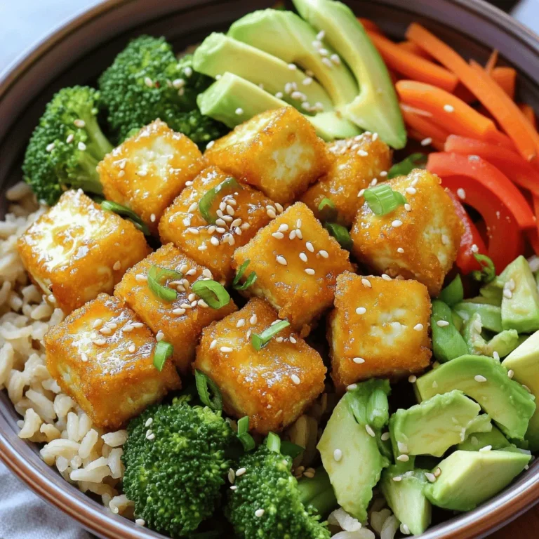 - 14 oz firm tofu, cubed - 3 tablespoons sesame oil - 2 cups cooked brown rice - 1 cup steamed broccoli florets - 1 carrot, julienned - 1 red bell pepper, sliced - 1 tablespoon soy sauce - 1 tablespoon rice vinegar - 1 avocado, sliced - 2 tablespoons sesame seeds - 2 green onions, chopped - Salt and pepper to taste Crispy sesame tofu bowls are packed with flavor and nutrition. The firm tofu holds up well and absorbs the tasty sesame oil and soy sauce. You want to choose high-quality ingredients. Fresh vegetables add crunch and color to your bowl. Brown rice serves as a filling base. The sesame oil gives a rich, nutty taste. It works great with the tofu, making it crispy. The brown rice adds fiber and keeps you full. Broccoli, carrots, and red bell pepper bring vitamins and a bit of sweetness. For seasoning, soy sauce adds umami flavor. Rice vinegar adds a nice tang to balance it out. Finally, the avocado and sesame seeds give extra creaminess and crunch. Each bite is a mix of textures and flavors that you will enjoy! Pressing and Cutting Tofu Start by pressing the tofu. Place it between two plates. Add a weight on top. Let it sit for 15 to 20 minutes. This removes extra moisture. Next, cut the tofu into nice, bite-sized cubes. Coating with Cornstarch In a medium bowl, add the tofu cubes. Sprinkle in 2 tablespoons of cornstarch. Toss the tofu until it's evenly coated. This makes the tofu crispy when cooked. Heating the Skillet Heat 2 tablespoons of sesame oil in a large non-stick skillet. Use medium-high heat. Wait until the oil shimmers to show it's ready. Achieving the Crispy Texture Add the tofu cubes to the hot skillet. Cook them for about 4 to 5 minutes on each side. The goal is a golden and crispy texture. Gently turn them with a spatula. Once crispy, pour in 1 tablespoon of soy sauce. Cook for another 1 to 2 minutes. This adds flavor to the tofu. Cooking Time for Vegetables In the same skillet, add 1 tablespoon of sesame oil. Now, toss in the broccoli florets, julienned carrot, and sliced red bell pepper. Stir-fry for about 4 to 5 minutes. You want them tender but still crisp. Adding Seasoning Season the vegetables with salt and pepper. In a small bowl, mix rice vinegar and a pinch of salt. Pour this over the veggies and toss them well to coat. Layering Ingredients To assemble the bowls, start with cooked brown rice as the base. Add a portion of crispy tofu on top. Then, layer the stir-fried vegetables over the tofu. Garnishing Finally, garnish your bowls with sliced avocado. Sprinkle sesame seeds and add chopped green onions for a fresh touch. Enjoy your beautiful and tasty meal! Tofu needs preparation for the best crispiness. Start by pressing it to remove moisture. This step is key. After pressing, cut the tofu into cubes. Toss these cubes with cornstarch to coat evenly. This coating helps create a crunchy outside. The ideal cooking temperature is medium-high heat. This heat allows the tofu to brown well without burning. Heat sesame oil in a non-stick skillet. Once hot, add the tofu cubes. Cook them for about 4-5 minutes on each side. Flip gently to keep them intact. Pair your crispy tofu with other sides for a full meal. Steamed edamame or a fresh salad work well. You can also serve with pickled veggies for a tangy kick. For bowl presentation, use colorful dishes. Arrange the ingredients artfully. Start with a base of brown rice. Then, add the crispy tofu and top with vibrant veggies. Garnish with avocado, sesame seeds, and green onions. This makes your meal look appealing and inviting. You can add protein variations to suit your taste. Try chickpeas, tempeh, or grilled chicken. These options keep the meal exciting. Incorporating different vegetables is also easy. Mix things up with snap peas, zucchini, or bell peppers. Feel free to use what you have on hand. This flexibility makes your crispy sesame tofu bowls fun and unique. {{image_2}} For a vegan twist, you can swap out soy sauce for tamari. This gluten-free option keeps the rich umami flavor. You can also replace sesame oil with olive oil or avocado oil for a light taste. Adjust the seasonings based on your palate. For sweetness, try adding maple syrup or coconut aminos. Use gluten-free soy sauce, like tamari, to make your bowls gluten-free. Brown rice is naturally gluten-free, but you can also use quinoa or cauliflower rice for a low-carb option. These alternatives add unique flavors and textures to your dish. Spices can elevate your dish. Consider adding garlic powder or ginger for a warm kick. Fresh herbs like cilantro or basil can brighten the bowl. You can also try different sauces, like peanut sauce or sriracha, for a bold change. Each option adds a new layer of flavor to your crispy sesame tofu bowls. You can store leftover crispy sesame tofu bowls in the fridge. Keep them in airtight containers. They stay fresh for about 3 to 4 days. Make sure to cool them down before sealing. To reheat, use the oven or stovetop. These methods keep the tofu crispy. If you use the microwave, the tofu may get soggy. Heat the bowls at 350°F for about 10-15 minutes in the oven. If using the stovetop, warm the tofu in a skillet over medium heat until hot. You can freeze the cooked tofu, but it changes texture. It becomes chewier. If you freeze the whole bowl, prepare for a softer dish. To freeze, place the tofu in a freezer bag and remove air. For thawing, leave it in the fridge overnight. You can reheat it directly from frozen, but it may lose some crispiness. To make tofu crispy, start by pressing it. Pressing helps remove excess moisture. This step is key. Slice the tofu into small cubes. Then, coat the cubes with cornstarch. Cornstarch creates a nice crunch when cooked. Heat sesame oil in a skillet over medium-high heat. Add the tofu cubes and cook until golden brown. Flip them gently for an even crisp. Yes, you can use other oils. Olive oil works well for cooking tofu. Canola oil is also a great choice. These oils have high smoke points and mild flavors. You may lose some sesame flavor, but the dish will still taste good. If you want alternatives to tofu, consider chickpeas or tempeh. Both options provide good protein. You can also use edamame for a different taste. Quinoa can add protein to the bowl too. Each option offers a unique flavor and texture. Absolutely, meal prepping is a smart choice! You can cook the tofu and vegetables ahead of time. Store them in airtight containers in the fridge. Cooked brown rice keeps well too. Assemble the bowls fresh when you’re ready to eat. This saves time and makes meals easy! This blog covered how to make delicious Crispy Sesame Tofu Bowls. We explored main ingredients like tofu, sesame oil, and brown rice, plus vegetables and seasonings that give flavor. I shared step-by-step instructions for preparing tofu and stir-frying veggies. We also discussed tips for crispiness and ways to customize your bowls. In closing, these bowls are great for any meal. Create different flavors, add your favorite veggies, or adjust every detail. Enjoy making this dish your own!
