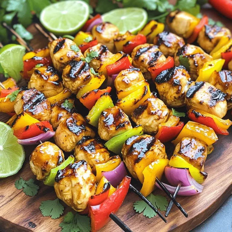 For these tasty kabobs, you will need: - 1 lb boneless, skinless chicken breasts, cut into 1-inch cubes - 1/4 cup honey - 2 tablespoons lime juice - 1 tablespoon lime zest - 2 tablespoons olive oil - 2 cloves garlic, minced - 1 teaspoon ground cumin - 1 teaspoon paprika - Salt and pepper to taste - 1 red bell pepper, cut into 1-inch pieces - 1 yellow bell pepper, cut into 1-inch pieces - 1 red onion, cut into wedges - Wooden skewers (soaked in water for 30 minutes if using) The chicken is the star of this dish. I prefer using boneless, skinless breasts for tenderness. Cut them into cubes for even cooking. The veggies add color and crunch. Red and yellow bell peppers bring sweetness. Red onion adds a nice bite. All these flavors work well with the honey lime marinade. When shopping, look for chicken that feels firm and has no smell. Fresh bell peppers should be bright and firm. Check for smooth skin and no spots. For the onion, pick ones that feel heavy. They should have no soft spots. Fresh ingredients make a big difference in taste. Always choose what looks and smells the best! To start, gather a medium bowl. Add 1/4 cup honey, 2 tablespoons lime juice, and 1 tablespoon lime zest. Next, pour in 2 tablespoons olive oil and toss in 2 cloves of minced garlic. Then, sprinkle in 1 teaspoon ground cumin and 1 teaspoon paprika. Finally, season with salt and pepper to taste. Mix everything well until it blends smoothly. This marinade will give your chicken a sweet and tangy flavor. Now, take your 1 pound of boneless, skinless chicken breasts. Cut them into 1-inch cubes. Place these cubes into the marinade you just made. Make sure each piece gets good coverage. Cover the bowl and put it in the fridge. Let the chicken marinate for at least 30 minutes. For even more flavor, you can marinate it for up to 2 hours. While your chicken marinates, prep your vegetables. Cut 1 red bell pepper, 1 yellow bell pepper, and 1 red onion into 1-inch pieces. Once your chicken is ready, take wooden skewers and soak them in water for about 30 minutes. This keeps them from burning on the grill. Now, start threading the marinated chicken and the vegetable pieces onto the skewers. Alternate between chicken and veggies for a colorful look. Preheat your grill to medium-high heat. When it’s hot, place the kabobs on the grill. Cook them for about 10 to 12 minutes. Turn the kabobs occasionally so they cook evenly. Use a meat thermometer to check the chicken. It should reach an internal temperature of 165°F (75°C). After grilling, let the kabobs rest for a few minutes. This helps keep them juicy and tasty. Enjoy your flavorful honey lime chicken kabobs! To grill perfect kabobs, preheat your grill to medium-high heat. This ensures even cooking and great grill marks. Soak wooden skewers in water for 30 minutes before using. This helps prevent burning. When threading the skewers, alternate chicken and vegetables. This mix adds flavor and color. Keep space between pieces for better heat flow. Use the marinade to boost flavor. Honey and lime create a sweet and tangy taste. The garlic adds depth, while cumin and paprika bring warmth. Marinade the chicken for at least 30 minutes. For more flavor, let it soak for up to 2 hours. You can also add herbs like cilantro or parsley for freshness. Always wash your hands before and after handling raw chicken. Use separate cutting boards for chicken and vegetables. This helps prevent cross-contamination. Cook chicken until it reaches 165°F (75°C). A meat thermometer takes the guesswork out of cooking. Let your kabobs rest for a few minutes after grilling. This keeps them juicy and safe to eat. {{image_2}} You can switch things up by using shrimp or tofu. Shrimp cooks fast and adds a nice touch. Just marinate it like chicken. Tofu, on the other hand, soaks up flavors well. Use firm tofu and press it first. Cut it into cubes and follow the same marinating steps. Both options will give you a tasty kabob. Feel free to mix in different veggies. Zucchini, mushrooms, and cherry tomatoes are great choices. Just cut them into similar sizes. You can also try adding pineapple for a sweet twist. The more colorful your kabobs, the more fun they look on the grill! If you like heat, spice it up! Add chili powder or hot sauce to your marinade. Sriracha or cayenne pepper work well too. Just start with a little and taste it. You can also include jalapeños on the skewers for extra kick. This adds bold flavors and keeps your taste buds excited! To store leftover kabobs, let them cool first. Place them in an airtight container. You can keep them in the fridge for up to three days. This keeps the flavors fresh and tasty. When you want to eat the kabobs again, reheating is easy. Use a microwave or an oven. For the microwave, heat for one to two minutes. If you use an oven, set it to 350°F (175°C). Heat for about ten minutes. Ensure they are warm throughout. This keeps them juicy and safe to eat. If you want to save kabobs for later, freezing works great. Wrap each kabob in plastic wrap. Then, place them in a freezer-safe bag. They can stay in the freezer for up to three months. When you are ready to eat them, thaw them in the fridge overnight. Then, reheat as needed. This way, you can enjoy your delicious kabobs anytime! You can serve these kabobs with many tasty sides. Fresh salad adds crunch and color. Fluffy rice pairs well with the sweet and tangy flavors. Grilled corn on the cob complements the meal nicely. You might also enjoy a zesty coleslaw for extra texture. Marinating chicken for at least 30 minutes works well. For a deeper flavor, marinate for up to 2 hours. The honey and lime mix gives the chicken a great taste. Just don’t go over two hours, as it can make the chicken too soft. Yes, you can make these kabobs in the oven! Preheat your oven to 400°F (200°C). Place the kabobs on a baking sheet lined with foil. Bake for about 15-20 minutes, turning halfway. Use a meat thermometer to check that the chicken is cooked through. Some great sides for kabobs include grilled vegetables, couscous, or a bright quinoa salad. You can also serve pita bread and hummus for a fun twist. Don’t forget to add a refreshing drink, like iced tea or lemonade, to complete the meal. In this guide, I covered how to make Honey Lime Chicken Kabobs. We explored the best ingredients, step-by-step instructions, cooking tips, and fun variations. I shared safe methods for grilling and storing leftovers. By using fresh ingredients and simple techniques, you can create tasty kabobs. Remember, these kabobs are easy to customize and perfect for any meal. Enjoy your cooking and delight in every bite!