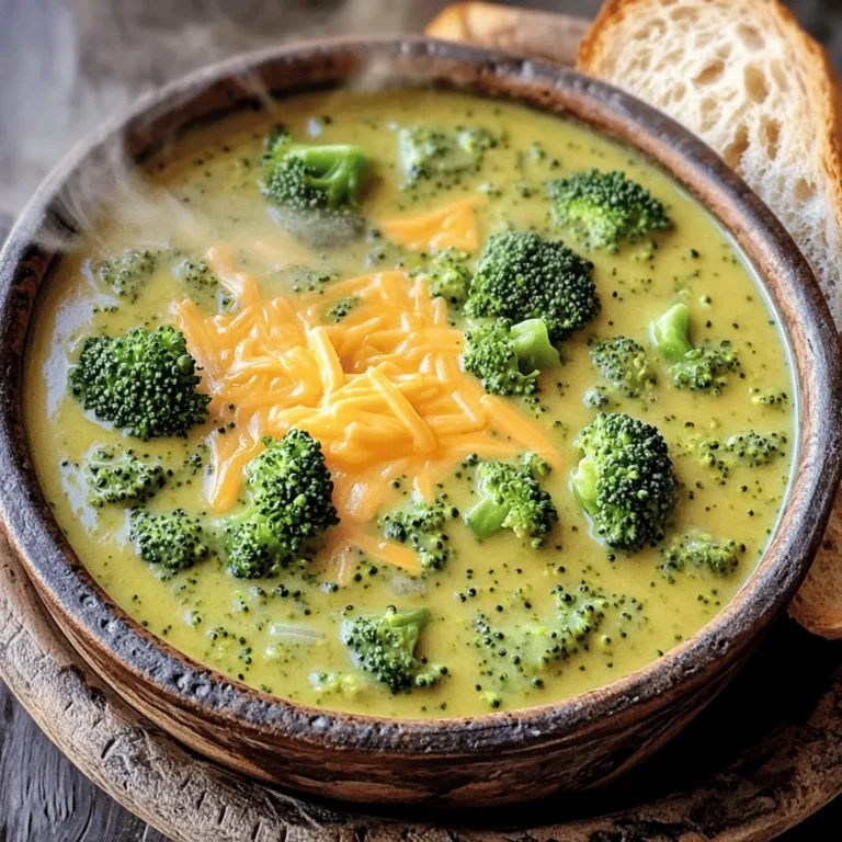 - 4 cups fresh broccoli florets - 1 medium onion, diced - 2 cloves garlic, minced - 4 cups vegetable broth - 1 cup heavy cream - 2 cups sharp cheddar cheese, grated The main stars of this soup are fresh broccoli and sharp cheddar cheese. Broccoli gives the soup a bright green color and a healthy boost. Sharp cheddar adds a wonderful cheesy flavor that makes this soup so comforting. Diced onion and minced garlic bring depth and warmth. Vegetable broth gives a nice base, while heavy cream adds richness. - 1 teaspoon mustard powder - 1/2 teaspoon paprika - Salt and pepper to taste - 2 tablespoons olive oil Seasonings make a big difference. Mustard powder adds a slight tang. Paprika gives a bit of warmth and color. Salt and pepper bring out all the flavors. Olive oil is great for sautéing, adding a light and fruity taste. - Crusty bread for serving - Extra cheese for garnish Crusty bread is perfect for dipping. It adds texture and is a great way to enjoy the soup. Adding extra cheese on top gives a rich finish. You can also use leftover broccoli florets for garnish, making your soup look even more appealing! First, let’s sauté the onions and garlic. In a large pot, heat 2 tablespoons of olive oil over medium heat. Add 1 medium diced onion. Cook it for about 5 minutes until it turns translucent. Next, stir in 2 minced garlic cloves. Cook for 1 more minute until you smell that lovely garlic aroma. Now it's time to add the broccoli and broth. Toss in 4 cups of fresh broccoli florets and pour in 4 cups of vegetable broth. Bring this mixture to a boil. Once boiling, reduce the heat and let it simmer for about 10 to 12 minutes. You want the broccoli to be tender but not mushy. After simmering, grab your immersion blender. Blend the soup until it’s nice and smooth. If you prefer some texture, blend only half of the soup. This way, you’ll have some broccoli pieces left for a bit of crunch. Now, we will incorporate the cream and cheese. Return the pot to low heat. Stir in 1 cup of heavy cream and 2 cups of grated sharp cheddar cheese. Add 1 teaspoon of mustard powder and 1/2 teaspoon of paprika for extra flavor. Keep stirring until the cheese melts, making the soup creamy and rich. Lastly, season to taste with salt and pepper. If you like it thicker, add more cream or broth. Make it just how you like it! Choosing the right type of cheddar is key. I recommend using sharp cheddar. It gives a rich and bold flavor. You can also mix in some mild cheddar for balance. Adding herbs or spices can elevate your soup. Consider thyme or basil for freshness. A pinch of cayenne pepper adds a nice kick. Adjust the thickness with broth or cream. If your soup is too thick, add more broth. For extra creaminess, pour in more heavy cream. If you want to thicken the soup, consider using cornstarch. Mix a tablespoon of cornstarch with water. Stir it into the soup while it simmers. Garnishing techniques make your soup look great. Sprinkle extra cheddar cheese on top. Add a few broccoli florets for color. Serving with sides can enhance the meal. Crusty bread pairs nicely with this soup. It’s perfect for dipping and adds texture. {{image_2}} To make this soup vegan or dairy-free, use coconut milk instead of heavy cream. Swap sharp cheddar with a plant-based cheese. This keeps the dish creamy and rich. For gluten-free needs, ensure the vegetable broth has no gluten. Most broths are safe, but check labels. You can add proteins like cooked chicken for a heartier soup. Simply shred the chicken and mix it in before serving. Adding other vegetables can boost flavor and nutrition. Carrots bring sweetness, while spinach adds vibrant color. Toss these in when you add the broccoli for a nice balance. To spice things up, add chopped peppers for a kick. Jalapeños or bell peppers work well. Experiment with different cheeses too. Gouda or Monterey Jack can change the taste. Mixing cheeses can create a unique flavor blend. Try different combinations to find your favorite! Your creamy broccoli cheddar soup will stay fresh in the fridge for about 4 to 5 days. Make sure to let it cool down to room temperature first. Then, transfer it to an airtight container. This will keep the soup from drying out and absorbing other odors. If you want to store the soup for longer, freezing is a great option. To freeze, let the soup cool completely. Pour it into freezer-safe bags or containers, leaving some space for expansion. Label them with the date. The soup can last up to 3 months in the freezer. When you’re ready to eat, take it out and thaw it overnight in the fridge. Reheating the soup can be simple. You can use the stove or microwave. For the stove, pour the soup into a pot. Heat it on low, stirring often. For the microwave, place it in a safe bowl and heat in short bursts, stirring in between. To keep the soup creamy, add a splash of milk or cream while reheating. This helps restore its rich texture. To thicken your soup, you can use cornstarch. Mix one tablespoon of cornstarch with two tablespoons of cold water. Stir this mixture into the soup while it simmers. This will help thicken it without changing the taste. Another option is to add more cheese. The cheese will melt and create a creamier texture. You can also mash some of the broccoli with a fork. This adds body and keeps the flavor intact. Yes, you can use frozen broccoli in this recipe. Frozen broccoli is often blanched before freezing, which helps it cook faster. Just add it to the pot in the same way as fresh broccoli. Keep an eye on the cooking time since frozen broccoli may need less time to soften. You may want to adjust the broth slightly to ensure the soup stays creamy. This soup pairs nicely with crusty bread. A slice of sourdough or a baguette works great for dipping. You can also serve it with a simple salad for a light meal. A side of roasted vegetables adds a nice touch too. If you want a heartier option, consider grilled cheese sandwiches. They complement the soup's creamy texture perfectly. This blog post covered how to make delicious creamy broccoli cheddar soup. We looked at key ingredients, including fresh broccoli, onions, garlic, and sharp cheddar. Then, I shared easy steps to prepare, blend, and finish the soup. We also discussed tips to enhance flavors and different variations. In closing, this soup is not just a meal; it's a warm hug in a bowl. Give it a try and enjoy every spoonful!