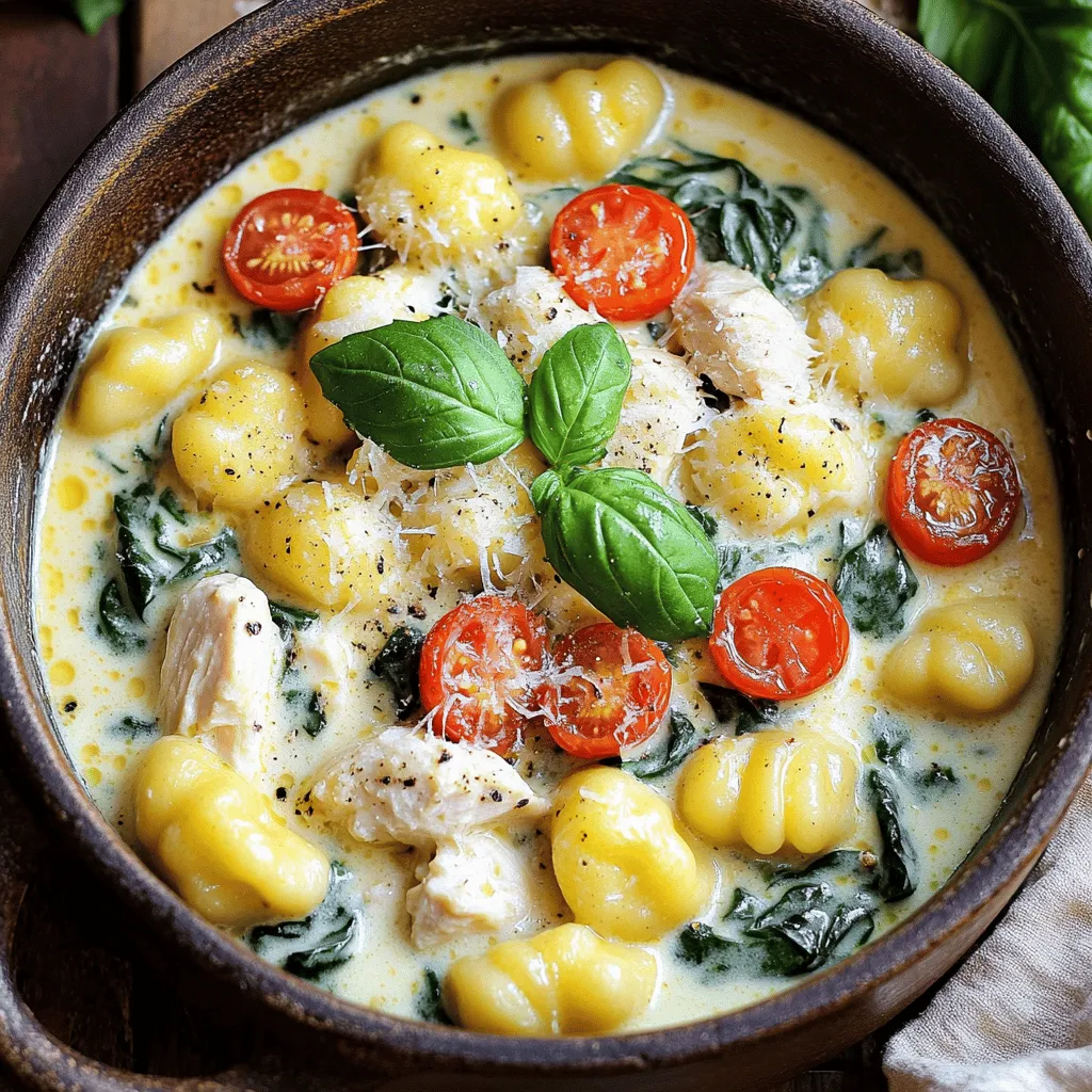 - Chicken Breast - Potato Gnocchi - Heavy Cream In this dish, I love using chicken breast. It cooks quickly and stays juicy. For the base, potato gnocchi adds a delightful texture. They are soft and soak up the creamy sauce. Heavy cream creates a rich and smooth flavor. This combination makes every bite satisfying. - Italian Seasoning - Fresh Basil - Salt and Pepper Seasonings elevate the dish. Italian seasoning gives it a warm, herbaceous taste. Fresh basil adds a bright touch at the end. Don’t forget salt and pepper to enhance all the flavors. These simple additions make a big difference. - Spinach - Cherry Tomatoes - Parmesan Cheese You can personalize this recipe with optional add-ins. Fresh spinach brings color and nutrition. Cherry tomatoes add a burst of sweetness. Parmesan cheese adds a savory note. Feel free to mix these in for extra flavor and texture! - Browning the Chicken: Start by heating 1 tablespoon of olive oil in a large pot over medium heat. Add 1 pound of diced chicken breast. Season it with salt and pepper. Cook the chicken for about 5 to 7 minutes. You want it browned and cooked through. Once done, remove the chicken from the pot and set it aside. - Seasoning Tips: For extra flavor, try using garlic powder or paprika with the salt and pepper. These spices boost the taste of the chicken and make it more delicious. - Sautéing Onions and Garlic: In the same pot, add 1 medium diced onion. Cook it for about 3 to 4 minutes until it turns translucent. Then, stir in 3 cloves of minced garlic. This should cook for an additional 1 to 2 minutes. When the garlic smells sweet, it’s ready. - Timing for Flavor Enhancement: Timing is crucial here. Adding garlic too early can burn it, making the dish bitter. Always wait until the onions soften first. - Incorporating Chicken Broth and Cream: Pour in 1 cup of chicken broth and bring it to a gentle simmer. Then, add in 1 cup of heavy cream. Stir the mixture well to combine. This creamy base adds richness to the dish. - Bringing Gnocchi Into the Mix: Carefully add 1 pound of potato gnocchi into the pot. Cook according to the package instructions, usually 2 to 3 minutes. Look for the gnocchi to float to the top; that means they are done! Afterward, stir in the cooked chicken, 2 cups of fresh spinach, and 1 cup of halved cherry tomatoes. Add 1 teaspoon of Italian seasoning for that extra kick. Cook for another 2 to 3 minutes until the spinach wilts and everything heats through. How to Know When Gnocchi Is Cooked You’ll know gnocchi is cooked when they float. This usually takes about 2-3 minutes. Once they rise, they are light and fluffy. Avoiding Overcooked Gnocchi Overcooked gnocchi can become mushy. To avoid this, set a timer. Check for doneness as soon as they start to float. Remove them right away. Additional Seasoning Tips To boost flavors, add more Italian seasoning or fresh herbs. A pinch of red pepper flakes can add heat. Taste your dish often to find the right balance. Cheese Variations While Parmesan is great, try other cheeses too! Pecorino Romano adds a salty kick. A blend of mozzarella and cheddar gives a creamy texture. How to Save Time in Preparation Dice your chicken and chop veggies ahead of time. Store everything in the fridge. This way, you can cook quickly on busy nights. Best Practices for Efficient Cooking Use a large pot to cook everything at once. This saves time on washing dishes later. Always keep your ingredients close. It makes cooking easier and faster. {{image_2}} You can switch the chicken for shrimp or tofu. Shrimp cooks fast, so add it near the end. Tofu gives a nice texture. Be sure to press the tofu to remove excess water. This helps it absorb flavors well. Adjust cooking times based on your choice. Shrimp needs only a few minutes. Tofu may take a bit longer to brown. If you want a dairy-free meal, use non-dairy cream options. Coconut cream works great for a rich taste. Almond or soy milk can also work but may need added thickness. For cheese, try nutritional yeast or dairy-free cheese. They melt well and add flavor. You can boost nutrition by adding mushrooms or bell peppers. Sauté them with onions for extra flavor. Seasonal veggies like zucchini or asparagus can add variety. Just chop them small so they cook quickly. Mixing in vegetables keeps the dish fresh and colorful. To store leftovers, let the dish cool first. Place it in an airtight container. This method helps keep it fresh. You can also use glass containers, which are great for storage. Store in the fridge for up to three days. For longer life, freeze the creamy chicken gnocchi. First, let it cool fully. Then, transfer it to a freezer-safe bag. Remove as much air as possible before sealing. This helps prevent freezer burn. You can freeze it for up to three months. When you're ready to eat, thaw it in the fridge overnight. Reheat it on the stove over low heat. Stir often to keep it creamy. You can add a splash of chicken broth or cream if it thickens too much. This dish can last in the fridge for about three days. If frozen, it can last for three months. Check for signs of spoilage before eating. Bad smells, changes in color, or mold are signs to toss it out. Always trust your senses to ensure safety. Side Dish Suggestions This dish is creamy and filling. To balance it, serve with simple sides. Here are some great options: - Garlic bread for a crunchy texture. - Roasted vegetables for a healthy touch. - A light pasta salad for freshness. Salad Pairings A salad adds brightness. Here are some tasty ideas: - A simple green salad with vinaigrette. - Caesar salad with crunchy croutons. - Caprese salad with fresh tomatoes and mozzarella. Make-Ahead Instructions Yes, you can prepare this dish early. Cook the chicken and sauce but keep the gnocchi separate. Store them in the fridge. Combine them just before serving. Reheating Tips To reheat, warm it gently on low heat. Stir often. Add a splash of cream or broth if it seems dry. Alternative Pasta Options If you can’t find gnocchi, don’t worry! Here are some good swaps: - Use small pasta like orzo or ditalini. - Try tortellini for a fun twist. - Use cooked rice for a different texture. Adjusting Cooking Times Cooking times may vary. Check the package instructions. Make sure to stir often to prevent sticking. Cook until the pasta is soft or the rice is heated through. In this article, we explored how to create a delicious one-pot creamy chicken gnocchi. You learned about the main ingredients like chicken breast and potato gnocchi. We discussed tips for cooking the chicken and enhancing flavors with seasonings. I also shared variations and storage tips to help you keep your meal fresh. Final thoughts: This dish is easy to adapt and fun to make. Enjoy experimenting with flavors!
