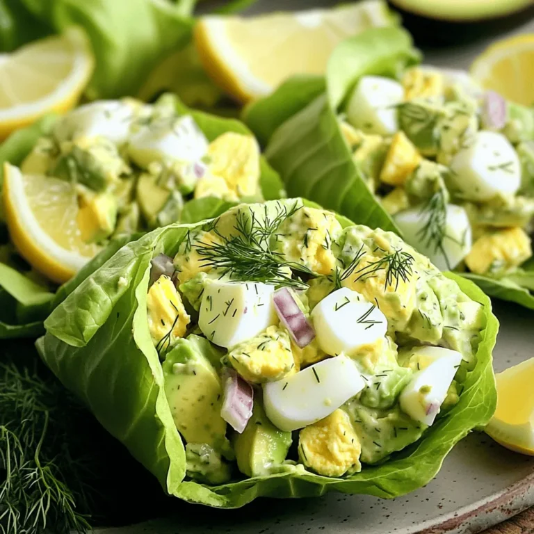 To make Avocado Egg Salad Lettuce Wraps, you need these key ingredients: - 4 hard-boiled eggs, peeled and chopped - 1 ripe avocado, mashed - 2 tablespoons Greek yogurt (or mayonnaise) - 1 tablespoon Dijon mustard - 1 tablespoon fresh lemon juice - 2 tablespoons red onion, finely diced - 1 tablespoon fresh dill, chopped (or parsley) - Salt and pepper to taste - 1 head of Romaine or Butter lettuce, leaves separated These ingredients blend well to create a creamy, flavorful filling. You can add your touch to this recipe. Here are some optional ingredients: - Chopped celery for a crunch - Sriracha for a spicy kick - Chopped olives for a briny flavor - Sun-dried tomatoes for a sweet twist Feel free to mix and match to suit your taste! Each ingredient offers unique health benefits: - Eggs: High in protein and vitamins, they help build muscles. - Avocado: Packed with healthy fats, it supports heart health. - Greek Yogurt: A great source of probiotics, it aids digestion. - Lemon Juice: Rich in vitamin C, it boosts your immune system. - Dill: Full of antioxidants, it promotes overall health. These ingredients not only taste great but also nourish your body. First, gather your ingredients. You need four hard-boiled eggs, one ripe avocado, and two tablespoons of Greek yogurt. You also need one tablespoon of Dijon mustard and fresh lemon juice. Don't forget the red onion, fresh dill, salt, and pepper. Lastly, grab a head of Romaine or Butter lettuce. Wash the lettuce and separate the leaves. In a large mixing bowl, add the chopped hard-boiled eggs. Next, add the mashed avocado. Use a fork to mix them gently. You want some egg chunks to stay intact. Then, add the Greek yogurt, Dijon mustard, and lemon juice. Stir until everything is well combined. Finally, add the diced red onion and the fresh dill. Mix again, making sure all the flavors blend. Now it's time to make the wraps! Take a lettuce leaf and place it on a flat surface. Spoon a good amount of the avocado egg salad into the center of the leaf. Wrap the leaf around the filling like a taco. Press gently to hold it all together. Repeat this process with the other leaves and filling. Arrange the wraps on a platter and garnish with extra dill or parsley. Serve with lemon wedges for a fresh touch. Enjoy your healthy meal! To get the best texture, chop your eggs well. You want some chunks, not mush. Mixing the eggs with the avocado helps keep it creamy but still chunky. This mix gives a nice bite. Avoid over-mixing to keep the eggs from turning too soft. The goal is a smooth blend with a bit of crunch. For a tasty kick, add lemon juice right after mashing the avocado. It keeps the color bright. Don’t skip the Dijon mustard; it adds depth. Fresh herbs like dill or parsley boost the flavor, too. If you like spice, consider adding a pinch of cayenne pepper. Always taste and adjust salt and pepper to your liking. Arrange the lettuce wraps on a nice platter. Garnish with extra dill or parsley on top. For a pop of color, add lemon wedges around the wraps. This makes the dish look fresh and inviting. It’s all about making it appealing for your guests. Use different shapes of lettuce for variety, too. {{image_2}} You can easily change the flavors in your avocado egg salad. Here are some fun swaps: - Greek yogurt: Try sour cream for a tangy twist. - Dijon mustard: Use yellow mustard for a milder taste. - Fresh herbs: Swap dill for chives or cilantro for a new flavor. - Spices: Add paprika or cayenne for a kick. These swaps keep the dish fresh and exciting. You can mix and match based on your taste. Lettuce wraps are great for holding your egg salad. Here are some tasty options: - Romaine: Crunchy and sturdy, perfect for filling. - Butter lettuce: Soft and smooth, easy to wrap. - Iceberg: Crisp and refreshing, great for a classic feel. - Collard greens: A strong choice for a hearty wrap. Choosing the right lettuce can change the whole experience. Each type adds its own texture and flavor. You can make this dish fit different diets. Here are some ideas: - Vegan: Replace eggs with chickpeas. Mash them with avocado and yogurt. - Low-Carb: Skip the yogurt and use more avocado. This keeps the salad creamy. - Gluten-Free: Use any of the lettuce options as wraps. These changes ensure everyone can enjoy this meal. You can cater to your guests’ needs easily. To keep your avocado egg salad fresh, store it in an airtight container. This helps prevent air from drying it out. Make sure the container is clean and dry. I recommend using a glass container for easy cleanup. If you have extra lettuce leaves, keep them separate. This way, they stay crisp and fresh. Your avocado egg salad will last about 3 to 4 days in the fridge. Be sure to check for any changes in smell or color before eating. If it looks or smells off, it’s best to toss it. Use clear labels to mark when you made it. This helps you keep track of freshness. I don’t recommend freezing avocado egg salad. Avocado can become brown and mushy when frozen. If you want to meal prep, store the salad in the fridge. You can prepare the eggs and mash the avocado ahead of time. Keep the dressing separate until you are ready to eat. This keeps everything fresh and tasty. Yes, you can use other greens. Try spinach, kale, or collard greens. These options add unique flavors. They also provide different textures. Just make sure they are large enough to hold the filling. To prepare this salad ahead of time, you can store the egg salad separately. Keep it in an airtight container in the fridge. You can wrap the lettuce leaves in a damp paper towel. This will keep them fresh. When you're ready to eat, assemble the wraps. To boost protein, try adding cooked chicken or turkey. You could also add chickpeas or tofu for a veggie option. Nuts like walnuts or almonds add crunch and protein too. Just be mindful of the flavors you combine. Avocado egg salad lettuce wraps combine fresh flavors and healthy ingredients. We covered key ingredients, preparation steps, and tips to enhance texture and taste. I shared tips for storing leftovers and even suggested variations for dietary needs. This dish is simple, fun, and perfect for any meal. With options for everyone, you can enjoy a tasty bite while staying healthy. Give it a try, and you’ll find your new favorite recipe!