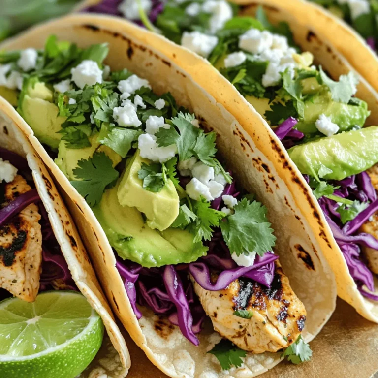 To make these tasty tacos, you need: - 1 lb boneless, skinless chicken breasts - 1/4 cup fresh lime juice (about 2-3 limes) - 1/4 cup fresh cilantro, chopped (plus extra for garnish) - 2 tablespoons olive oil - 2 cloves garlic, minced - 1 teaspoon cumin - 1 teaspoon chili powder - 1/2 teaspoon smoked paprika - Salt and pepper to taste - 8 small corn tortillas - 1 cup shredded red cabbage - 1 avocado, sliced These ingredients come together to create a fresh and zesty flavor. Want to kick up the taste? Here are some optional items: - 1/2 cup crumbled queso fresco - Lime wedges for serving Adding queso fresco gives creaminess. Lime wedges add brightness when squeezed on top. Top your tacos for extra crunch and flavor. Consider these: - Additional chopped cilantro - Shredded lettuce - Sliced jalapeños for heat - Salsa or pico de gallo These toppings make your tacos even more delightful and colorful! Start by making a zesty marinade. In a bowl, mix 1/4 cup lime juice, 1/4 cup chopped cilantro, 2 tablespoons olive oil, and 2 cloves minced garlic. Add 1 teaspoon cumin, 1 teaspoon chili powder, and 1/2 teaspoon smoked paprika. Don’t forget salt and pepper to taste! Next, add 1 pound of boneless, skinless chicken breasts to the bowl. Make sure each piece gets covered in the marinade. Cover the bowl and put it in the fridge. Let it marinate for at least 30 minutes. For more flavor, try to marinate it for 1-2 hours. Time to cook the chicken! You can either grill it or use a skillet. First, preheat your grill or skillet over medium-high heat. Take the chicken out of the marinade. Let the excess marinade drip off. If grilling, place the chicken on the grill. Cook for about 6-7 minutes on each side. Use a meat thermometer to check for doneness; it should reach 165°F. If using a skillet, follow the same cooking time. After cooking, let the chicken rest for 5 minutes. This helps keep it juicy. Now it’s taco time! Slice the chicken into thin strips. While the chicken rests, warm up 8 small corn tortillas. You can do this on the grill or in a dry skillet. Heat them for about 1-2 minutes on each side until they are soft. To assemble, lay a few chicken slices on each tortilla. Top with shredded red cabbage and sliced avocado. If you like, sprinkle some crumbled queso fresco on top. Don’t forget to add extra cilantro for garnish! Serve your tacos with lime wedges on the side for a fresh squeeze. Enjoy this bright and flavorful meal! A great marinade makes all the difference. For Cilantro Lime Chicken Tacos, use fresh ingredients. Combine lime juice, chopped cilantro, olive oil, minced garlic, cumin, chili powder, smoked paprika, salt, and pepper in a bowl. Whisk until mixed well. This mix gives the chicken flavor and moisture. Marinade your chicken for at least 30 minutes. For the best taste, try 1-2 hours. The longer it sits, the more flavor it absorbs. To cook juicy chicken, preheat your grill or skillet. Aim for medium-high heat. When ready, remove the chicken from the marinade. Let excess liquid drip off. Cook the chicken for about 6-7 minutes per side. Use a meat thermometer to check the internal temperature. It should reach 165°F. Once cooked, let the chicken rest for 5 minutes. This step keeps it juicy. After resting, slice the chicken into thin strips for easy taco assembly. As you assemble your tacos, warm the corn tortillas. You can do this on the grill or in a dry skillet. Warm them for 1-2 minutes on each side. This makes them soft and easy to fold. Lay a few slices of chicken on each tortilla. Top with shredded red cabbage and sliced avocado. If you like, sprinkle crumbled queso fresco on top. Finally, add a few extra cilantro leaves for color and flavor. Serve with lime wedges on the side for a zesty kick. {{image_2}} You can switch out chicken for other meats or proteins. Try using shrimp or fish for a fresh twist. They work well with the cilantro and lime flavors. Ground turkey or beef also makes tasty tacos. Just adjust the cooking time for these options. Each protein adds its own unique taste and texture. For a vegetarian option, use black beans or lentils. They are protein-rich and filling. Season them with lime juice and spices for great flavor. If you prefer a vegan taco, use grilled portobello mushrooms. They have a meaty texture. Top with your favorite fresh veggies, like bell peppers or corn. If you want a low-carb option, use spinach or lettuce leaves. They work great as taco shells. Just fill them with the marinated chicken or your choice of filling. This keeps the meal light and fresh. You still get all the bright flavors without the tortillas. You can store leftover chicken in an airtight container. This keeps it fresh. Make sure it cools down first. It will last in the fridge for about 3 to 4 days. If you want to keep it longer, freeze it. Wrap it tightly in plastic wrap or foil. Frozen chicken stays good for up to 3 months. When you’re ready to eat, just thaw it in the fridge overnight. I recommend storing assembled tacos separately for the best taste. If you store them together, the tortillas get soggy. Place leftover filling in a container. Store any toppings like cabbage and avocado in separate bags. You can keep these in the fridge for 1 to 2 days. When you’re ready to eat, just reassemble your tacos. To reheat chicken, use the oven or a skillet. Preheat the oven to 350°F. Place the chicken on a baking sheet. Heat for about 10-15 minutes. In a skillet, warm the chicken over medium heat for about 5 minutes. For tortillas, warm them in a dry skillet for 1-2 minutes on each side. This keeps them soft and tasty. Enjoy your tacos just like they were fresh! You can marinate the chicken for at least 30 minutes. For the best taste, aim for 1 to 2 hours. This time allows the flavors to soak in deeply. If you marinate overnight, the chicken will be extra flavorful. Just be careful not to go over 24 hours. The acid in lime juice can make the chicken mushy. Yes, you can prepare different parts ahead of time. You can marinate the chicken early in the day and cook it later. The chicken stays tasty and juicy. You can also warm the tortillas in advance. Just store them in a clean towel to keep them warm. However, I suggest assembling tacos just before you eat. This keeps the tortillas fresh and crispy. These tacos pair well with several sides. Here are some tasty options: - Mexican rice - Black beans - Corn salad - Grilled vegetables - Fresh guacamole Each side adds a fun flavor to your meal and makes it even more satisfying. Enjoy mixing and matching! Cilantro lime chicken tacos are fun and easy to make. We covered key ingredients, from marinades to toppings. I shared tips to ensure juicy chicken and tasty tacos. You learned about variations like vegetarian options and how to store leftovers. In closing, these tacos can fit any meal. Experiment with flavors and enjoy the process. You can create a dish that delights everyone. Try these recipes today and make them your own!