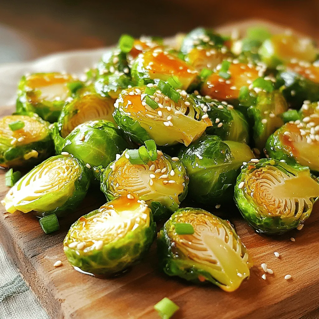 - 1 lb Brussels sprouts, trimmed and halved - 3 tablespoons olive oil - 2 tablespoons honey - 1 tablespoon Sriracha sauce - 1 tablespoon soy sauce - 1 teaspoon garlic powder - Salt and pepper to taste - Sesame seeds (for garnish) - Chopped green onions (for garnish) The key to great Honey Sriracha Brussels sprouts starts with fresh ingredients. I love using 1 pound of Brussels sprouts, trimmed and halved. This helps them cook evenly. Next, you'll need 3 tablespoons of olive oil. This oil gives the sprouts a nice crisp. For the sweet and spicy kick, grab 2 tablespoons of honey and 1 tablespoon of Sriracha sauce. You can adjust the Sriracha based on how spicy you like it. Add 1 tablespoon of soy sauce for depth of flavor. Now, let’s season these sprouts. You’ll want 1 teaspoon of garlic powder for that aromatic touch. Don’t forget salt and pepper to taste. Finally, for garnish, I sprinkle sesame seeds and chopped green onions on top. This adds a lovely crunch and color. These ingredients come together for a tasty roasted delight that’s hard to resist! - Preheat your oven to 400°F (200°C). - Trim the stem of each Brussels sprout and cut them in half. - In a small bowl, whisk together the honey, Sriracha, soy sauce, garlic powder, salt, and pepper. Mix it until it is smooth and well-combined. - In a large bowl, toss the halved Brussels sprouts with the olive oil. Make sure they are well-coated. - Pour the honey Sriracha mixture over the Brussels sprouts and toss again to coat evenly. - Spread the Brussels sprouts on a baking sheet lined with parchment paper in a single layer. - Roast them in the preheated oven for 20-25 minutes. Stir halfway through to help them cook evenly and get crispy. - When they turn golden brown and caramelized, take them out of the oven. - Let them cool for a few minutes before serving. - Garnish with sesame seeds and chopped green onions. Enjoy your tasty roasted delight! To ensure even cooking, make sure to spread the Brussels sprouts in a single layer. This helps them roast evenly. Stir them halfway through cooking for extra crispiness. If you want to adjust the spice level of Sriracha, start with less. You can add more after tasting. This way, you control the heat. If you want it milder, mix in a bit more honey. For ideal side dishes, pair these Brussels sprouts with rice or quinoa. They also go well with grilled chicken or fish. For meal prep or parties, serve these sprouts on a big platter. You can also pack them in lunch boxes. Just remember to add the sesame seeds and green onions before serving to keep them fresh. {{image_2}} You can switch up the sauces for this dish. Teriyaki sauce adds a sweet touch. Chili garlic sauce brings more heat. Both work well with Brussels sprouts. You can also swap Brussels sprouts with other veggies. Try cauliflower, broccoli, or carrots. They cook well and soak up the sauce. Each choice gives a new flavor twist. This recipe is great for various diets. For vegetarians and vegans, use maple syrup instead of honey. It keeps the sweetness without using animal products. For gluten-free options, choose a gluten-free soy sauce. Many brands offer this now. It lets everyone enjoy this tasty dish without worry. To keep your Honey Sriracha Brussels sprouts fresh, follow these steps. First, let them cool completely after cooking. This helps avoid steam buildup in the container. Next, place the Brussels sprouts in an airtight container. You can use glass or plastic; both work well. Store them in the fridge for up to four days. If you want to keep them longer, consider freezing them. Just note that freezing may change their texture. When it’s time to enjoy your leftovers, you want them crispy. The best way to reheat Brussels sprouts is in the oven. Preheat your oven to 350°F (175°C). Spread the sprouts in a single layer on a baking sheet. Heat them for about 10-15 minutes. This will help restore their crunch. You can also use an air fryer for a quicker option. Set it to 350°F (175°C) and heat for about 5-7 minutes. Enjoy them hot and crispy! Can I make this recipe ahead of time? Yes, you can prepare the Brussels sprouts ahead of time. You can wash and cut them, then store them in the fridge. Keep the sauce separate until you are ready to cook. This way, the sprouts stay fresh and crisp. How long do Brussels sprouts last in the fridge? Fresh Brussels sprouts can last about 3 to 5 days in the fridge. Store them in a plastic bag or a container with a lid. Make sure they remain dry to avoid spoilage. Can I use frozen Brussels sprouts for this recipe? You can use frozen Brussels sprouts, but they may not be as crispy. Thaw them first and pat them dry. Follow the same cooking steps, but watch the roasting time. Adjust it as needed for even cooking. In this blog post, we explored how to make delicious Honey Sriracha Brussels sprouts. We covered the main ingredients, preparation steps, and tips for the best results. I shared ways to vary the recipe and how to store leftovers. Remember, you can swap sauces or use other veggies. This dish is easy, tasty, and great for any meal. Enjoy cooking and impressing your friends with this dish! Stay creative and make it your own!