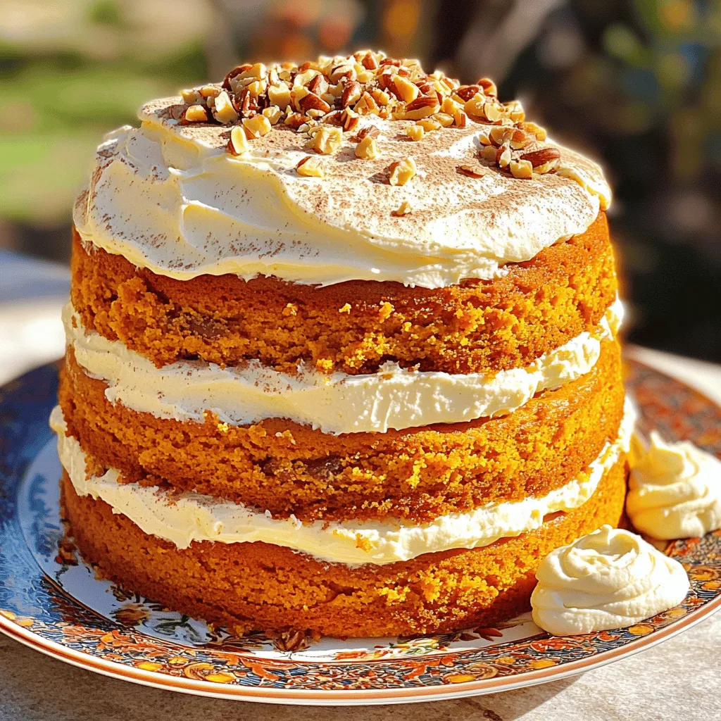 - 2 cups all-purpose flour - 2 teaspoons baking powder - 1 teaspoon baking soda - 1 teaspoon ground cinnamon - 1 teaspoon ground nutmeg - ½ teaspoon ground ginger - ½ teaspoon salt - 1 cup granulated sugar - ½ cup brown sugar, packed - 1 cup vegetable oil - 4 large eggs - 1 ½ cups pumpkin puree - 1 teaspoon vanilla extract - 8 oz cream cheese, softened - ½ cup powdered sugar - 1 teaspoon vanilla extract (for frosting) - ½ cup heavy cream (for frosting) To create this yummy Pumpkin Cream Cheese Layer Cake, let’s start with the ingredients. First, we have our dry ingredients. We need all-purpose flour, baking powder, baking soda, cinnamon, nutmeg, ginger, and salt. Each of these adds flavor and helps the cake rise. Next, let’s look at the wet ingredients. We have granulated sugar and brown sugar to sweeten our cake. The vegetable oil keeps it moist, and the eggs bind everything together. Pumpkin puree gives it that rich, fall flavor, while vanilla extract adds a hint of sweetness. For the frosting, we need cream cheese, powdered sugar, and a touch of vanilla for flavor. The heavy cream helps make the frosting light and fluffy. When we mix all these ingredients right, we create a layered cake that is not only tasty but also looks beautiful on the plate. Gather these ingredients and enjoy the process of baking. Each one plays a key role in making your dessert a delight! 1. Preheat your oven to 350°F (175°C). Grease and flour two 9-inch round cake pans. 2. In a medium bowl, whisk together the dry ingredients: flour, baking powder, baking soda, cinnamon, nutmeg, ginger, and salt. Set this bowl aside. 3. In a large bowl, mix the wet ingredients: granulated sugar, brown sugar, and vegetable oil. Beat until well combined. 4. Add the eggs one by one, mixing well after each addition. Then, stir in pumpkin puree and vanilla extract until the mix is smooth. 5. Gradually add the flour mix into the pumpkin mix. Stir until just combined; avoid overmixing. 6. Divide the batter evenly between the prepared pans. Bake for 25 to 30 minutes. A toothpick should come out clean when inserted into the center. 7. Let the cakes cool in the pans for 10 minutes. Then, transfer them to wire racks to cool completely. 8. While the cakes cool, prepare the cream cheese frosting. In a medium bowl, beat the softened cream cheese until it is smooth. 9. Gradually add powdered sugar and vanilla extract. Mix until well combined. 10. In another bowl, whip the heavy cream until soft peaks form. Gently fold this into the cream cheese mix until blended. 11. Once the cakes are fully cooled, place one layer on a serving plate. Spread a generous amount of cream cheese frosting on top. 12. Add the second cake layer on top of the frosted layer. Spread more frosting on top and around the sides of the cake. 13. For decoration, sprinkle pumpkin spice, chopped nuts, or a dash of cinnamon on top if you wish. For a lovely presentation, slice the cake and serve on decorative plates. Add a dollop of extra frosting on the side and garnish with a small piece of pumpkin and a light sprinkle of cinnamon. Enjoy this delightful treat! To ensure even baking, follow these steps: - Oven Temperature: Always preheat your oven to 350°F (175°C). This helps the cake rise nicely. - Pan Preparation: Grease and flour your cake pans well. This stops the cake from sticking. - Check for Doneness: Use a toothpick to test the center. If it comes out clean, your cake is ready. For measuring ingredients, use these tools: - Dry Measuring Cups: Use them for flour and sugar. Fill to the top and level off. - Liquid Measuring Cups: Use them for oil and pumpkin puree. Look at the meniscus for accuracy. - Kitchen Scale: Weighing ingredients gives the best results, especially for baking. To achieve the perfect cream cheese frosting, try these tips: - Softened Cream Cheese: Make sure your cream cheese is at room temperature. This helps it blend smoothly. - Gradual Sugar Addition: Add powdered sugar little by little. This prevents lumps in your frosting. - Whipped Cream: Fold in whipped cream gently. This keeps the frosting light and fluffy. Avoid common frosting mistakes: - Overmixing: Mix just until combined. Overmixing can make the frosting runny. - Too Much Sugar: If your frosting is too sweet, add a pinch of salt. This balances the flavors. For slicing and serving the cake: - Use a Sharp Knife: A sharp knife gives clean slices. Dip it in warm water for best results. - Chill the Cake: If the cake is too soft, chill it for 30 minutes. This makes slicing easier. For garnishing ideas: - Pumpkin Spice: Sprinkle some pumpkin spice on top for extra flavor. - Chopped Nuts: Add some chopped nuts for texture. Walnuts or pecans work well. - Cinnamon Sprinkle: A light sprinkle of cinnamon adds a nice touch. It looks pretty and tastes great! {{image_2}} You can take this cake to the next level by adding chocolate or caramel. Just swirl some melted chocolate or drizzle caramel on top of the cream cheese frosting. It adds a rich taste that pairs well with the pumpkin flavor. You can also try different spices. Adding cardamom or allspice gives a unique twist to the classic taste. If you need a gluten-free option, swap all-purpose flour for a gluten-free blend. Make sure it has a good balance of flours. For a vegan version, use a plant-based oil and replace eggs with flax eggs or applesauce. You can also make the frosting vegan by using a vegan cream cheese alternative. For holiday-themed additions, consider adding cranberries or pecans. They not only enhance the flavor but also add a festive look. You can even use seasonal fruits like apples or pears. Chopped nuts also bring a nice crunch and flavor to each slice. Store leftover cake in the fridge. Wrap each piece in plastic wrap. This keeps the cake fresh. Place the wrapped cake in an airtight container. It will stay good for about five days. To extend shelf life, avoid cutting the cake until ready to serve. Keeping it whole helps keep moisture in. You can freeze the cake layers before frosting. Let the layers cool completely first. Wrap each layer in plastic wrap and then foil. This protects them from freezer burn. They can last up to three months in the freezer. To thaw, place the layers in the fridge overnight. This helps them stay moist and tasty. Once thawed, frost as usual and enjoy! To make the cake more moist, add an extra egg or use buttermilk. You can also try adding a bit more pumpkin puree. This gives the cake extra moisture and flavor. Remember, do not overmix your batter. This can make the cake dry. Yes, you can use applesauce or sweet potato puree. Both will give a nice flavor and texture. If you want a lighter cake, you can use banana puree. However, the taste will change a bit. Store cream cheese frosting in an airtight container in the fridge. It will stay fresh for about a week. If you want to save it longer, you can freeze it. Just make sure to thaw it in the fridge before using. The cake lasts about 3 to 5 days in the fridge. Keep it covered to prevent it from drying out. If you freeze it, it can last for up to 3 months. Just remember to wrap it well. Yes, you can make the cake layers ahead of time. Bake and cool them, then wrap and store in the fridge. You can also make the frosting a day ahead. Just keep it in the fridge until you are ready to frost the cake. We explored the ingredients and steps needed to make a delicious pumpkin cream cheese layer cake. You learned about dry and wet ingredients, plus tips for perfect baking and frosting. I shared fun variations to suit your taste and how to store leftovers properly. Now, you have everything you need to create this tasty treat. Enjoy your baking and share it with family or friends!