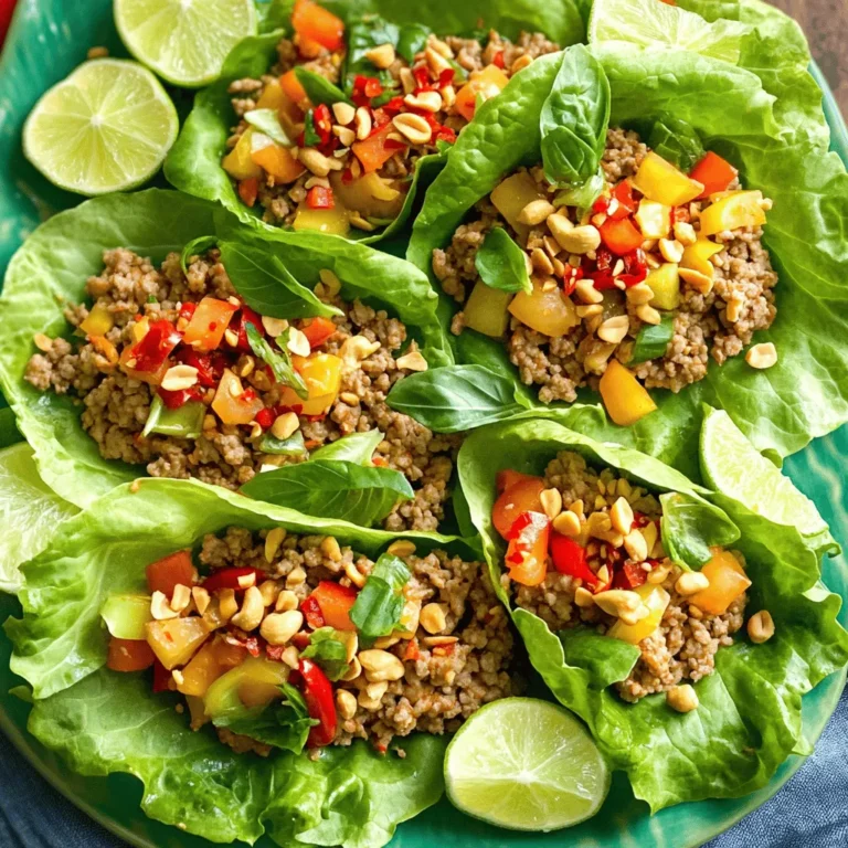 - 1 pound ground turkey - 1 cup fresh Thai basil leaves, chopped - 2 tablespoons vegetable oil - 4 cloves garlic, minced - 2 red chili peppers, thinly sliced - 3 tablespoons soy sauce - 1 tablespoon fish sauce - 1 tablespoon brown sugar - 1 teaspoon lime juice - 1 head of butter lettuce or romaine, leaves separated - Chopped peanuts (for garnish) - Lime wedges (for serving) The main ingredients in this dish are vital for flavor and texture. Ground turkey is lean and absorbs spices well. Fresh Thai basil adds a unique, aromatic taste. Vegetable oil helps cook the meat and veggies evenly. For flavor, garlic and chili peppers create a spicy kick. Soy sauce and fish sauce enhance umami. Brown sugar balances flavors, while lime juice adds zest. To serve, use butter or romaine lettuce for crispiness. Chopped peanuts add crunch and richness. Lime wedges give a fresh burst for each bite. 1. Cooking the garlic and chili peppers Start by heating 2 tablespoons of vegetable oil in a large skillet over medium-high heat. Add 4 cloves of minced garlic and 2 sliced red chili peppers. Sauté for about 1 minute. The mix should smell great and become fragrant. 2. Adding vegetables to the skillet Next, add 1 small diced onion and 1 diced bell pepper to the skillet. Cook these for about 3 to 4 minutes. Stir them until they start to soften. This step adds sweetness and color to your dish. 1. Browning the ground turkey Now, push the veggies to one side of the skillet. Add 1 pound of ground turkey. Use a spatula to break it apart and cook for 5 to 7 minutes. Make sure it turns brown all over. This gives the turkey a nice flavor. 2. Incorporating sauce mixture Once the turkey is fully cooked, mix everything in the skillet. In a small bowl, combine 3 tablespoons of soy sauce, 1 tablespoon of fish sauce, 1 tablespoon of brown sugar, and 1 teaspoon of lime juice. Pour this sauce into the skillet, stirring well to coat the turkey and veggies evenly. 1. Adding Thai basil and finishing the dish At this point, add 1 cup of chopped Thai basil leaves. Toss everything to mix well. Cook for another 1 to 2 minutes until the basil wilts. This adds a fresh, aromatic touch to your meal. Remove from heat and let it cool for a bit. To ensure the turkey is fully cooked, use a meat thermometer. The internal temperature should reach 165°F. This step keeps your meal safe and tasty. If you want less heat, remove seeds from the chili peppers. You can also use fewer peppers to adjust spice levels. Adding coconut sugar can also help balance out the heat. Serve the wraps on a large, colorful platter. Place the turkey mix in the center with lettuce leaves around it. This way, guests can create their own wraps. For garnishing, sprinkle chopped peanuts on top. You can also add lime wedges for a fresh touch. These small details make your dish look even better. If you want an alternative for ground turkey, you can use ground chicken or pork. Both give a similar taste and texture. For a vegetarian option, try using crumbled tofu or tempeh. These options still provide protein and absorb flavors well. You can also use mushrooms for added texture. {{image_2}} You can adjust the heat in your Spicy Thai Basil Turkey Lettuce Wraps. For mild wraps, use fewer chili peppers or omit them. For medium heat, keep one or two chili peppers. If you love spice, add more peppers or use a spicier variety. You can swap ground turkey for other proteins. Ground chicken works well and has a similar taste. If you prefer plant-based meals, try crumbled tofu or tempeh. You can also change the veggies. Add shredded carrots, diced cucumbers, or even bean sprouts for extra crunch. To make this dish gluten-free, use tamari instead of soy sauce. For a vegetarian option, simply omit the fish sauce. You can also use coconut aminos as a soy sauce substitute. If you want a vegan version, ensure your protein swap is plant-based. Enjoy these wraps while meeting your dietary needs! To keep your Spicy Thai Basil Turkey Lettuce Wraps fresh, store leftovers in an airtight container. Refrigerate within two hours of cooking. They stay good for about three days. If you want to keep the lettuce fresh, store it separately. Wrap the lettuce in a damp paper towel and place it in a plastic bag. This keeps it crisp. When you’re ready to enjoy leftovers, reheat the turkey filling on the stove for the best taste. Use low heat to avoid drying it out. Stir often until heated through. You can also microwave it. Just cover the bowl to keep moisture in. Heat in short bursts, stirring in between. This helps keep the flavors intact. For long-term storage, you can freeze the turkey filling. Place it in a freezer-safe container once cooled. Make sure to leave some space for expansion. It can last up to three months in the freezer. To thaw, move it to the fridge overnight. Reheat on the stove or microwave as mentioned above. Keep the lettuce fresh by using it right away once thawed. You can use ground chicken or ground beef. Both options keep the flavors. For a vegetarian choice, try crumbled tofu or tempeh. These options work well with the spices and sauce. To make it gluten-free, swap regular soy sauce for gluten-free soy sauce. You can also skip the fish sauce. Check labels to ensure all ingredients are gluten-free. Yes, you can prepare the filling in advance. Cook the turkey and veggies, then store them in the fridge. Reheat before serving. This makes meal prep easy and fast. Store leftovers in an airtight container in the fridge. They will last for about 3 days. Make sure to keep the filling and lettuce separate for best taste. Yes, you can freeze the turkey filling. Let it cool first, then place in a freezer-safe container. It will stay good for up to 3 months. Thaw overnight before reheating. Serve with rice or noodles for a full meal. You can also add a side salad for extra crunch and freshness. Lime wedges add a nice touch too. The spice level depends on the chili peppers you use. You can adjust the amount to suit your taste. Start with fewer peppers if you prefer milder flavors. You now have all the tools to create delicious Thai basil wraps. We covered main ingredients like ground turkey and fresh basil, flavor enhancers such as garlic and chili, and serving ideas like romaine lettuce and peanuts. Remember to adjust spice levels and try different proteins or vegetables for variety. Proper storage ensures your leftovers stay tasty. Enjoy making these wraps your own! With a few simple steps, you can delight anyone with this dish. Now, grab your ingredients, and let’s get cooking!