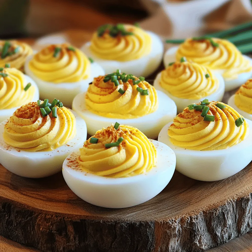 - 6 large eggs - 3 tablespoons mayonnaise - 1 teaspoon Dijon mustard - 1 teaspoon apple cider vinegar - 1/4 teaspoon smoked paprika (plus extra for garnish) - Salt and pepper to taste - 2 tablespoons finely chopped chives - 1 teaspoon capers (finely chopped, optional) - Pot for boiling eggs - Ice water bowl - Mixing bowl - Fork or potato masher - Spoon or piping bag for filling I love using fresh, simple ingredients for my deviled eggs. The eggs are the star here. They need to be large and fresh. Mayonnaise gives the filling its creamy texture. You can use store-bought or homemade mayonnaise, which can add a personal touch. Dijon mustard adds a slight tang. Apple cider vinegar brings a nice acidity that balances the richness. I always add smoked paprika for its unique flavor, plus it makes the eggs look beautiful. You can adjust salt and pepper based on your taste. Chives add a fresh, oniony taste. If you like, capers can give a briny kick. They are not a must, but they can add depth to your filling. When it comes to tools, a pot for boiling eggs is essential. An ice water bowl cools the eggs quickly. A mixing bowl is great for mashing the yolks. A fork or potato masher works well for mixing the filling. To fill the egg whites, you can use a spoon or a piping bag. A piping bag can make it look fancy. With these ingredients and tools, you are ready to create a delicious batch of classic deviled eggs! - Hard Boil the Eggs (Step 1) Start by placing the eggs in a pot. Cover them with cold water. Turn on the heat and bring the water to a boil. Once it boils, cover the pot. Remove it from the heat and let the eggs sit for 12 minutes. - Cool Down the Eggs (Step 2) After 12 minutes, move the eggs to a bowl filled with ice water. Let them cool for at least 5 minutes. This helps stop the cooking and makes peeling easier. - Peel the Eggs (Step 3) Gently tap each egg on the counter to crack the shell. Roll it to loosen the shell. Start peeling from the wider end. If needed, peel under running water to help get the shell off. - Prepare the Filling (Step 4) Slice each peeled egg in half lengthwise. Scoop out the yolks and place them in a bowl. - Combine Ingredients (Step 5) Mash the yolks with a fork until smooth. Add the mayonnaise, Dijon mustard, apple cider vinegar, smoked paprika, salt, and pepper. Mix until everything is creamy and well combined. Taste and adjust if needed. - Add Flavor Enhancements (Step 6) Stir in the finely chopped chives and capers if you want an extra burst of flavor. This adds a nice twist to the classic taste. - Fill the Egg Whites (Step 7) Use a spoon or a piping bag to fill the empty egg whites with the yolk mixture. Make sure to fill them generously for a nice look. - Garnish for Presentation (Step 8) Finally, sprinkle some extra smoked paprika on top. Add a few chives for a touch of color. This makes your deviled eggs not just tasty but also pretty! - Ideal Cooking Time: Boil eggs for 12 minutes. This gives you hard-boiled yolks without green edges. - Cooling Techniques: After boiling, move eggs to ice water for at least 5 minutes. This helps stop cooking and makes peeling easy. - Balancing Seasoning: Start with basic salt and pepper. Taste as you mix. Adjust to your liking. - Adding Fresh Herbs: Mix in chopped chives for a fresh touch. You can also try dill or parsley. - Garnishing Ideas: Use smoked paprika to sprinkle on top. Chopped herbs add color and flair. - Serving Suggestions: Arrange on a platter. You can also serve in egg cups for a fun look. {{image_2}} You can easily switch up classic deviled eggs for a fun twist. Here are two tasty ideas: - Spicy Jalapeño Deviled Eggs: Add chopped jalapeños to the yolk mix. This gives your eggs a spicy kick. You can adjust the amount based on your heat preference. Top with a slice of jalapeño for extra flair. - Bacon & Cheddar Deviled Eggs: Mix in crumbled bacon and shredded cheddar cheese. The bacon adds crunch, while the cheese brings creaminess. It's a flavor combo that many love. You can make deviled eggs fit many diets. Here are two options to consider: - Vegan Deviled Eggs: Swap eggs for silken tofu. Blend the tofu with vegan mayo, mustard, and spices. This creates a creamy filling without any eggs. It's a great option for those who avoid animal products. - Gluten-Free Options: Good news! Classic deviled eggs are naturally gluten-free. Just be sure to check your mayo and mustard ingredients. Many brands offer gluten-free versions. Want to present deviled eggs in a new way? Here are some creative ideas: - Deviled Egg Salad: Chop the deviled eggs and mix them with lettuce and veggies. Add your favorite dressing for a fresh twist. This makes a great lunch or light dinner option. - Deviled Egg Platter: Arrange your deviled eggs on a large serving platter. Add some colorful veggies around them. This makes a beautiful centerpiece for any party or gathering. To keep your deviled eggs fresh, you need to store them properly. Place the eggs in an airtight container in your fridge. Make sure they are covered with plastic wrap or a lid. This helps prevent them from drying out. If you don’t have a container, use plastic wrap to cover them. Shelf Life of Deviled Eggs Deviled eggs can last up to 2 days in the fridge. After that, they may lose their taste and texture. Always check for any off smells or changes in color before eating them. If they look or smell strange, it’s best to toss them. You can make deviled eggs ahead of time. This is great for parties or busy days. Make-Ahead Tips Prepare the filling and store it separately from the egg whites. This keeps everything fresh. Fill the egg whites just before serving. This way, they won’t get soggy. Best Practices for Storing Eggs Keep the egg whites in one container and the filling in another. Use a piping bag to fill the whites quickly. If you have extra filling, store it in the fridge for later use. The best way to peel hard-boiled eggs is to crack them gently. Tap each egg on a hard surface. Roll it to break the shell. Start peeling from the wider end. Peeling under running water helps too. It makes the shell come off easier. Yes, you can use different mustards! Yellow mustard works well for a classic taste. Spicy brown mustard adds a kick. Honey mustard gives a sweet touch. Feel free to mix and match to find your favorite flavor. You can store deviled eggs in the fridge for up to two days. Keep them in a covered container. This helps to keep them fresh and safe to eat. If they start to smell bad, it's best to toss them. No, you should not freeze deviled eggs. The texture changes when frozen and thawed. The filling can become watery and grainy. It’s best to enjoy them fresh. You can add many fun toppings to deviled eggs! Try crispy bacon bits for crunch. Chopped olives add a briny flavor. A slice of jalapeño gives heat. You can also use fresh herbs like dill or parsley for a fresh taste. - 6 large eggs - 3 tablespoons mayonnaise - 1 teaspoon Dijon mustard - 1 teaspoon apple cider vinegar - 1/4 teaspoon smoked paprika (plus more for garnish) - Salt and pepper to taste - 2 tablespoons finely chopped chives - 1 teaspoon capers, finely chopped (optional) 1. Hard Boil the Eggs: Place the eggs in a pot. Cover them with cold water. Bring the water to a rolling boil. Once boiling, cover the pot and remove it from heat. Let it sit for 12 minutes. 2. Cool Down: After 12 minutes, transfer the eggs to a bowl of ice water. Let them cool for at least 5 minutes. This step makes peeling easier. 3. Peel the Eggs: Gently tap each egg on the counter to crack the shell. Roll the egg to break it more. Start peeling from the wider end. You can peel under running water if needed. 4. Prepare the Filling: Slice the peeled eggs in half lengthwise. Scoop out the yolks into a mixing bowl. 5. Mix the Ingredients: Mash the yolks with a fork. Add mayonnaise, Dijon mustard, apple cider vinegar, smoked paprika, salt, and pepper. Mix until the filling is smooth and creamy. Adjust the seasoning to your taste. 6. Add Flavor: Stir in the finely chopped chives and capers, if you like them. They add a nice kick. 7. Fill the Egg Whites: Use a spoon or a piping bag to fill the hollowed egg whites with the yolk mixture. 8. Garnish: Sprinkle some extra smoked paprika on top. Add a few chives for a nice look. Prep Time: 15 minutes | Total Time: 30 minutes | Servings: 12 halves Classic deviled eggs are easy and fun to make. You learned the key ingredients and tools needed for great results. Each step, from hard boiling to garnishing, can lead to tasty treats. Remember to balance flavors and get creative with variations. Storing them correctly helps keep your eggs fresh. With these tips, you can impress everyone with your cooking skills. Enjoy making and sharing your deviled eggs!