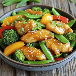 - 1 lb (450g) chicken breast, thinly sliced - 2 tablespoons soy sauce - 2 tablespoons cornstarch - 1 tablespoon olive oil - 1 orange, juiced and zested - 1 tablespoon honey - 1 teaspoon fresh ginger, grated - 3 cloves garlic, minced - 1 red bell pepper, sliced - 1 cup broccoli florets - 1 cup snap peas The main ingredients are key to making this dish shine. Chicken breast serves as the protein base. I love using fresh vegetables like red bell pepper, broccoli, and snap peas for crunch and color. The sauce gets its zing from fresh orange juice and zest. Honey adds a touch of sweetness, while garlic and ginger bring warmth and depth. - Salt and pepper to taste - Green onions, sliced (for garnish) - Sesame seeds (for garnish) Seasoning elevates the dish. A sprinkle of salt and pepper brings out all the flavors. I finish with green onions and sesame seeds for a nice touch. They add flavor and a lovely visual appeal. Don't skip this step; it makes your stir fry look and taste gourmet! - Marinate the Chicken Start by slicing the chicken breast thinly. In a bowl, mix the chicken with soy sauce, cornstarch, and a pinch of salt and pepper. Make sure every piece is well-coated. Let this marinate for at least 15 minutes. This step makes the chicken tender and adds flavor. - Whisk the Orange Sauce While the chicken marinates, juice the orange and zest it. In a small bowl, combine the orange juice, zest, honey, grated ginger, and minced garlic. Whisk this mixture well and set it aside. This sauce will bring a bright, citrusy flavor to the dish. - Cook the Chicken Heat the olive oil in a large skillet or wok over medium-high heat. Once hot, add the marinated chicken in a single layer. Cook for about 4-5 minutes, stirring occasionally. The chicken should turn golden brown and be fully cooked. Once done, remove it from the skillet and set it aside. - Stir-Fry the Vegetables In the same skillet, add the sliced red bell pepper, broccoli florets, and snap peas. Stir-fry for about 3-4 minutes. The vegetables should be vibrant and slightly tender but still crisp. This keeps their nutrients intact and adds texture to your dish. - Combine and Thicken the Sauce Return the cooked chicken to the skillet. Pour the orange sauce over everything. Toss to combine well. Cook for an additional 2-3 minutes. This allows the sauce to thicken slightly and coat all the ingredients. Taste and adjust the seasoning with more salt and pepper if needed. Remove from heat and garnish with sliced green onions and sesame seeds. Marination Time Marinate the chicken for at least 15 minutes. This time allows the soy sauce to soak in. It helps make the chicken tender and tasty. If you can, marinate longer for even more flavor. Balance of Sweetness and Savory The orange juice and honey bring sweetness to this dish. Combine them with soy sauce for a savory kick. Taste your sauce and adjust as needed. Add more honey for sweetness or soy sauce for saltiness. Importance of High Heat Stir-frying works best over high heat. This method cooks the chicken fast and keeps it juicy. It also makes the veggies bright and crisp. Heat the oil until it shimmers before adding the chicken. Stir-Fry Order for Crisp Vegetables Cook the chicken first, then remove it from the pan. Add the vegetables next. Start with the harder ones, like broccoli, and then add softer ones like bell peppers. This order keeps everything crisp and fresh. {{image_2}} You can switch the chicken for tofu or shrimp. Tofu is a great option for a plant-based meal. Press and cube it before marinating. Shrimp cooks fast, so add it last to keep it tender. Both choices soak up the orange glaze well. Consider using beef or pork if you want something heartier. Thinly slice the meat for even cooking. Marinate it the same way as chicken. Each protein brings its unique taste. Seasonal vegetables can change the dish's feel. Try carrots, zucchini, or snap peas for a fresh twist. Use what you find at the market. Fresh veggies keep the meal bright and crisp. Adding nuts can give a nice crunch. Toasted cashews or almonds work well. They add texture and a lovely nutty flavor. Mix them in just before serving for the best crunch. - Refrigeration Tips: Place leftovers in an airtight container. They last for up to three days in the fridge. Make sure to cool the stir fry to room temperature before sealing. This helps keep it fresh. - Freezing Instructions: For longer storage, freeze the stir fry in a freezer-safe container. It can stay good for up to three months. When ready to eat, thaw it overnight in the fridge before reheating. - Best Methods for Maintaining Flavor: Reheat the stir fry in a skillet over medium heat. Add a splash of water or extra orange juice to keep it moist. Stir often so everything heats evenly. - Avoiding Sogginess: To prevent sogginess, do not microwave the stir fry. Microwaving can make the chicken and veggies lose their crispness. Always use the skillet method for the best taste and texture. How can I make it spicier? To add heat, mix in some red pepper flakes or chopped fresh chili. You can also use spicy sauces like Sriracha or chili garlic sauce. Just start with a little, and taste as you go. Can I use bottled orange juice? Yes, you can use bottled orange juice for this dish. Fresh juice adds a bright flavor, but bottled juice works well too. Just choose a brand that is pure juice without added sugars. What to serve with Orange Glazed Chicken Stir Fry? Serve this dish over steamed rice or noodles for a full meal. You can also pair it with a simple salad or some steamed veggies for extra crunch and nutrition. Caloric Content per Serving Each serving of Orange Glazed Chicken Stir Fry has about 300 calories. This dish is balanced with protein and vegetables, making it a healthy choice. Healthier Ingredient Substitutes You can swap out chicken for tofu or shrimp for a lighter option. Use low-sodium soy sauce to cut back on salt. For a sweeter sauce, try maple syrup instead of honey. Can I make it in advance? Yes, you can prep this dish ahead of time. Marinate the chicken and chop the veggies a few hours before cooking. Just store everything in the fridge until you’re ready to stir-fry. How do I adjust cooking time for larger servings? When cooking for more people, increase the ingredients but keep the cooking times similar. Cook in batches if your skillet is small. This helps everything cook evenly and stay tender. This article covered how to make a delicious orange glazed chicken stir fry. We discussed key ingredients, preparation steps, and cooking techniques. You learned tips for flavor balance and how to customize the dish with different proteins and veggies. Remember to store leftovers properly to keep them tasty. Try this recipe and enjoy a meal that's both simple and packed with flavor. Cooking at home can be fun and rewarding. Feel free to experiment and make it your own!