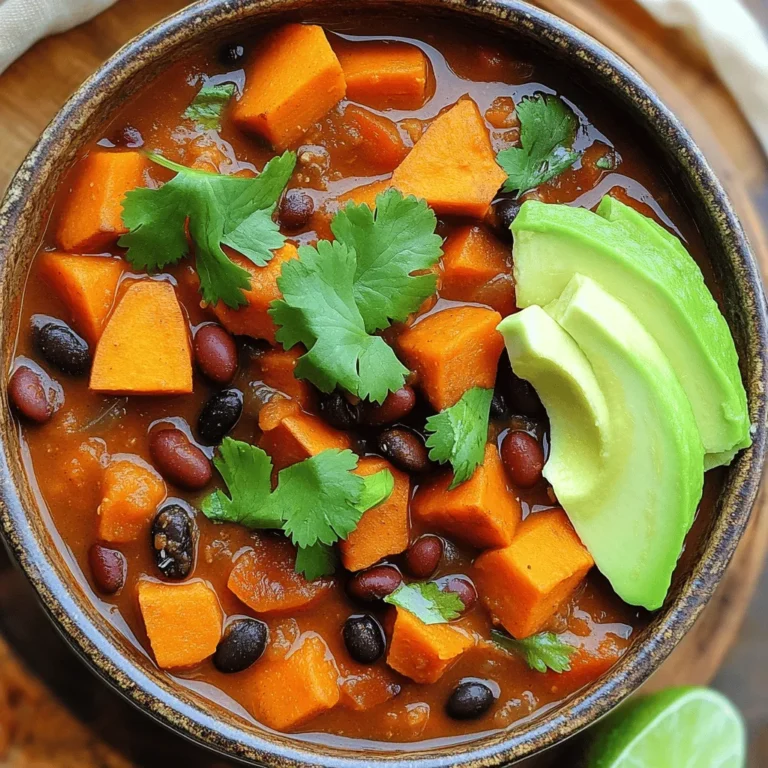 - 2 large sweet potatoes, peeled and diced - 1 can of black beans, drained and rinsed - 1 can of kidney beans, drained and rinsed - 1 can of diced tomatoes (14 oz) - 1 bell pepper (red or green), chopped - 1 medium onion, chopped - 3 cloves garlic, minced - 1 cup vegetable broth - 2 tablespoons chili powder - 1 tablespoon cumin - 1 teaspoon smoked paprika - Salt and pepper to taste - 2 tablespoons olive oil - Fresh cilantro, chopped (for garnish) - Avocado slices (for serving) I love how each ingredient in this vegan sweet potato chili brings a unique flavor. Sweet potatoes add a creamy texture and natural sweetness. The black and kidney beans offer protein and heartiness. Fresh vegetables like tomatoes, bell peppers, and onions make the dish vibrant and colorful. The spices are essential. Chili powder gives warmth, cumin adds depth, and smoked paprika brings a lovely smokiness. I always choose vegetable broth for a rich base without meat. Olive oil helps sauté the veggies, making them soft and tasty. Finally, you can top your chili with fresh cilantro and avocado. These add a burst of freshness. You can also adjust the amount of spice to your liking. I recommend tasting as you go. This way, you can make it just right for you! 1. Start by chopping your vegetables. Take the onion and bell pepper. Dice them into small pieces. This helps them cook evenly and blend well in the chili. 2. Next, heat olive oil in a large pot over medium heat. Add the chopped onion and bell pepper. Sauté for about five minutes. You want them to soften and become fragrant. 3. Now, it's time to add garlic and spices. Stir in the minced garlic, chili powder, cumin, and smoked paprika. Cook this mix for one to two minutes. The spices will release their flavors, making your kitchen smell amazing. 1. Add the diced sweet potatoes to the pot. Stir them in with the onion and spices. This ensures the sweet potatoes soak up all the great flavors. 2. Pour in the vegetable broth and the can of diced tomatoes (with juices). Add in the black beans and kidney beans too. Give everything a good stir. Make sure the sweet potatoes are underwater in the liquid. 3. Bring your chili to a boil. Then, reduce the heat to low. Cover the pot and let it simmer for about 30 to 35 minutes. Stir occasionally to stop it from sticking to the pot. You want the sweet potatoes to be soft and tender. 4. Once the sweet potatoes are cooked through, taste your chili. Adjust the seasoning with salt and pepper as needed. This step is key for building flavor. 5. Serve your chili hot! Garnish with fresh cilantro and avocado slices on top. This adds a nice touch and enhances the flavor. To ensure your sweet potatoes cook well, cut them into even pieces. This helps them cook at the same rate. When you add them to the pot, stir them with the other ingredients. This mix helps the sweet potatoes soak up all the flavors. Stir the chili often while it cooks. This prevents it from sticking to the pot. If you notice it starting to stick, add a splash of vegetable broth. This keeps the chili smooth and delicious. To add more flavor, consider using extra spices. A bit of oregano or a dash of cayenne pepper can boost the taste. You can also add fresh lime juice to brighten the dish. It adds a nice zing! For garnishing, fresh cilantro and avocado slices work well. They add color and flavor. You can also sprinkle some diced red onion for extra crunch. Serve the chili in bright bowls for a fun look. Don't forget a lime wedge on the side for extra freshness! {{image_2}} You can switch up the beans in this chili. Other great options include pinto beans or chickpeas. These beans add a different texture and flavor. You can also mix in lentils for extra protein. If you want to try different veggies, go for zucchini or corn. Both add a nice sweetness. You can also use carrots for a bit of crunch. Feel free to add more bell peppers for extra color and taste. For a slow cooker version, start by sautéing the onion and bell pepper. Then, add everything to the slow cooker. This method lets the flavors blend well. Cook on low for 6-8 hours or high for 3-4 hours. If you prefer using an Instant Pot, brown the onion and bell pepper first. Then, add all other ingredients. Seal the lid and cook on high pressure for about 10 minutes. Quick-release the steam and enjoy your chili. Try out these variations to make the dish your own! To store leftover chili, let it cool first. Once cool, transfer it to a container. Use an airtight container for best results. This keeps the chili fresh and keeps out air. You can safely store it in the fridge for up to five days. If you want to enjoy it later, freezing is a great option. For freezing, use freezer-safe bags or containers. Make sure to leave some space in the container. The chili will expand as it freezes. You can freeze this chili for up to three months. When you’re ready to eat, thaw it overnight in the fridge. Reheat it in a pot on the stove or in the microwave until hot. Enjoy your tasty, reheated chili! You can enjoy vegan sweet potato chili with many sides. Here are some great options: - Cornbread: It adds a nice sweetness. - Rice: White or brown rice soaks up the chili well. - Tortilla chips: Crunchy chips are fun to dip. - Avocado slices: They add creaminess and freshness. - Fresh salad: A crisp salad balances the warmth of the chili. To add heat to your chili, try these ideas: - Extra chili powder: Add more in the cooking step. - Jalapeños: Chop and add them when you sauté the onion. - Hot sauce: Stir in your favorite hot sauce before serving. - Cayenne pepper: A pinch of cayenne gives a nice kick. - Spicy beans: Use spicy canned beans for added heat. Yes, this chili is naturally gluten-free! Here's how: - Use gluten-free vegetable broth: Check labels to be sure. - Avoid any added sauces: Ensure they are gluten-free. - Check canned beans: Most are gluten-free, but confirm. By following these tips, you can enjoy a tasty gluten-free meal. To wrap up, we've explored how to make vegan sweet potato chili. We covered essential ingredients, step-by-step instructions, and helpful tips. You can customize this dish with various beans and spices. Remember, storing leftovers is easy—just use the right containers. Whether you choose to use a slow cooker or Instant Pot, you'll enjoy a tasty meal. Try new flavors and have fun with your choices. Vegan sweet potato chili offers warmth and comfort in every bowl.
