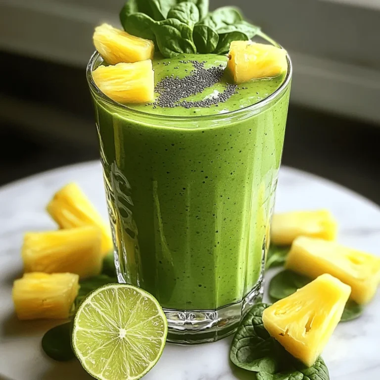 - 1 cup spinach leaves, packed - 1 ripe banana - 1/2 cup pineapple chunks (fresh or frozen) - 1/2 cup coconut water - 1/2 ripe avocado - 1 tablespoon chia seeds - Juice of 1 lime - 1/2 inch piece of fresh ginger, peeled and grated - Ice cubes (optional) What are the health benefits of spinach? Spinach is a powerhouse of nutrients. It has vitamins A, C, and K. These vitamins help keep your skin and bones strong. Spinach also offers iron, which supports energy levels. It is low in calories but high in fiber. This makes it great for digestion. What is the nutritional profile of avocado? Avocado is rich in healthy fats. These fats help your heart stay healthy. It also has vitamins E and C. These vitamins support skin health and boost your immune system. Plus, avocados provide potassium, which helps balance blood pressure. What are the benefits of chia seeds and coconut water? Chia seeds are tiny but mighty. They are packed with fiber, protein, and omega-3 fatty acids. These nutrients help keep you full and support brain health. Coconut water is hydrating and full of electrolytes. It helps replenish fluids, especially after a workout. Together, they make this smoothie a nutrition superstar. Start by washing the spinach. Rinse it under cool water and shake off any excess. This step makes sure your smoothie stays clean and fresh. Next, grab your fruits. Peel the banana and chop it into smaller pieces. For the pineapple, if you're using fresh, cut it into chunks. If you're using frozen, just measure out half a cup. Lastly, peel and grate the ginger. This adds a nice kick to your smoothie. Now, let's blend! First, add the packed spinach leaves and coconut water to your blender. Blend on high until the mixture is smooth. This step helps the spinach break down. Once smooth, it's time to add the rest of the ingredients. Toss in the banana, pineapple chunks, avocado, lime juice, chia seeds, and grated ginger. Blend until everything is creamy and well mixed. If you want a colder, thicker smoothie, add some ice cubes and blend again. After blending, taste your smoothie. If you want it sweeter, add more banana or pineapple. Blend again briefly to mix. Pour the smoothie into glasses. For a fun touch, sprinkle some extra chia seeds on top. Enjoy your tasty, nutrient-packed tropical green smoothie! - Choosing ripe fruits for sweetness: Ripe fruits bring out the best flavor. Use a banana that has brown spots for natural sweetness. Pineapple should have a sweet smell at the base. - Using fresh versus frozen ingredients: Fresh fruits give a bright taste. Frozen fruits can create a cooler texture. Both options work well, so choose based on what you have. - Suggested add-ins like protein powder or sweeteners: You can add protein powder to make this smoothie a meal. Honey or agave syrup can sweeten it up if needed. - Tips for balancing flavors with citrus: Lime juice brightens the smoothie. It helps balance the sweetness of the banana and pineapple. Add more lime for extra zing! - Best types of blenders for smoothies: A high-speed blender works best for a smooth blend. Brands like Vitamix or NutriBullet are great choices. - Cleaning tips for easy maintenance: Clean your blender right after use. Fill it with warm water and a drop of soap. Blend it for a quick clean-up! {{image_2}} You can switch fruits in your Tropical Green Smoothie. Try mango or papaya for a sweet twist. They add a rich flavor and creamy texture. If you want a slight tang, use ripe kiwi. Feel free to mix fruits based on what you have. You can also use different leafy greens. Kale works great, adding more nutrients. Its strong taste blends well with sweet fruits. To keep it dairy-free, use nut milk like almond or coconut. These milks add creaminess without dairy. You can also add vegan yogurt for extra protein. If you need more protein, consider hemp seeds or pea protein. Both mix well and keep the smoothie smooth. You can turn your smoothie into a bowl. Just use less liquid when blending. This makes it thicker. Pour it into a bowl and add fun toppings. Try fresh fruit slices, nuts, or seeds. Granola adds crunch, while coconut flakes add sweetness. This makes your smoothie bowl not just tasty but also pretty! To keep your Tropical Green Smoothie fresh, store it in the fridge. Use a mason jar or an airtight container. This way, it stays cold and tasty for up to 24 hours. If you see separation, just shake it up before drinking. You can freeze your smoothie for later. Pour it into ice cube trays or small containers. This makes it easy to grab a portion when you need it. To thaw, just leave it in the fridge overnight. If you're in a hurry, place it in a bowl of warm water for a quick thaw. Yes, you can use frozen fruits in this smoothie. Frozen fruits can save time and add a nice chill. They also keep longer than fresh ones. Just make sure they are unsweetened. This keeps your smoothie healthy. If you use frozen pineapple, it may make your smoothie creamier. Be sure to blend well for a smooth texture. To make this smoothie thicker, you can try a few options. First, add more banana or avocado. Both fruits add creaminess. You can also use less coconut water. Another option is to add ice cubes. Blend the ice until smooth for a cold, thick drink. Lastly, chia seeds help thicken the smoothie as they soak up liquid. Yes, this smoothie works well for meal prep. You can make it ahead and store it in the fridge for up to 24 hours. Use mason jars for easy storage. Just remember to shake or stir it before drinking. You can also freeze portions in ice cube trays. When you're ready, blend the cubes for a quick, refreshing drink. This blog post showed you how to make a healthy smoothie using fresh ingredients. You learned about the benefits of spinach, avocado, chia seeds, and coconut water. We walked through each step, from prepping to blending, and shared tips for the best results. Variations let you customize your drink. Storing it properly ensures you can enjoy it later. With this knowledge, you are ready to create your own tasty smoothies. Choose your fruits, blend, and enjoy a burst of health and flavor!
