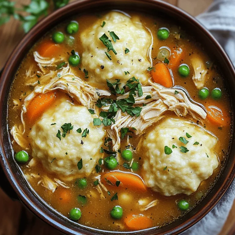 - 1.5 lbs boneless, skinless chicken thighs - 1 onion, finely chopped - 3 garlic cloves, minced - 2 cups chicken broth - 1 cup carrots, sliced - 1 cup celery, chopped - 1 teaspoon dried thyme - 1 teaspoon dried rosemary - Salt and pepper to taste - 1 cup frozen peas For this dish, I use chicken thighs because they stay juicy and tender. The onion and garlic add depth. The carrots and celery bring color and crunch. The thyme and rosemary give it a cozy flavor. Don't forget salt and pepper; they enhance the taste. The frozen peas add a nice pop of sweetness at the end. - 2 cups all-purpose flour - 1 tablespoon baking powder - 1 teaspoon salt - 1 cup milk - 2 tablespoons butter, melted These dumplings are fluffy and soft. The flour and baking powder make them rise. The salt brings out the flavor, while the milk and butter keep them moist. Mix them well for the best texture. - 1 tablespoon chopped fresh parsley Fresh parsley brightens up the dish. It adds color and a fresh taste. Just sprinkle it on top before serving for a lovely finish. - Set your Instant Pot to sauté mode. - Add some oil. Once hot, toss in the chopped onion. - Sauté for about 3-4 minutes until soft. - Next, add the minced garlic. Cook for 1 more minute until fragrant. - Season the chicken thighs with salt, pepper, thyme, and rosemary. - Place the seasoned chicken into the Instant Pot. - Pour in the chicken broth. Add the sliced carrots and chopped celery. - Close the lid and set the Instant Pot to cook on high pressure for 10 minutes. - After cooking, let the pressure release naturally for 10 minutes. - Carefully do a quick release to remove any remaining pressure. - Take out the chicken thighs and shred them with two forks. - Put the shredded chicken back in the pot. Stir in the frozen peas. - In a bowl, mix the flour, baking powder, and salt. - Gradually add in the milk and melted butter. Mix until a soft dough forms. - Drop spoonfuls of the dumpling dough on top of the chicken mixture. - Make sure not to stir. Close the lid again. - Set to high pressure and cook for 5 minutes. - Once done, do a quick release. - Serve hot, garnished with chopped fresh parsley. To make your chicken and dumplings shine, adjust the seasoning to fit your taste. Start with salt and pepper; add more if needed. You can also include extra herbs or spices. Try adding garlic powder or a pinch of paprika for a warm kick. Fresh herbs like thyme or rosemary can enhance the dish's aroma. Experiment until you find your perfect balance, and don’t be afraid to taste as you go. Common mistakes can ruin your dumpling texture. Avoid overmixing the dough; it should be soft and slightly sticky. If your dough is too dry, add more milk gradually. If too wet, sprinkle in more flour. Check the consistency by dropping a spoonful onto the chicken mixture. It should hold its shape. Remember, fluffy dumplings need a light touch. Different Instant Pot models may vary in cooking times. If yours cooks faster, reduce the time by a minute or two. For larger batches, increase the cooking time slightly to ensure everything cooks through. Always check the chicken’s internal temperature; it should reach 165°F for safety. Adjusting these times can make your dish perfect every time. {{image_2}} You can make this dish healthier by using leaner cuts of chicken. Chicken breasts work well and have less fat. Another option is to use low-fat milk or non-dairy alternatives like almond or oat milk. These choices cut down on calories while still keeping the dish creamy and tasty. Don’t be afraid to mix things up with your vegetables. You can add peas or corn for a pop of color and sweetness. If you like a little heat, sprinkle in some red pepper flakes or Cajun seasoning. These additions can take the flavor to a new level, making your meal even more enjoyable. If you need a gluten-free option, use gluten-free flour for your dumplings. This keeps the dish friendly for those with gluten sensitivities. For thickening the broth, you can use cornstarch or arrowroot powder instead of regular flour. This way, you keep the same great taste without the gluten. To store leftovers, place chicken and dumplings in an airtight container. Keep them in the fridge. They will stay fresh for about three to four days. Make sure to let them cool before sealing the container. This helps avoid soggy dumplings. You can freeze chicken and dumplings for longer storage. Use freezer-safe containers or bags. Remove as much air as possible to prevent freezer burn. They can last up to three months in the freezer. When you are ready to enjoy them, thaw overnight in the fridge. Reheat in a pot on low heat, stirring gently. Add a splash of chicken broth if needed to keep them moist. Making chicken and dumplings ahead of time is easy. Prepare the whole dish and store it in portions. You can use small containers for single servings. This way, you have quick meals ready to go. It saves time and effort on busy days. Just reheat and enjoy! Cooking this dish takes about 45 minutes. You will spend 15 minutes prepping. The cook time is 10 minutes for the chicken. Then you need 5 minutes for the dumplings. Allow for 10 minutes of natural pressure release. Yes, you can use frozen chicken. Just remember to add a few extra minutes to the cook time. Frozen chicken thighs will need about 12 to 15 minutes under high pressure. Ensure the pieces are not stuck together for even cooking. Chicken and dumplings is a complete meal. However, you can pair it with simple sides. Consider a fresh green salad for a light touch. Breadsticks or crusty bread are also great for dipping in the broth. Definitely! You can swap the chicken for plant-based protein. Tofu or chickpeas work well. Use vegetable broth instead of chicken broth. You can also add more veggies for extra flavor and nutrition. In this post, we covered how to make Instant Pot Chicken and Dumplings. I shared key ingredients, step-by-step instructions, and tips for flavor and perfect dumplings. Variations help you adapt the dish to fit your taste or dietary needs. Finally, proper storage and reheating tips ensure you enjoy leftovers. This recipe is simple, quick, and satisfying. You can impress family and friends with this flavorful dish any time you like. Enjoy cooking and making delicious memories!