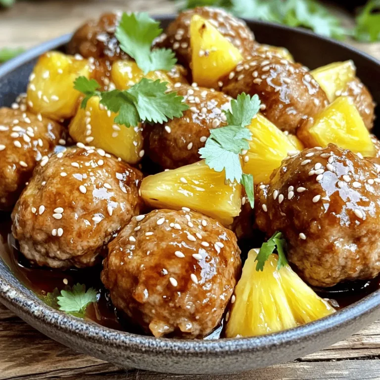 For Pineapple Teriyaki Meatballs, gather these ingredients: - 1 pound ground chicken or turkey - 1/2 cup panko breadcrumbs - 1/4 cup finely chopped green onion - 1/4 cup finely chopped bell pepper (red or yellow) - 1 egg, beaten - 2 tablespoons soy sauce (low sodium recommended) - 1 tablespoon fresh ginger, grated - 1 tablespoon garlic, minced - 1 cup pineapple chunks (fresh or canned) - 1/2 cup teriyaki sauce - Sesame seeds for garnish - Fresh cilantro or parsley for garnish You can swap ground chicken or turkey for lean ground beef or pork. If you need a gluten-free option, use gluten-free breadcrumbs. For a vegan twist, try using chickpeas or lentils instead of meat. Coconut aminos can work as a soy sauce alternative. If you can't find fresh ginger, use powdered ginger. For added sweetness, you can use honey or maple syrup instead of teriyaki sauce. Always choose fresh vegetables. Look for firm bell peppers and bright green onions. Fresh pineapple adds a burst of flavor, but canned is okay in a pinch. Check for low-sodium soy sauce to keep salt levels down. When you use fresh garlic, you get a more vibrant taste. Always store ingredients properly to keep them fresh longer. To start, gather all your ingredients. You will need: - 1 pound ground chicken or turkey - 1/2 cup panko breadcrumbs - 1/4 cup finely chopped green onion - 1/4 cup finely chopped bell pepper (red or yellow) - 1 egg, beaten - 2 tablespoons soy sauce - 1 tablespoon fresh ginger, grated - 1 tablespoon garlic, minced - 1 cup pineapple chunks - 1/2 cup teriyaki sauce - Sesame seeds for garnish - Fresh cilantro or parsley for garnish In a large bowl, add the ground chicken or turkey, panko breadcrumbs, chopped green onion, and chopped bell pepper. Then, pour in the beaten egg, soy sauce, grated ginger, and minced garlic. Mix it all together until everything is well combined. Next, preheat your oven to 400°F (200°C). While the oven heats, shape the meat mixture into small meatballs, about 1 inch wide. Place these meatballs on a baking sheet lined with parchment paper for easy cleanup. Bake the meatballs for about 15-20 minutes. You want them to be fully cooked and golden brown. While the meatballs are baking, take a medium saucepan and heat the teriyaki sauce over medium heat. Add the pineapple chunks and let them simmer for 5-7 minutes. This helps the flavors blend and the sauce thicken a bit. Once the meatballs are done, take them out of the oven. Add them to the saucepan with the teriyaki sauce and pineapple. Gently toss the meatballs to coat them well in the sauce. To ensure your meatballs stay juicy, avoid overmixing the meat mixture. This keeps the texture light and tender. If you want a bit of crunch, bake them on a wire rack set over the baking sheet. This allows hot air to circulate all around the meatballs. Don't forget to check for doneness; they should reach an internal temperature of 165°F. Enjoy these bold and flavorful Pineapple Teriyaki Meatballs hot, garnished with sesame seeds and fresh herbs! To make juicy meatballs, use ground chicken or turkey. These meats are lean, so you need to add moisture. Panko breadcrumbs and an egg hold in the juice well. Mix all ingredients gently to avoid tough meatballs. Shape them to about one inch for even cooking. Bake them until golden brown, which ensures they stay juicy. Add fresh ginger and garlic for a bright taste. Chopped bell peppers and green onions bring in a crunch. Pineapple chunks not only add sweetness but also a tropical twist. For more flavor, use low-sodium soy sauce. Experiment with a touch of chili flakes for heat or sesame oil for a nutty flavor. One mistake is overmixing the meat. This makes meatballs tough. Another is baking them too long, which dries them out. Always check for doneness with a meat thermometer. They should reach 165°F (74°C). Lastly, don’t skip the sauce. Tossing the meatballs in teriyaki sauce gives them extra flavor. {{image_2}} You can swap the ground chicken or turkey for other meats. Ground beef or pork works well. They add a rich flavor that pairs nicely with teriyaki sauce. If you want a meat-free option, try using lentils or mushrooms. They offer great texture and soak up the sauce well. Want to change the flavor? You can add heat by mixing in some red pepper flakes or Sriracha. This gives your meatballs a nice kick. If you prefer sweetness, add more pineapple or a bit of honey. These tweaks let you create a dish that fits your taste. You don’t have to bake the meatballs if you don’t want to. You can cook them on the stovetop. Just brown them in a pan first, then add the teriyaki sauce and pineapple to simmer. For a hands-off approach, use a slow cooker. Cook the meatballs and sauce together for a few hours on low. Each method brings its own charm to this dish. To keep your Pineapple Teriyaki Meatballs fresh, place them in an airtight container. Make sure they cool down first. Store them in the fridge for up to three days. If you follow this method, the meatballs stay tasty and safe to eat. When you are ready to eat leftovers, reheat them gently. You can use the microwave or a skillet. If using the microwave, heat in 30-second intervals. Check the meatballs often to avoid overcooking. If you use a skillet, add a splash of water to keep them moist. Heat on low to medium until warm. You can freeze Pineapple Teriyaki Meatballs for later meals. First, let them cool completely. Arrange them in a single layer on a baking sheet. Freeze for about two hours until firm. Then, transfer them to a freezer-safe bag or container. They can last up to three months in the freezer. When you are ready to enjoy them, thaw in the fridge overnight before reheating. You can tell when the meatballs are cooked by checking their color. They should be golden brown on the outside. Use a meat thermometer to be sure. The inside should reach 165°F. If you cut one open, it should not be pink. This means they are done and safe to eat. Yes, you can use homemade teriyaki sauce. Making it fresh adds a nice touch. Just mix soy sauce, honey, ginger, and garlic. You can adjust the flavors to suit your taste. Homemade sauce often tastes better than store-bought. It can make your meatballs even more special. You can serve Pineapple Teriyaki Meatballs with many sides. Here are some tasty options: - Cooked rice (white or brown) - Steamed vegetables (like broccoli or snap peas) - Noodles (rice or egg noodles work well) - A fresh salad with a light dressing These sides will balance the sweet and savory flavors of the meatballs. Enjoy mixing and matching to find your favorite! In this post, we explored key ingredients and their substitutes. We covered step-by-step cooking and baking tips to make perfect meatballs. You learned about techniques for juicy meatballs, flavor boosts, and common mistakes to avoid. We also shared variations for proteins and cooking methods. Lastly, we discussed how to store and reheat leftovers. Now, go ahead and enjoy making your own unique meatballs!