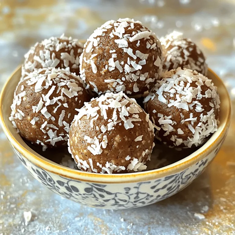 - 1 cup rolled oats - 1/2 cup almond butter (or any nut butter of your choice) - 1/3 cup honey or maple syrup - 1/2 cup unsweetened cocoa powder - 1 cup shredded unsweetened coconut (plus extra for rolling) - 1/2 cup protein powder (chocolate or vanilla flavor works well) - 1/4 teaspoon salt - 1 teaspoon vanilla extract Each ingredient plays a key role in making these protein balls tasty and healthy. Rolled oats give a nice texture and help fill you up. They are also a good source of fiber. Almond butter adds creaminess and healthy fats. You can swap it for peanut butter if you prefer. Honey or maple syrup serves as a natural sweetener, helping to bind the mix. Cocoa powder brings rich chocolate flavor. It also has antioxidants, making it a guilt-free treat. Shredded coconut adds a delightful chewiness and tropical flair. Plus, it looks great when you roll the balls in extra coconut! Protein powder boosts the protein content. Choose chocolate or vanilla based on your taste. Salt enhances all the flavors. Just a pinch makes a big difference. Vanilla extract adds warmth and depth. This simple ingredient elevates the whole dish. These ingredients combine to create a delicious treat. You can enjoy them as a snack or post-workout boost. - Mixing the dry ingredients Start by taking a large mixing bowl. Add 1 cup of rolled oats, 1/2 cup of almond butter, 1/3 cup of honey or maple syrup, 1/2 cup of cocoa powder, and 1/2 cup of protein powder. Stir these dry ingredients together well. You want to make sure they blend smoothly. - Incorporating wet ingredients Next, add 1 cup of shredded coconut, 1/4 teaspoon of salt, and 1 teaspoon of vanilla extract to the bowl. Mix everything together until it looks even. The mix should feel slightly sticky but still hold its shape. - Tips for rolling evenly-sized balls Take small portions of the mixture in your hands. Aim for about 1 inch in diameter for each ball. Roll them gently in your palms to form a smooth shape. This keeps them looking nice and makes them easy to eat. - Excess mixture cleanup If the mixture gets on your hands, just rinse them with water. This keeps your workspace clean and makes rolling easier. - Recommended chilling time Once all the balls are rolled, place them on a parchment-lined baking sheet. Chill them in the fridge for at least 30 minutes. This helps them firm up, making them perfect for snacking. - Storing in an airtight container After chilling, you can enjoy them right away or store them. Keep the protein balls in an airtight container in the fridge. They will stay fresh for up to a week. To get the right texture for your protein balls, you want a mix that is sticky but holds together. If your mixture feels too dry, add a bit more almond butter or honey. This will help bind it better. If it feels too wet, sprinkle in a little extra rolled oats or protein powder. Mix well and check the consistency again. You want it moldable for rolling. For a fun way to serve your protein balls, try placing them in a colorful bowl. You can also put them on a nice platter and add a sprinkle of shredded coconut on top. This makes them look extra tasty. They work great as a snack on their own or alongside fresh fruit. Pairing with slices of apple or banana adds a nice crunch. You can make your protein balls even tastier by adding nuts or spices. Chopped almonds or walnuts give a nice crunch. If you like a bit of heat, try adding a dash of cinnamon or nutmeg. For nut butter, almond butter works well, but peanut or sunflower seed butter is also great. Each nut butter will change the taste slightly, so feel free to experiment! {{image_2}} You can change the flavor of your protein balls in fun ways. Try using coconut almond butter instead of plain almond butter. This adds a nice twist. Other nut butters like cashew or peanut work great too. You can also mix in dried fruits like raisins or cranberries for some natural sweetness. Chia seeds are another great add-in. They boost nutrition and add a nice crunch. When it comes to sweeteners, you have choices. Honey gives a rich flavor, while maple syrup offers a lighter taste. Both work well in this recipe. If you're looking for sugar-free options, consider using stevia or erythritol. These sweeteners keep your protein balls sweet without the sugar spike. Just remember to adjust the quantity to match your taste. If you’re gluten-free, this recipe already fits the bill! Just ensure your oats are certified gluten-free. For vegan options, swap honey for maple syrup. You can also choose a plant-based protein powder. Almond butter, peanut butter, or sunflower seed butter are great nut butter swaps. This way, you can enjoy tasty protein balls no matter your diet! To keep your no-bake chocolate coconut protein balls fresh, use an airtight container. This helps prevent moisture and keeps them tasty. You can use glass or plastic containers with tight lids. Make sure to store them in the refrigerator. This will keep them firm and ready to eat. To extend shelf life, try wrapping each ball in parchment paper before placing them in the container. This adds an extra layer of protection and makes them easy to grab. If you want to store your protein balls for longer, freezing is a great option. To freeze them, first, place them on a baking sheet in a single layer. Make sure they do not touch each other. Freeze them for about 1-2 hours until solid. Then, transfer them to a freezer-safe bag or container. Be sure to squeeze out any air before sealing. When you're ready to eat, simply take out the desired amount and let them thaw in the fridge. This keeps their texture nice and smooth. These tasty protein balls are best when eaten within a week. After a week, they may dry out or lose flavor. You can tell they are spoiled if they have an off smell or mold. Always check for any signs of spoilage before enjoying. With proper storage, you can enjoy your no-bake chocolate coconut protein balls for several days! No-bake chocolate protein balls last about one week in the fridge. Store them in an airtight container. If you keep them sealed, they will stay fresh and tasty. After a week, they may lose their texture and flavor. Always check for any signs of spoilage before eating. Yes, you can use different nut butters. Almond butter gives a nice flavor, but peanut butter works great too. Cashew or sun butter are also good choices. Each nut butter will change the taste a bit, so pick what you like best. You can substitute protein powder with ground seeds or nuts. Chia seeds or hemp seeds offer good nutrition. Unsweetened cocoa powder can also work if you want chocolate flavor. Just remember that the texture might change a little. Yes, these protein balls are gluten-free. Use rolled oats that are certified gluten-free. Most other ingredients are naturally gluten-free too. This makes them a great snack for those with gluten sensitivities. Yes, you can freeze these protein balls. Place them in an airtight container or freezer bag. They can last for up to three months in the freezer. When ready to eat, let them thaw in the fridge for a few hours. In this post, we explored how to make no-bake chocolate protein balls. We covered the key ingredients, detailed preparation steps, and helpful tips for achieving the perfect texture. You learned about variations to fit your taste and dietary needs, plus storage tips to keep your protein balls fresh. Remember, these snacks are not just tasty; they are also packed with nutrients. Enjoy experimenting with flavors and have fun making your own healthy treats!