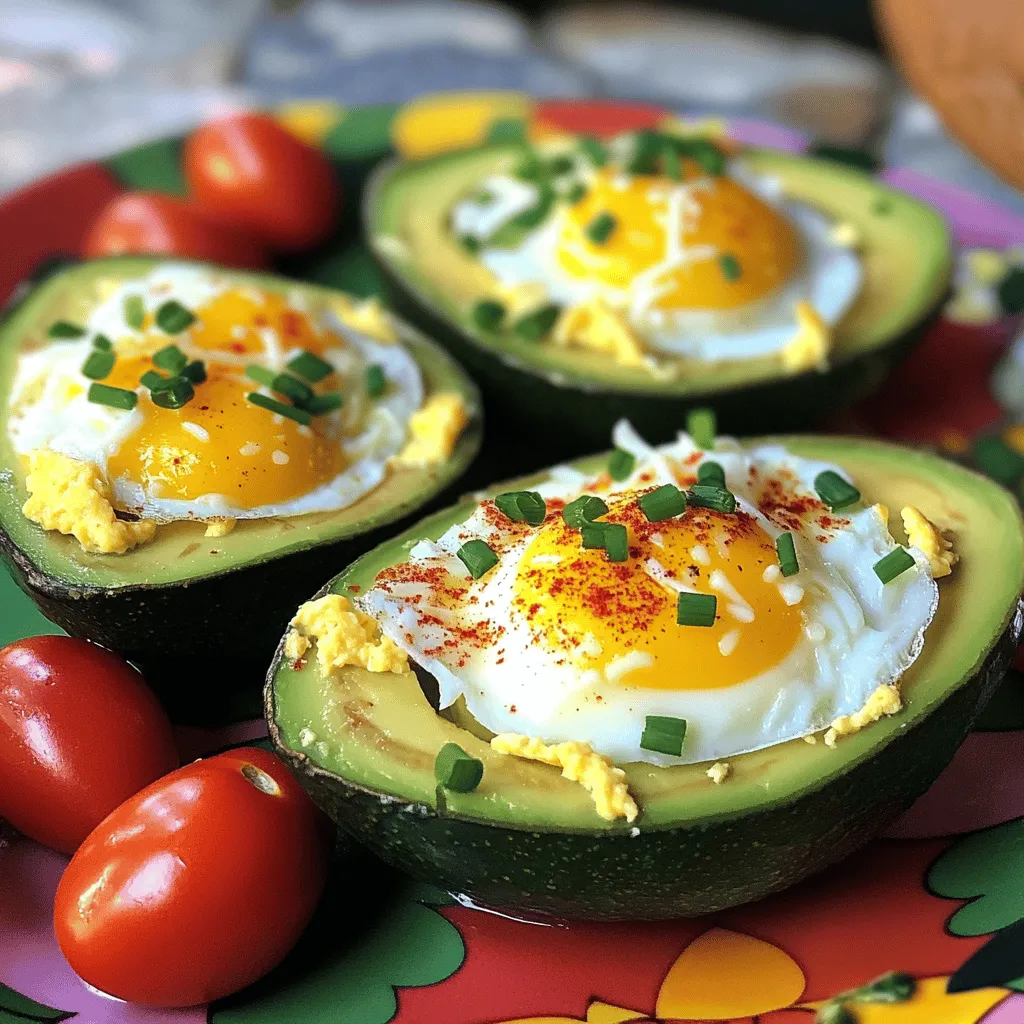 - Ripe avocados - Large eggs - Salt and pepper - Paprika - Fresh chives - Shredded cheese - Hot sauce (optional) Choosing the right ingredients is key to making avocado egg breakfast boats. Start with ripe avocados; they should feel slightly soft when you press them. The perfect avocado will create a creamy base for the egg. Next, use large eggs for a good fit in the avocado halves. You will need salt and pepper for seasoning. A touch of paprika adds a nice warmth and color. Fresh chives lend a bright, onion-like flavor that brightens each bite. For the cheese, I recommend either cheddar or feta. Both melt beautifully and add richness. Finally, if you like heat, grab some hot sauce for a spicy kick. - Calories per serving: About 300-350 calories - Breakdown of macronutrients: - Protein: 18g - Carbohydrates: 12g - Fats: 25g Avocados and eggs are both nutrient-rich foods. Avocados provide healthy fats, fiber, and vitamins. They help keep your heart healthy. Eggs offer quality protein and essential nutrients like vitamin D and choline. Together, they make a filling, balanced breakfast. Enjoy this tasty and healthy treat! 1. Preheating the oven Start by preheating your oven to 375°F (190°C). This step warms the oven, so your avocado egg boats cook evenly. 2. Cutting and preparing avocados Next, cut your ripe avocados in half. Remove the pits carefully. Scoop out a small part of the flesh. This creates a little well for the egg. Be gentle; you want to keep the avocado's shape. 3. Placing avocados in baking dish Now, take those avocado halves and place them in a small baking dish. You can also use a baking sheet lined with parchment paper. This helps keep them steady while they bake. 1. Adding eggs and seasoning Crack one egg into each avocado half. Let the egg white fill the well. If needed, you can remove a bit of the white to fit better. Then, season the eggs with salt, pepper, and paprika for extra flavor. 2. Baking time and tips for doneness Place your dish in the oven. Bake for about 15-20 minutes. Check the eggs for doneness. If you like runny yolks, take them out early. For firmer yolks, leave them in longer. 3. Serving suggestions Once the eggs are cooked to your liking, remove the dish from the oven. If you want, drizzle hot sauce over the top for a spicy kick. Serve your avocado egg boats on a colorful plate. Add extra chives and a few cherry tomatoes on the side for a vibrant touch. - Choosing the right avocado: Look for ripe avocados that yield slightly when you press them. They should not be too soft or too hard. A perfect avocado will hold its shape and make a nice boat for the egg. - Adjusting cooking time for preferences: Bake the avocado egg boats for 15-20 minutes. If you like runny yolks, check them at 15 minutes. For firmer yolks, leave them in longer. Watch closely to avoid overcooking. - Tips for seasoning: Use salt and pepper to taste. A light sprinkle of paprika adds flavor and color. Fresh chives give a nice herbal note. Feel free to experiment with your favorite spices. - Ideal pairings for breakfast: These avocado egg boats pair well with crispy bacon or sausage. Fresh fruit salad adds a sweet touch. A glass of fresh juice brightens the meal. - Presentation tips: Serve the avocado boats on a colorful plate. Add extra chives on top for a pop of green. Include cherry tomatoes or radishes for color and crunch. - Adding sides like toast or fruit: Toasted bread is great for scooping up the eggs. You can also serve sliced fruit, like oranges or berries, to balance the dish. {{image_2}} You can change ingredients to suit your taste. Here are some swaps to try: - Alternative cheeses: Instead of cheddar or feta, use mozzarella or goat cheese. Each cheese adds a unique taste. - Different seasonings or spices: Try taco seasoning, garlic powder, or even Italian herbs for a fresh twist. Each option brings its own flair. - Veggie additions: Add spinach or diced tomatoes for extra nutrition. Peppers or onions can also give a nice crunch and flavor. This recipe is flexible for different diets. Here are some options: - Vegetarian version: Simply skip the eggs and use a mix of roasted veggies instead. This keeps it hearty and filling. - Gluten-free options: This dish is naturally gluten-free. Just ensure any added seasonings are also gluten-free. - Keto-friendly adaptations: Keep the eggs and avocados. You can add bacon or sausage for extra protein and flavor without carbs. Feel free to mix and match these variations to make your perfect avocado egg breakfast boat! To keep your avocado egg breakfast boats fresh, store them in the fridge. Place the leftovers in an airtight container. This will help prevent them from drying out. You can keep them for up to two days. If you notice the avocado turning brown, that’s normal. Just scrape off the top layer before eating. When it comes to reheating, I suggest using the oven or a toaster oven. Preheat it to 350°F (175°C). Place the avocado boats in a baking dish. Heat them for about 10 minutes, or until warmed through. This keeps the texture nice and creamy. You can prepare these breakfast boats in advance for busy mornings. Simply follow the recipe up to the baking step. Cover the prepared avocados with plastic wrap. Store them in the fridge for up to a day. If you want to freeze them, I recommend only freezing the avocado halves without the egg. Scoop out a little flesh, then freeze them in a bag. When you’re ready, thaw them in the fridge overnight. Add the egg and toppings fresh before baking. This way, you'll enjoy the best taste and texture. Can I use scrambled eggs instead of whole eggs? Yes, you can use scrambled eggs. Just cook them lightly before adding. Fill the avocado well with the scrambled eggs. This option can make the dish fluffier and mix well with the avocado. What can I serve with avocado egg boats? You can serve them with toast, fresh fruit, or a side salad. Slices of whole-grain bread complement the boats well. A few cherry tomatoes add color and flavor too. How can I make this recipe without oven access? You can use a microwave! Place the avocado halves in a microwave-safe dish. Cook for about 2-3 minutes until the egg sets. Check often to avoid overcooking. What are the best spices to add for flavor? Try adding cumin, garlic powder, or chili flakes for a kick. Fresh herbs like parsley or cilantro also enhance the taste. Customize the spices to fit your mood! In this blog post, we explored a tasty avocado egg boat recipe. We looked at the ingredients, nutritional benefits, and easy steps to prepare them. I shared tips for perfecting your dish and offered variations to suit your taste. We also covered storage and common questions to ensure your success. These avocado egg boats make for a fun but simple meal. Try them out for breakfast or brunch. Enjoy your cooking and experiment with flavors!
