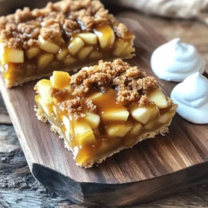 - 2 cups all-purpose flour - 1 cup unsalted butter, softened - 1 cup packed brown sugar - 1/2 cup granulated sugar - 1/2 teaspoon salt - 1 teaspoon vanilla extract - 1 teaspoon ground cinnamon - 1/2 teaspoon baking powder - 3 large apples, peeled, cored, and diced (preferably Granny Smith) - 1 cup caramel sauce (store-bought or homemade) - 1/4 cup chopped walnuts or pecans (optional) - Additional cinnamon for sprinkling on top - Whipped cream for serving (optional) Using fresh, tart apples, like Granny Smith, makes a big difference. Their tartness balances the sweetness of the caramel. Softened butter helps create a smooth crust. Make sure you mix the sugars and butter until fluffy. This adds air and makes your bars light. For the caramel sauce, store-bought works well, but homemade can add a special touch. If you want a nuttier flavor, add chopped walnuts or pecans. Toast them lightly for more depth in taste. You can swap all-purpose flour with a gluten-free blend for a gluten-free option. Coconut sugar can replace brown sugar for a lower-glycemic choice. If you don't have apples, pears work too. They add a sweet flavor and nice texture. For a nut-free version, just skip the nuts entirely. To make these caramel apple pie bars, you need to gather your ingredients first. You will need flour, butter, sugars, apples, and caramel sauce. Having everything ready helps the process go smoothly. The whole process takes about 55 minutes, including prep and bake time. 1. Preheat the oven: Set your oven to 350°F (175°C). Grease a 9x13-inch baking dish. This helps the bars not stick. 2. Prepare the crust: In a mixing bowl, cream together the softened butter, brown sugar, and granulated sugar. Mix until light and fluffy. Then, add the vanilla, salt, cinnamon, baking powder, and flour. Mix until just combined. 3. Press the crust: Take about 2/3 of the dough and press it into the bottom of the baking dish. This will be your crust. Set aside the rest of the dough for later. 4. Prepare the apple filling: In another bowl, mix the diced apples with a teaspoon of cinnamon. Toss them until they are well coated. If you want, add chopped nuts. Spread this mixture evenly over the crust. 5. Add the caramel: Drizzle half of your caramel sauce over the apples. Spread it evenly so every bite has some caramel. 6. Add the topping: Crumble the reserved dough over the apples and caramel. Drizzle the rest of the caramel sauce on top. Sprinkle with a bit more cinnamon for extra flavor. 7. Bake: Place the dish in the oven. Bake for 30-35 minutes. The topping should be golden brown, and the apples should be tender. After baking, remove the bars from the oven. Let them cool for at least 15-20 minutes. This cooling time helps them set. Cut into squares before serving. For a special touch, add whipped cream and a drizzle of caramel on top. Enjoy your delicious dessert! To make the best caramel apple pie bars, start with fresh apples. I love using Granny Smith apples. They add a nice tartness that balances the sweet caramel. Make sure to peel and core the apples first. Dice them into small pieces for even cooking. When mixing the crust, cream the butter and sugars well. This step adds air, making your crust light and fluffy. Don’t overmix once you add the flour. Just combine until you see no dry flour. For the caramel, you can use store-bought or homemade. If you’re feeling adventurous, try making your own. Just melt sugar and add cream for a simple sauce. Drizzle half of it over the apple layer. This creates a gooey, sweet center. One common mistake is not preheating your oven. Make sure your oven is hot before you bake. This helps your bars cook evenly. Another mistake is cutting the bars too soon. Let them cool for at least 20 minutes. This helps them set and makes cutting easier. Also, watch the baking time. Every oven is different. Check your bars at 30 minutes. They should be golden on top and the apples tender. Serve your caramel apple pie bars warm for the best taste. A dollop of whipped cream on top adds a nice touch. You can also drizzle extra caramel sauce over each piece. For drinks, pair the bars with hot apple cider. The flavors match well and make a cozy treat. Coffee or vanilla ice cream also works great. Each bite will be a delightful experience! {{image_2}} You can use many types of apples for your pie bars. Granny Smith apples are great because they are tart and firm. They hold their shape well during baking. Honeycrisp apples add a nice sweetness and crunch, making them a top choice too. If you want a mix, combine both for a tasty blend. For a softer filling, consider using Fuji or Gala apples. Their sweetness will shine through, giving you a rich flavor. You can make these bars gluten-free easily. Just swap the all-purpose flour for a gluten-free blend. Look for blends that contain xanthan gum, as it helps with texture. You can also use almond flour or coconut flour. Both will change the taste, but they work well. Ensure that all other ingredients are gluten-free too, especially the caramel sauce. You can add fun toppings to your caramel apple pie bars. Try mixing in some chopped nuts like walnuts or pecans for crunch. You can also use oats to give your topping a chewy texture. Drizzle extra caramel sauce on top for a sweet touch. For a hint of spice, add a pinch of nutmeg or more cinnamon. Whipped cream is a delicious choice for serving, too! To keep your caramel apple pie bars fresh, store them in an airtight container. This helps maintain their moisture and flavor. If you plan to share, cut the bars into squares first. Layer the squares with parchment paper to avoid sticking. You can freeze these bars for later enjoyment. First, allow them to cool completely. Wrap the bars tightly in plastic wrap, then place them in a freezer bag or airtight container. This keeps them safe from freezer burn. When stored at room temperature, the bars last about 3 to 4 days. In the fridge, they stay fresh for up to a week. If frozen, they can last for about 3 months. Just remember to thaw them in the fridge before serving. Yes, you can use store-bought caramel. It saves time and tastes great. Just drizzle it over your apple filling. If you want to make it even better, warm it slightly first. This makes it easier to spread. You will know the bars are done when the topping is golden brown. The apples should be soft but not mushy. A toothpick inserted into the bars should come out clean. Keep a close eye on them during the last few minutes of baking. Yes, you can make these bars a day ahead. Just let them cool and cover them tightly. Store them at room temperature or in the fridge. They taste great the next day, too! If you want, warm them up slightly before serving. You now have all the details to make delicious caramel apple pie bars. We covered key ingredients and helpful tips. You learned step-by-step instructions for baking and cooling. My tips and tricks showed you how to avoid common mistakes. We also discussed fun variations and storage tips. Don't hesitate to try your own ideas. Enjoy making this treat for friends and family!