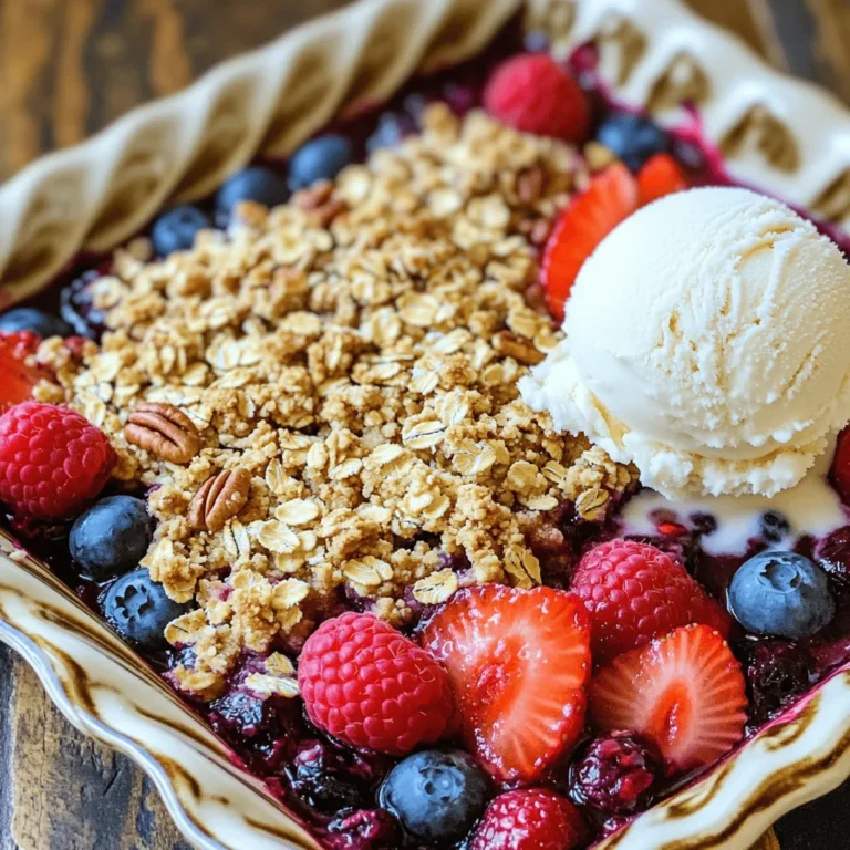 For this Triple Berry Crisp, you need three types of berries: - 1 cup strawberries, hulled and sliced - 1 cup blueberries - 1 cup raspberries When selecting berries, look for bright colors and firm textures. Choose strawberries that are deep red, blueberries that are plump and dry, and raspberries that are vibrant and intact. Avoid any that are mushy or have mold. Fresh berries taste best and have more nutrients. Here’s a list of all other necessary ingredients: - 1 tablespoon lemon juice - 1 tablespoon honey or maple syrup (optional) - 1 cup rolled oats - 1/2 cup all-purpose flour - 1/2 cup brown sugar - 1 teaspoon ground cinnamon - 1/4 teaspoon salt - 1/4 cup unsalted butter, melted - 1/4 cup chopped pecans or walnuts (optional) Feel free to add nuts for crunch or honey for extra sweetness. Each ingredient plays a key role in flavor and texture. Each serving has about 200 calories. Berries are low in calories and high in fiber. They provide vitamins C and K, and antioxidants that help your body. The oats in this recipe add whole grains, which are good for heart health. Enjoy this dessert knowing it has tasty and healthy ingredients! Start by washing your berries. Rinse them under cool water. For strawberries, remove the green tops and slice them. Combine one cup each of strawberries, blueberries, and raspberries in a big bowl. Add one tablespoon of lemon juice to brighten the flavors. If you want some sweetness, drizzle in one tablespoon of honey or maple syrup. Gently toss the berries together. Make sure they are coated in the lemon juice and honey. Once mixed, spread the berry mixture evenly in a greased 9-inch square baking dish. In another bowl, combine one cup of rolled oats, half a cup of all-purpose flour, half a cup of brown sugar, one teaspoon of ground cinnamon, and a quarter teaspoon of salt. Mix these dry ingredients well. Next, pour in a quarter cup of melted unsalted butter. Stir until the mixture looks crumbly. If you like nuts, fold in a quarter cup of chopped pecans or walnuts for some crunch. The goal is to have a nice, crumbly texture that will create a delightful topping. Preheat your oven to 350°F (175°C). Once your oven is ready, bake the crisp for 30 to 35 minutes. You want the top to turn golden brown and see the berries bubbling. To check if it’s done, look for that golden color and bubbling juices. When ready, remove it from the oven and let it cool for about 10 minutes. This cooling time helps the crisp set up nicely. Using frozen berries is a great option. They are often picked at peak ripeness. You can save time by using them directly from the freezer. Just add a little extra time for baking. If the mix looks too watery, add a bit more oats to soak it up. For sweetness, feel free to adjust the honey or maple syrup. You can also skip it if you prefer a tart taste. Serve your Triple Berry Crisp warm for the best taste. A scoop of vanilla ice cream or a dollop of yogurt complements it wonderfully. To make it look great, garnish with a few fresh berries. This adds color and freshness to your dish. You can also sprinkle a dash of cinnamon on top before serving for extra flair. One common mistake is overbaking. Keep an eye on the crisp; it should be golden brown. Under-seasoning is another pitfall. Always taste your berry mix before baking. If it needs more sweetness or a pinch of salt, add it. If your crisp turns out too dry, try serving it with a drizzle of honey or a splash of juice. {{image_2}} You can mix it up with different fruits. Instead of just berries, try peaches or apples. These fruits add a nice twist to the crisp. Seasonal fruits work great too. In the summer, use fresh cherries or plums. In the fall, try pears or cranberries. Just remember, any fruit that bakes well can shine in this dessert. If you need gluten-free options, swap regular flour for almond or coconut flour. You can also use gluten-free oats. For a vegan version, replace butter with coconut oil or vegan butter. Use maple syrup instead of honey for sweetening. If you're looking for a sugar-free option, choose a sugar substitute like stevia or erythritol. This way, everyone can enjoy this treat. Change the topping to suit your taste. You can add different nuts like almonds or walnuts. Seeds like sunflower or pumpkin seeds add a nice crunch too. For flavor, sprinkle in some nutmeg or ginger. You can also try adding cocoa powder for a chocolatey twist. These small changes make each crisp unique and fun! To keep your Triple Berry Crisp fresh, store it in the fridge. Use an airtight container. This will help keep the topping crisp and the berries juicy. If you have leftovers, try to let them cool first. Cover the crisp tightly with plastic wrap or foil. This way, it won't dry out in the fridge. You can freeze Triple Berry Crisp for later. First, let it cool completely. Then, cut it into portions. Wrap each piece tightly in plastic wrap, then place them in a freezer bag. When you want to enjoy it, thaw it in the fridge overnight. To reheat, bake it at 350°F (175°C) for about 15 minutes. This will help restore its warm, bubbly texture. In the fridge, your Triple Berry Crisp will last about 3 to 4 days. In the freezer, it can last up to 3 months. Always check for signs of spoilage. If it smells sour or looks moldy, it’s best to throw it away. You can use many berry types in your crisp. Strawberries, blueberries, and raspberries are the best choices. You can also try blackberries or even cranberries. Just remember, the fruit should be fresh and ripe for the best taste. Mix and match to find your favorite flavor combo. Frozen berries work too, but they may make your crisp a bit soggy. Yes, you can prepare Triple Berry Crisp ahead of time. Make the berry layer and topping separately. Store the berry mix in the fridge and the topping in a zip bag. When you're ready, combine them and bake. This method keeps your crisp fresh. If you want to bake it later, just store it in the fridge for up to two days. To make your Triple Berry Crisp healthier, you can reduce the sugar. Use less brown sugar or substitute with honey or maple syrup. You can also swap white flour for whole wheat flour. This adds fiber and nutrients. Adding nuts, like walnuts or pecans, gives healthy fats. Consider using oats with no added sugar for a nutritious kick. Berry crisps have roots in North America. They became popular in the 19th century. Families often made them during berry picking season. The crisp topping helped preserve the berries and added a sweet crunch. Today, this dessert shows the joy of fresh fruits and simple baking. It brings people together, celebrating seasonal flavors. Creating a delicious Triple Berry Crisp is simple and rewarding. We explored the berries you'll need, from strawberries to blueberries, and learned how to pick the best ones. We covered step-by-step instructions for the perfect mixture and crumble topping. You picked up helpful tips for serving, storing, and avoiding common mistakes. Remember, you can customize your crisp with different fruits and dietary needs. With this guide, you’ll make a berry treat everyone loves, and it will always taste fresh!