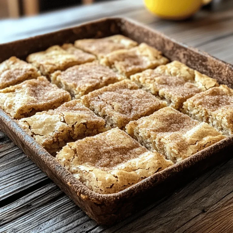 To make these snickerdoodle blondies, gather these simple ingredients: - 1 cup unsalted butter, melted - 1 cup brown sugar, packed - 1/2 cup granulated sugar - 2 large eggs - 2 teaspoons vanilla extract - 2 cups all-purpose flour - 1 teaspoon baking powder - 1/2 teaspoon baking soda - 1 teaspoon ground cinnamon - 1/2 teaspoon salt - 1/4 cup granulated sugar (for topping) - 2 teaspoons cinnamon (for topping) You can substitute some ingredients if needed. Use coconut oil instead of unsalted butter for a dairy-free option. For a gluten-free version, try a gluten-free flour blend. If you lack brown sugar, use regular sugar with a bit of molasses mixed in. This recipe yields about 20 squares. It’s perfect for sharing or enjoying over a few days. Each square is rich and flavorful, making it a great treat for any occasion. First, you need to preheat your oven to 350°F (175°C). This makes sure the heat is ready when you bake. Next, grab a 9x13 inch baking pan. You can grease it with butter or line it with parchment paper. This step helps the blondies come out easily after baking. In a large mixing bowl, combine the melted butter, brown sugar, and granulated sugar. Use a whisk or a spatula to mix until it is smooth and creamy. This should take about one to two minutes. Then, add the eggs one at a time. Beat each egg in well before adding the next. Stir in the vanilla extract, making sure it is fully mixed. This will add flavor to your blondies. Now, take another bowl and whisk together the flour, baking powder, baking soda, cinnamon, and salt. This mixture adds structure and flavor. Gradually add this dry mix to your wet ingredients. Stir until just combined. Do not overmix; you want the batter to be thick and smooth. Pour the batter into your prepared pan, spreading it evenly with a spatula. Before baking, mix the 1/4 cup sugar and 2 teaspoons cinnamon in a small bowl. Sprinkle this mix over the top of the batter. This gives a sweet, crunchy layer. Bake in the oven for 20-25 minutes. You know they are done when a toothpick comes out clean from the center. After baking, let the blondies cool for about 15 minutes in the pan. Then, slice them into squares and enjoy! To get the best texture in your Snickerdoodle Blondies, focus on how you mix. Start with melted butter and sugars; mix until smooth. This makes your blondies chewy. When you add flour, mix just until combined. Overmixing can lead to tough blondies. Remember, a few lumps are okay! Letting your batter rest for a few minutes can also help improve texture. Want to jazz up your blondies? Add nuts or chocolate chips! Chopped walnuts or pecans work well. They add crunch and flavor. Chocolate chips also blend nicely with the cinnamon. A half cup of either will make your blondies even better. You can even swirl in some peanut butter for a twist. Here are some mistakes to avoid for perfect blondies. First, don’t skip the baking powder. It helps your blondies rise. Second, make sure your oven is preheated. This ensures even baking. Lastly, avoid opening the oven door too early. This can cause them to sink in the middle. Keep these tips in mind, and your blondies will be a hit! {{image_2}} You can easily make vegan snickerdoodle blondies. Use plant-based butter and flax eggs. To make one flax egg, mix one tablespoon of flaxseed meal with three tablespoons of water. Let it sit for five minutes. This mixture works great in place of eggs. Use coconut sugar for a deeper flavor. The taste stays rich and sweet, just like the original recipe. For gluten-free blondies, swap all-purpose flour with a gluten-free blend. Look for a blend that includes xanthan gum for best results. This helps give the blondies a nice texture. Ensure all other ingredients are gluten-free, like the baking powder. You’ll enjoy a chewy, tasty treat that everyone can enjoy. You can mix in different flavors to keep things exciting. Pumpkin spice adds warmth for fall treats. Just replace some cinnamon with pumpkin spice. Nutmeg is another great option. A pinch can elevate the flavor profile. Try these fun twists to keep your baking fresh and fun. To keep your snickerdoodle blondies fresh, store them in an airtight container. Place parchment paper between layers to prevent sticking. Keep the container at room temperature for up to four days. If you live in a humid area, consider refrigerating them to extend their shelf life. Freezing blondies is easy. First, let them cool completely. Then, cut them into squares. Wrap each square in plastic wrap and place them in a freezer-safe bag. They can last up to three months in the freezer. Label the bag with the date for easy reference. When you're ready to enjoy your frozen blondies, remove the desired amount from the freezer. Let them thaw at room temperature for about an hour. For a warm treat, pop them in the microwave for 10-15 seconds. You can also reheat them in the oven at 350°F (175°C) for about 5-10 minutes. Enjoy them warm for the best flavor! Snickerdoodle blondies are soft, chewy bars that mix flavors of snickerdoodle cookies with blondies. They are made with butter, brown sugar, and sweet vanilla. The cinnamon adds warmth and spice to each bite. These treats are a twist on classic desserts, perfect for sharing. You can check if your blondies are done by inserting a toothpick into the center. If it comes out clean or with a few crumbs, they are ready. If it has wet batter, they need more time. Bake them for 20-25 minutes for the best results. Yes, you can use brown sugar instead of granulated sugar. Brown sugar adds moisture and a deeper flavor. It will make your blondies even more rich and chewy. Just remember to pack the brown sugar when measuring for the right amount. Blondies are made with brown sugar, giving them a butterscotch flavor. They don't have cocoa powder like brownies. Blondies are lighter in color and taste sweeter. Brownies are denser and chocolatey. Both are delicious, but they offer different flavors and textures. You can find the full recipe right here! Just follow the step-by-step instructions I shared. You will need simple ingredients and about 40 minutes to make these tasty blondies. Enjoy baking and sharing them with your friends! In this blog post, we explored how to make delicious Snickerdoodle Blondies. We covered key ingredients, step-by-step baking instructions, and helpful tips for the perfect treat. I shared ways to customize your blondies and ensure proper storage. Enjoy your baking journey. These blondies will surely impress friends and family!