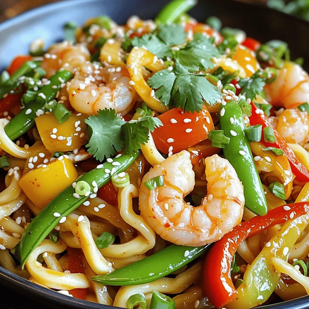 - 200g udon noodles - 300g shrimp, peeled and deveined - 4 cloves garlic, minced - 1 tablespoon ginger, grated - 1 bell pepper, thinly sliced - 1 cup snow peas The main ingredients create a tasty base for this dish. Udon noodles are thick and chewy. They soak up flavors well. Shrimp adds protein and a sweet taste. Garlic and ginger bring warmth and depth. Bell pepper adds crunch and a pop of color. Snow peas give a fresh, crisp bite. Together, they make a great mix. - 2 tablespoons soy sauce - 1 tablespoon chili paste - 1 tablespoon sesame oil These sauces and seasonings are key. Soy sauce adds salty umami. Chili paste brings heat that you can adjust. Sesame oil gives a nutty flavor and richness. Together, they create a bold sauce that coats everything. - 1 green onion, chopped - 1 tablespoon sesame seeds - Fresh cilantro Garnishes make your dish shine. Chopped green onion adds a fresh taste. Sesame seeds bring a nice crunch. Fresh cilantro adds a bright flavor. These toppings enhance both the look and taste of your meal. - Boiling Water and Cooking Time: Start by bringing a large pot of water to a rolling boil. This should take just a few minutes. Once boiling, add 200g of udon noodles. Cook them for about 5 to 7 minutes, or until they are tender. - Draining and Setting Aside: Carefully drain the noodles in a colander. Rinse them under cold water for a few seconds to stop the cooking. Set the noodles aside for later. - Heating the Skillet: Grab a large skillet or wok. Heat 1 tablespoon of sesame oil over medium heat. Wait until the oil shimmers before adding ingredients. - Sautéing with Aromatics: Add 4 cloves of minced garlic and 1 tablespoon of grated ginger. Stir for about 30 seconds, until you can smell their fragrant aroma. - Stir-Frying Instructions: Now, increase the heat to high. Toss in 300g of peeled and deveined shrimp. Cook for 2 to 3 minutes, stirring often. The shrimp should turn pink and opaque. Next, add 1 thinly sliced bell pepper and 1 cup of snow peas. Stir-fry for 2 minutes until they are tender-crisp. - Combining Sauce and Ingredients: Pour in 2 tablespoons of soy sauce and 1 tablespoon of chili paste. Toss everything together to coat well. Let it cook for another minute to blend the flavors. - Mixing in Udon Noodles: Add the cooked udon noodles to the skillet. Toss all the ingredients together for about 1 to 2 minutes. Ensure everything is heated through. - Garnishing and Serving Suggestions: Remove from heat. Serve hot, garnished with chopped green onions, 1 tablespoon of sesame seeds, and fresh cilantro. Enjoy your Minute Spicy Garlic Shrimp Udon! To avoid overcooking shrimp, remember a few key points. First, only cook shrimp until they turn pink and opaque. This usually takes about 2-3 minutes on high heat. If they curl tightly, they are done. If you cook them longer, they will become rubbery. Always use a hot skillet to get that nice sear. If you want more heat, adjust the chili paste. Start with one tablespoon if you enjoy mild heat. If you want a kick, add extra spoonfuls. Taste as you go. This allows you to control the heat level. You can also mix in some fresh chili for an even bolder flavor. One-pan cooking can save you time and effort. In this dish, you can cook the shrimp, veggies, and noodles all in one pan. Start with the aromatics, then add shrimp, and finally toss in vegetables and noodles. This method keeps the flavors bright and fresh. Clean-up is also a breeze! {{image_2}} You can switch the shrimp for chicken, tofu, or other seafood. Chicken is a great choice if you want a heartier meal. Simply cut it into small pieces and cook it until it's fully done. Tofu offers a nice plant-based option. Press it to remove water, then cube it and sauté until golden. Other seafood, like scallops or fish, can add a different flavor profile. Just ensure you adjust the cooking times, as each protein cooks differently. Feel free to swap the bell pepper and snow peas for seasonal vegetables. Broccoli, zucchini, or snap peas can add crunch and color. Use whatever you have on hand or what’s fresh at your market. Carrots add sweetness, while baby bok choy can give a nice texture. The idea is to keep your dish vibrant and full of nutrients. If you need a gluten-free meal, replace the udon noodles with rice noodles. They cook quickly and work well with the sauce. For sauces, choose gluten-free soy sauce or tamari. You can also use coconut aminos for a different flavor. These simple swaps keep your meal tasty while meeting dietary needs. To keep your Minute Spicy Garlic Shrimp Udon fresh, store it in an airtight container. Let the dish cool down first. This helps prevent moisture buildup. Place the container in the fridge. Enjoy your leftovers within three days for the best taste. Reheat your udon on the stove for the best texture. Use a skillet over medium heat. Add a splash of water or broth to keep it moist. Stir frequently to heat evenly. You can also use a microwave. Place the udon in a microwave-safe bowl. Cover it with a damp paper towel. Heat in short bursts, stirring in between. You can freeze Minute Spicy Garlic Shrimp Udon, but shrimp can change texture. To freeze, place the cooled dish in a freezer-safe container. Seal it tightly to avoid freezer burn. It’s best to eat frozen udon within one month. To thaw, move the container to the fridge overnight. Reheat on the stove or in the microwave after thawing. To make Minute Spicy Garlic Shrimp Udon milder, simply adjust the chili paste. Start with less than the recipe calls for. You can also use a milder sauce. For example, try adding a bit more soy sauce to balance the heat. Another option is to include more vegetables, like bell peppers or snow peas. They add bulk and flavor without spice. Yes, you can prepare this dish in advance. Cook the udon noodles and shrimp separately. Store them in airtight containers in the fridge. When ready to eat, simply heat them in a skillet. Add the cooked shrimp and noodles to the sautéed vegetables. This saves time and keeps your meal fresh. Just remember, keep the sauce separate until you are ready to combine everything. Minute Spicy Garlic Shrimp Udon pairs well with several side dishes. Here are some great options: - Steamed broccoli: Adds color and crunch. - Cucumber salad: A refreshing side that cools the heat. - Spring rolls: Light and crispy, they complement the noodles well. - Miso soup: A warm and savory soup that balances the meal. These sides enhance the meal and bring new textures and flavors to your table. This blog post shared important steps for making delicious Spicy Garlic Shrimp Udon. We explored the key ingredients, from udon noodles to shrimp and vibrant vegetables. I provided tips to cook the shrimp just right and enhance the dish’s flavor. You can easily adjust this recipe to fit your taste and pantry. Whether you want to switch proteins or save leftovers, you now have the tools. Enjoy creating your own spicy, flavorful udon dish!
