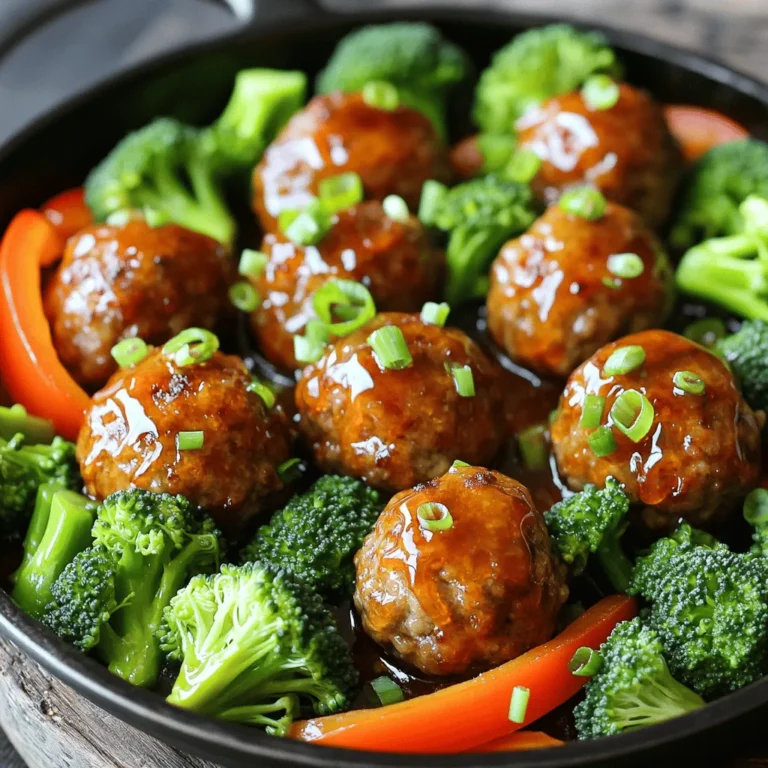 To make the Honey Garlic Meatball Skillet, you will need: - 1 lb ground beef (or ground turkey) - 1/2 cup breadcrumbs - 1/4 cup grated Parmesan cheese - 1 large egg - 2 cloves garlic, minced - 1 teaspoon salt - 1/2 teaspoon black pepper - 1/4 cup honey - 1/4 cup soy sauce (low sodium preferred) - 1 tablespoon rice vinegar - 1 tablespoon sesame oil - 1 teaspoon grated ginger - 2 cups broccoli florets - 1 red bell pepper, sliced - 2 tablespoons green onions, chopped (for garnish) These ingredients make a rich and flavorful dish. The meatballs are tender and juicy, while the sauce adds a sweet and savory touch. You can mix in extra items to enhance the dish. Consider adding: - Carrots, sliced thin - Snap peas for crunch - Mushrooms, sliced - Spinach for color and nutrition These add-ins boost flavor and nutrition. You can tailor the dish to your taste. For a deeper flavor, try these seasonings: - Red pepper flakes for heat - Garlic powder for extra garlic flavor - Onion powder to enhance the meatballs Feel free to adjust these seasonings. They help create a unique taste that fits your style. First, gather your ingredients. In a large bowl, mix 1 pound of ground beef or turkey. Add in 1/2 cup of breadcrumbs and 1/4 cup of grated Parmesan cheese. Crack in 1 large egg and add 2 minced garlic cloves. Sprinkle in 1 teaspoon of salt and 1/2 teaspoon of black pepper. Mix everything well until it’s combined. Now, shape the mixture into small balls about 1 inch wide. You should get around 20 meatballs. Place them on a plate and set them aside for later. Next, heat a large skillet over medium heat. Drizzle some sesame oil into the pan. Once it’s hot, add the meatballs. Cook them for about 5 to 7 minutes until they are brown on all sides. Once done, take them out and set them aside. In the same skillet, toss in 2 cups of broccoli florets and 1 sliced red bell pepper. Sauté these for about 3 to 4 minutes. You want them to be tender but still a bit crisp. While the veggies are cooking, grab a small bowl. Whisk together 1/4 cup of honey, 1/4 cup of low-sodium soy sauce, 1 tablespoon of rice vinegar, and 1 teaspoon of grated ginger. Once your veggies are ready, add the meatballs back to the skillet. Pour the honey garlic sauce over them and the veggies. Stir everything together to coat it well. Cook for another 3 to 4 minutes until the sauce thickens and everything is hot. Finally, remove it from heat. Top with 2 tablespoons of chopped green onions for a fresh touch. Enjoy your honey garlic meatball skillet! To make great meatballs, mix the meat with care. Use a large bowl for this. Combine ground beef, breadcrumbs, Parmesan, egg, garlic, salt, and pepper. Mix until just blended. Over-mixing can make them tough. Shape meatballs into 1-inch balls. This size helps them cook evenly. The sauce is key for flavor. Use honey and soy sauce for a sweet and salty mix. Add rice vinegar for a hint of tang. Grate ginger for an extra layer of taste. Whisk these together well before adding to the skillet. Pour it over the meatballs and veggies. Stir to coat everything well in the sauce. This ensures each bite is tasty. Serve the meatball skillet warm, right from the pan. It looks great and is easy to share. Garnish with chopped green onions for a pop of color. This dish pairs well with rice or noodles. You can also serve it with a side salad. Enjoy it with friends or family for a fun meal! {{image_2}} You can swap ground beef for ground turkey or chicken. They both work well. For a plant-based option, try using lentils or chickpeas. These choices keep flavor and texture. Broccoli and red bell pepper are great, but feel free to mix it up. You can use green beans, carrots, or even zucchini. Just chop them into small pieces. This keeps them tender when cooked. To make this dish gluten-free, use gluten-free breadcrumbs. You can also skip the breadcrumbs for a low-carb meal. For a lighter option, try using cauliflower rice instead of regular rice. It adds fiber and keeps the meal healthy. After you enjoy your Honey Garlic Meatball Skillet, store leftovers properly. First, let the dish cool down. Then, place it in an airtight container. Make sure to keep it in the fridge. Your leftovers will stay fresh for up to three days. To keep flavors intact, avoid leaving it out at room temperature. When you're ready to eat again, reheating is easy. You can use the microwave or a skillet. For the microwave, put your portion on a plate and cover it. Heat for one to two minutes, checking halfway through. If using a skillet, add a small splash of water to prevent sticking. Heat on medium until everything is warm. If you want to save some for later, freezing works great. First, let the meatballs cool completely. Then, arrange them on a baking sheet in a single layer. Freeze for one hour to firm them up. After that, transfer them to a freezer bag or container. Label the bag with the date. You can freeze them for up to three months. When ready to use, thaw overnight in the fridge before reheating. Yes, you can make the meatballs ahead of time. Form them and store them in the fridge. They will stay fresh for up to two days. For longer storage, freeze them. Place the meatballs in a single layer on a baking sheet. After they freeze, transfer them to a freezer bag. When you’re ready to cook, just thaw them and follow the recipe. Making the meatballs ahead saves time on busy days. If you need a substitute for honey, try maple syrup. It has a similar sweetness and texture. Agave nectar is another option; it's also sweet and easy to find. For a lower-calorie choice, use a sugar substitute like stevia. Just remember, the flavor will change a bit. Each option can give your dish a unique twist. To add some heat, try adding red pepper flakes to the sauce. Start with a small amount, like half a teaspoon. If you want more spice, feel free to add more. You can also use sriracha or chili paste in the sauce for a kick. Just mix it in when you whisk the sauce. For extra flavor, toss in some diced jalapeños when cooking the vegetables. This blog post covered honey garlic meatballs from start to finish. You learned about key ingredients and optional add-ins that enhance flavor. We walked through each step to prepare this dish perfectly. Tips and variations offered new ideas, like protein swaps and low-carb options. Lastly, I shared how to store and reheat leftovers. Give this recipe a try. Enjoy the process and taste the results! You’ll impress your family and friends with this easy and delicious dish.