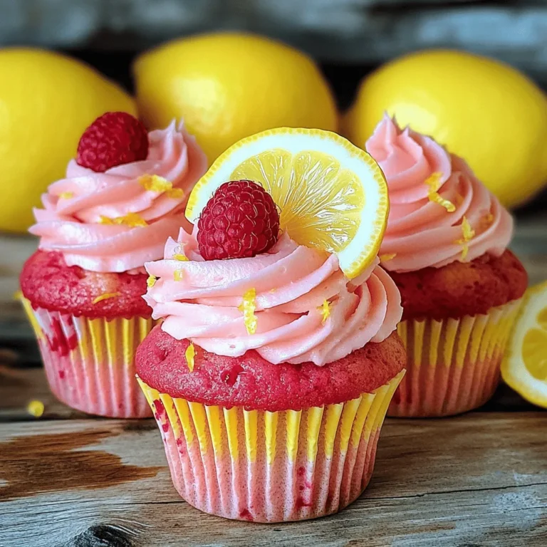 - 1 ½ cups all-purpose flour - 1 cup granulated sugar - ½ cup unsalted butter, softened - 2 large eggs - 1 teaspoon vanilla extract - ½ cup sour cream - ½ cup lemonade (freshly squeezed is best) - Zest of 1 lemon - ½ teaspoon baking powder - 1 teaspoon baking soda - ¼ teaspoon salt - ¾ cup fresh raspberries You might wonder about substitutions. If you don’t have sour cream, use plain yogurt. It works well and keeps the cupcakes moist. For the best lemon flavor, always choose fresh lemons. Bottled lemon juice lacks the vibrant taste of fresh juice. To make these cupcakes, gather your tools: - Cupcake pan - Mixing bowls and mixer - Measuring cups and spoons These items make mixing easy and ensure you get the right amounts. With the right tools, your baking will be smooth and fun! 1. Preheat your oven to 350°F (175°C). This step is key for fluffy cupcakes. 2. Line a cupcake pan with paper liners. This makes it easy to remove the cupcakes later. 3. In a large bowl, cream together ½ cup unsalted butter and 1 cup granulated sugar. Beat until the mixture is light and fluffy. This might take a few minutes, but it’s worth it! 1. Add 2 large eggs, one at a time. Mix well after adding each egg. This helps the batter come together nicely. 2. Stir in 1 teaspoon vanilla extract and the zest of 1 lemon. The zest adds a bright flavor. 3. In a separate bowl, whisk together 1 ½ cups all-purpose flour, ½ teaspoon baking powder, 1 teaspoon baking soda, and ¼ teaspoon salt. This ensures the dry ingredients are mixed well. 4. Gradually add the dry mixture to the butter mix. Alternate with ½ cup sour cream and ½ cup lemonade. Mix until just combined. Avoid overmixing. 5. Gently fold in ¾ cup fresh raspberries. Be careful not to crush them; you want lovely chunks of fruit. 1. Divide the batter evenly among the cupcake liners. Fill each one about 2/3 full to allow for rising. 2. Bake in the preheated oven for 18-20 minutes. Check for doneness by inserting a toothpick into the center. If it comes out clean, they're ready! 3. Once baked, let the cupcakes cool in the pan for 5 minutes. Then, transfer them to a wire rack to cool completely. This step prevents sogginess. To ensure the perfect cupcake texture, start with room temperature ingredients. This helps the butter cream well with sugar. Cream until it looks light and fluffy. Mix the batter gently after adding dry ingredients. This keeps the cupcakes soft and tender. To avoid overmixing the batter, add flour slowly. Mix just until combined. If you see dry flour, stop stirring. Folding in raspberries should be gentle. Use a spatula to keep them whole. This adds bursts of flavor in every bite. For the best frosting options, use lemon or raspberry icing. A lemon buttercream pairs nicely. You can also try a cream cheese frosting. Both flavors enhance your cupcakes. They add richness and a tangy taste. To create vibrant decorations, use fresh raspberries on top. A sprinkle of lemon zest gives color and flair. You can also add edible glitter for fun. These small touches make your cupcakes stand out. To serve and embellish cupcakes for special occasions, use colorful liners. A nice plate adds style too. Arrange the cupcakes in a circle. This makes a lovely display for parties. Suggestions for pairing with drinks include iced tea or lemonade. Both drinks complement the fruity flavors. A refreshing drink makes the cupcakes even better. Consider serving them at summer gatherings or picnics for smiles all around. {{image_2}} You can change the flavor of your Raspberry Lemonade Cupcakes by adding different fruits. Try blueberries or strawberries for a fun twist. You can also mix in some diced peaches for a summer vibe. If you want to make these cupcakes gluten-free, use almond flour or a gluten-free mix. For vegan options, substitute eggs with flaxseed meal and use plant-based butter. While lemon or raspberry frosting is a classic choice, you can explore other flavors. Cream cheese frosting adds a rich taste. A simple whipped cream topping is light and fluffy. For a layered cupcake, frost one layer with lemon and another with raspberry. This will give your cupcakes a fun look and taste. Decorating your cupcakes can be a blast! Use edible flowers like pansies for a beautiful touch. Fresh fruit, such as whole raspberries or lemon slices, can also brighten up your cupcakes. Get creative with cupcake wrappers too. You can find colorful or themed wrappers to make your treats stand out. Presentation matters, so think about using a cake stand for serving. To keep your raspberry lemonade cupcakes fresh, use airtight containers. Place them in a container with a lid. This helps seal in moisture. You can also use plastic wrap to cover them. Store them at room temperature for the best taste. Avoid placing them in direct sunlight or near heat. If you want to freeze your cupcakes, wait until they cool completely. Wrap each cupcake in plastic wrap. Then, place them in a freezer-safe bag. They can last up to three months in the freezer. When you are ready to eat them, take them out. Let them thaw at room temperature for about an hour. If you want to warm them, use a microwave for about 10 seconds. Raspberry lemonade cupcakes stay fresh at room temperature for about three days. If you store them in the fridge, they can last for about a week. Check for signs that they have gone bad. If you see mold or smell something off, it’s best to discard them. Enjoy your treats while they are fresh! For smooth and even frosting, start with room-temperature icing. Use a spatula to spread it gently. You can also use a piping bag for a fancy look. This gives a nice swirl on top. If you want a fun design, try different piping tips. A small offset spatula can help smooth out edges too. Yes, you can use frozen raspberries. They will work just fine. Thaw them first and drain excess juice. This helps keep your batter from getting too wet. Frozen raspberries may break apart more easily, so fold them in gently. To check if the cupcakes are done, use a toothpick. Insert it into the center of a cupcake. If it comes out clean, they are ready. Another sign is a golden top and a firm feel. If they spring back when touched, they are perfect. This blog post covered everything you need for making raspberry lemonade cupcakes. We explored the essential ingredients, tips, tools, and step-by-step baking instructions. I shared tips for perfect texture and presentation ideas for special occasions. Remember, you can customize flavors and frostings to suit your taste. Proper storage will keep your treats fresh, ensuring they stay delicious longer. With these insights, you're ready to create delightful cupcakes. Enjoy baking and impressing your friends with your tasty treats!