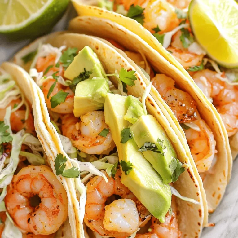 To make Air Fryer Lemon Garlic Shrimp Tacos, gather these items: - 1 lb shrimp, peeled and deveined - 2 tablespoons olive oil - 3 cloves garlic, minced - Zest and juice of 1 lemon - 1 teaspoon ground cumin - 1 teaspoon smoked paprika - Salt and pepper to taste - 8 small corn tortillas - 1 cup shredded cabbage - 1 avocado, sliced - Fresh cilantro, for garnish - Lime wedges, for serving For quality shrimp, I suggest brands like Wild American Shrimp or SeaPak. Both offer great taste and texture. For olive oil, look for extra virgin options like California Olive Ranch or Pompeian. They add rich flavor to your dish. For spices, I recommend McCormick or Simply Organic for consistent quality. If you have shellfish allergies, try chicken or tofu instead of shrimp. Both will soak up the lemon and garlic flavors. For a dairy-free option, skip the avocado or use a dairy-free spread. You can swap corn tortillas for lettuce wraps if you're looking for a low-carb option. Start by gathering your shrimp and a large bowl. Add 1 pound of peeled and deveined shrimp to the bowl. Pour in 2 tablespoons of olive oil. Next, add 3 cloves of minced garlic, the zest and juice of 1 lemon, 1 teaspoon of ground cumin, and 1 teaspoon of smoked paprika. Sprinkle in salt and pepper to taste. Toss everything together until the shrimp is coated in the marinade. This step is key for flavor. Now, it’s time to preheat your air fryer. Set it to 400°F (200°C) and let it warm up for about 5 minutes. Preheating helps cook the shrimp evenly and quickly. Once the air fryer is hot, place the marinated shrimp in the basket. Make sure to arrange them in a single layer. Do not overcrowd them; this lets the hot air flow. Cook the shrimp for 6 to 8 minutes. Shake the basket halfway through cooking to ensure even heat. You’ll know they are done when they turn pink and opaque. While your shrimp cooks, warm the 8 small corn tortillas. You can do this in a dry skillet or microwave. Once warm, it’s time to build your tacos. Start with a layer of shredded cabbage on each tortilla. Next, add a few shrimp on top. Finish with slices of avocado. Garnish each taco with fresh cilantro. Serve with lime wedges for that extra zing. Enjoy these delightful tacos right away! Marinating shrimp is key to great flavor. Use fresh garlic, lemon juice, and zest to get a bright taste. I like to marinate shrimp for at least 15 minutes. This helps the shrimp absorb all those yummy flavors. If you have more time, marinate them for up to 2 hours in the fridge. Just remember, do not marinate too long. The acid from the lemon can make shrimp tough. To cook shrimp evenly in an air fryer, lay them out in a single layer. Overcrowding the basket can lead to uneven cooking. Shake the basket halfway through cooking. This helps the shrimp cook on all sides. Keep an eye on them. Cooking them for 6-8 minutes works well, but every air fryer is a bit different. Check for a pink color to know they are done. These tacos are fun to serve in many ways. Try adding different toppings like diced tomatoes, or a drizzle of spicy sauce. You can also serve the tacos with a side of fresh salsa or a crunchy slaw. For a twist, swap corn tortillas for lettuce wraps. This adds a fresh touch and makes them lighter. Don't forget the lime wedges; they add a nice zing! {{image_2}} You can swap shrimp for chicken or fish. Chicken breast works well when cut into small pieces. Season it the same way as the shrimp. Fish like tilapia or cod can also shine here. Just remember to adjust cooking times for different proteins. Cook chicken for about 10-12 minutes and fish for 8-10 minutes. Toppings can change the whole taco game. Try adding diced tomatoes, sliced radishes, or pickled onions. A drizzle of chipotle mayo adds a nice kick. For a fresh touch, consider mango salsa. This sweet mix pairs well with the tangy shrimp and crunch of cabbage. To make these tacos low-carb, skip the tortillas. Use lettuce leaves instead. Iceberg or romaine works great as a wrap. You can also add avocado for healthy fats. It adds creaminess and pairs nicely with the lemon garlic shrimp. After enjoying your Air Fryer Lemon Garlic Shrimp Tacos, store any leftovers in an airtight container. Make sure the shrimp and tortillas are separate. This helps keep the tortillas from getting soggy. You can keep them in the fridge for up to three days. If you want to store the shrimp longer, place them in a sealed bag with as much air removed as possible. To reheat, you can use the air fryer again. Preheat it to 350°F (175°C). Heat the shrimp for about 3-5 minutes. This keeps them juicy and warm. For the tortillas, wrap them in a damp paper towel and microwave for 20-30 seconds. This will make them soft again. If you have extra shrimp, you can freeze them. Place cooked shrimp in a single layer on a baking sheet and freeze for one hour. After that, transfer them to a freezer-safe bag. They can stay good for up to three months. Just remember, thaw them in the fridge before reheating for the best taste. To cook shrimp perfectly, look for a pink color. The shrimp should curl into a C shape. This means they are done. Overcooked shrimp turn tough and rubbery. Keep an eye on the cooking time. For air frying, cook for 6-8 minutes. Shake the basket halfway through to even cooking. Yes, you can use frozen shrimp. Just remember to thaw them first. Place the shrimp in a bowl of cold water for about 15-20 minutes. This helps them thaw quickly. After thawing, pat them dry with a paper towel. This step ensures the marinade sticks well. You can add many fun garnishes to shrimp tacos. Try diced tomatoes or red onions. A drizzle of spicy sauce adds a nice kick. You can also use sour cream for creaminess. Fresh lime juice brightens up the flavors too. Choose what you love most! To kick up the heat, add chili powder or cayenne pepper to the marinade. You can also include diced jalapeños in the tacos. Sliced fresh chili peppers on top give a burst of spice. A drizzle of hot sauce is another great option. Adjust the spice level to fit your taste! Yes, air fryer shrimp tacos are healthier than fried ones. The air fryer uses less oil, cutting down on fat. You still get a crispy texture without deep frying. This makes it a better choice for many diets. Enjoy the same great flavor with fewer calories! In this blog post, we explored making delicious shrimp tacos in an air fryer. We covered key ingredients, suggested brands, and dietary substitutions. You learned step-by-step instructions to prepare shrimp and assemble your tacos. I shared tips for marinating and cooking shrimp evenly. We also discussed variations, storage tips, and answered common questions. Remember, you can personalize your tacos to fit your taste. Enjoy experimenting with flavors and make these tacos your own!