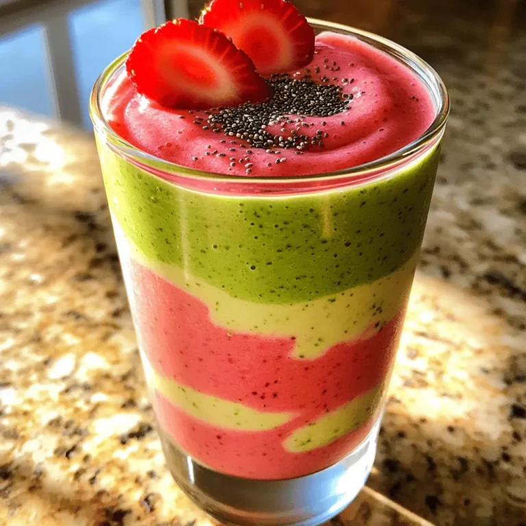 To make a delicious Strawberry Spinach Smoothie, gather these simple ingredients: - 1 cup fresh spinach, washed and chopped - 1 cup strawberries, hulled and halved - 1 banana, sliced - 1/2 cup Greek yogurt (plain or vanilla) - 1 cup almond milk (or any milk of choice) - 1 tablespoon honey or maple syrup (optional, to taste) - 1 tablespoon chia seeds - Ice cubes (optional, for a chilled smoothie) You can change this smoothie to fit your taste. Here are some options: - Swap almond milk for coconut milk or oat milk. - Use any fresh fruit like blueberries or mango instead of strawberries. - If you want a creamier texture, try adding avocado. - You can replace Greek yogurt with a dairy-free yogurt or silken tofu. Each ingredient in this smoothie has amazing health benefits. - Spinach: It packs vitamins A, C, and K. It also has iron, which helps your blood. - Strawberries: They are full of vitamin C and antioxidants. They can help your heart. - Bananas: They give you energy and contain potassium. This can help your muscles. - Greek Yogurt: It has protein and probiotics, which are good for your gut. - Chia Seeds: They are high in fiber and omega-3 fatty acids. They can keep you full longer. This smoothie is not just tasty; it is a treat for your body too! First, gather your ingredients. You need fresh spinach, strawberries, and a banana. Make sure to wash the spinach well and chop it. Hull and halve the strawberries. Slice the banana into small pieces. This helps the blender mix everything smoothly. Next, add the spinach, strawberries, and banana to the blender. Pour in the Greek yogurt and almond milk. If you want it sweeter, add honey or maple syrup. Sprinkle in the chia seeds for extra nutrition. Secure the lid tightly. Blend on high speed until the mix is smooth and creamy. If you like a thicker smoothie, toss in a handful of ice cubes. Blend again until you reach the texture you want. Remember to taste your smoothie. If it needs more sweetness, just add a little more honey or syrup. This way, you can make it perfect for your taste! To make the best Strawberry Spinach Smoothie, start with fresh ingredients. Look for vibrant spinach and bright red strawberries. Fresh spinach adds a crisp taste and vital nutrients. Choose strawberries that smell sweet and are firm. Always wash your spinach and strawberries well. This removes dirt and pesticides. For the best flavor, use ripe bananas. They should be yellow with a few brown spots. Want to boost the taste? Try adding a splash of vanilla extract. This gives a rich flavor to the smoothie. You can also use flavored Greek yogurt for a twist. For a fun kick, add a pinch of cinnamon. It adds warmth and depth. If you like a tangy taste, squeeze in some lemon juice. This brightens up the flavors. Adjust the sweetness based on your taste. Start with one tablespoon of honey or maple syrup. Blend and taste. If you want it sweeter, add more. You can control the texture too. For a thicker smoothie, add more ice cubes. For a thinner texture, add more almond milk. Keep blending until you reach your desired consistency. {{image_2}} You can mix fruits to change the flavor. Try using blueberries or raspberries. These berries add a nice twist. You can also use mango for a tropical taste. Adjust the amount of spinach if you want more fruit. Each fruit brings its own benefits and flavors. To make this smoothie dairy-free, swap Greek yogurt for coconut yogurt. Almond milk works well, but you can use oat or soy milk too. For sweetness, use maple syrup instead of honey. This keeps the smoothie vegan and still tasty. Want more nutrition? Add a scoop of protein powder. You can also add more seeds like flaxseed. Nut butters, like almond or peanut, add creaminess and protein. For a vitamin boost, toss in some kale. These additions make your smoothie even healthier. If you have smoothie left, store it in the fridge. Use a sealed jar or bottle. Drink it within one day for the best taste. The smoothie can lose its freshness and nutrients over time. You can freeze leftover smoothie for later. Pour it into ice cube trays or freezer-safe bags. This way, you can use it for quick drinks or snacks. To thaw, place it in the fridge overnight. Choose glass jars or BPA-free plastic containers. These keep the smoothie fresh and safe. Make sure the container seals tightly. This helps keep air out and flavor in. To make a Strawberry Spinach Smoothie, gather your ingredients. You need fresh spinach, strawberries, banana, Greek yogurt, almond milk, chia seeds, and optional sweeteners. Start by washing and chopping the spinach. Then hull and half the strawberries. Slice the banana. In a blender, combine the spinach, strawberries, and banana. Add Greek yogurt and almond milk. If you want more sweetness, add honey or maple syrup. Then, sprinkle in chia seeds for extra nutrition. Blend everything on high speed until smooth. If you want it colder, add ice cubes and blend again. Taste it, and adjust sweetness if needed. Pour into a glass and enjoy! Yes, you can use frozen strawberries! They make your smoothie cold and thick. Frozen fruit often has a similar taste and nutrition as fresh fruit. If you use frozen strawberries, you might not need ice cubes. Just blend the frozen strawberries with the other ingredients. This will give your smoothie a nice, chilled texture. This smoothie is packed with health benefits. Spinach is rich in vitamins and minerals. It helps with digestion and boosts your immune system. Strawberries are full of antioxidants. They support heart health and can help lower blood pressure. Bananas provide energy and potassium. Greek yogurt adds protein, which keeps you full longer. Chia seeds are a great source of fiber, which aids digestion. Overall, this smoothie delivers essential nutrients and supports a healthy diet. In this article, we explored how to create a delicious smoothie. We covered the complete ingredient list, optional substitutions, and the nutritional benefits. You learned step-by-step instructions for blending and mixing. Tips for fresh ingredients, flavor boosts, and customizing sweetness were also shared. Finally, we discussed variations, storage methods, and answered common questions. Make your smoothie fun, tasty, and healthy. Enjoy experimenting with flavors and ingredients to find your favorite blend!