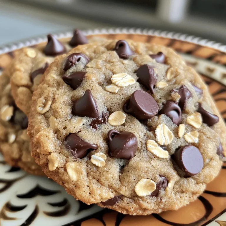 When you make Chocolate Chip Banana Oat Cookies, you need simple and good ingredients. Here’s what you will use: - 2 ripe bananas, mashed - 1 cup rolled oats - 1/2 cup almond flour - 1/2 teaspoon baking soda - 1/4 teaspoon salt - 1/4 cup honey or maple syrup - 1/2 teaspoon vanilla extract - 1/3 cup dark chocolate chips - Optional: 1/4 cup chopped walnuts or pecans These ingredients come together to create a tasty cookie. Each item plays a special role. The ripe bananas add sweetness and moisture. Rolled oats give great texture. Almond flour keeps the cookies soft. Baking soda helps them rise, while salt boosts flavor. Honey or maple syrup acts as a natural sweetener. Vanilla extract adds warmth. Dark chocolate chips give a rich taste. If you like, walnuts or pecans add a nice crunch. Prep Time: 10 minutes Total Time: 25 minutes Servings: 12 cookies This recipe is easy and quick. You can enjoy these cookies fresh from the oven in just 25 minutes! First, set your oven to 350°F (175°C). This temperature helps the cookies bake evenly. While the oven heats, grab a baking sheet and line it with parchment paper. This step keeps the cookies from sticking and makes clean-up easy. Next, take your ripe bananas and mash them in a large bowl. You want them smooth but not too runny. Then, mix in the rolled oats, almond flour, baking soda, and salt. Stir until the dry ingredients blend well with the bananas. Now, pour in your honey or maple syrup and add the vanilla extract. Mix everything until you have a smooth dough. Finally, gently fold in the dark chocolate chips. If you like nuts, add the walnuts or pecans now. To shape the cookies, use a tablespoon or cookie scoop. Drop spoonfuls of dough onto the lined baking sheet. Make sure to leave space between each cookie. This space helps them bake evenly. Next, flatten each cookie a bit with the back of your spoon. Bake the cookies in the oven for 12 to 15 minutes. Look for golden brown edges as a sign they are done. After baking, let them cool on the sheet for 5 minutes before moving them to a wire rack. For the best cookies, your dough must have the right consistency. Start with ripe bananas. They should be soft and easy to mash. If your bananas are firm, your cookies may turn out dry. Mix the dry ingredients well before adding wet ones. This helps blend flavors evenly. Measuring your ingredients is key. Use a kitchen scale for accuracy. If you don’t have one, use measuring cups. Make sure to scoop your flour lightly. Don’t pack it down. For honey or syrup, a liquid measuring cup works best. Arrange your cookies neatly on a decorative plate. A simple white plate makes the colors pop. You can sprinkle extra chocolate chips on top for a lovely touch. A few whole nuts can also add charm. This small step can impress your guests. Consider serving cookies warm. This makes them taste even better. You can also add a scoop of ice cream next to the cookies. It makes a fun dessert! To keep your cookies fresh, store them in an airtight container. They can last up to a week. If you want to keep them longer, consider freezing them. Place cookies in a single layer in a freezer bag. This keeps them from sticking together. When reheating, use the microwave. Just 10 to 15 seconds will bring back warmth. For a crispy edge, pop them in the oven for a few minutes at 350°F. Enjoy your delicious cookies anytime! {{image_2}} You can change the flavors in these cookies easily. Adding spices like cinnamon or nutmeg makes them warm and cozy. Just a pinch can bring a new twist to the taste. You can also switch the chocolate. Try milk chocolate or even white chocolate for a sweeter treat. Each type of chocolate adds its own charm. If you need a gluten-free option, use oat flour instead of almond flour. It works just as well and keeps the cookie soft. For a vegan choice, swap honey with maple syrup. It adds sweetness without any animal products. These changes make the cookies good for different diets. You can add fun mix-ins to change the texture and flavor. Dried fruits like cranberries or apricots add chewiness. Chia seeds can also boost nutrition and add crunch. If you like nuts, consider walnuts or pecans. They add a nice crunch and nutty flavor. Each mix-in gives a new taste and feel to the cookies. To make cookies chewy, use these tips: - Use brown sugar: Brown sugar holds more moisture than white sugar. - Don’t overbake: Remove them when the edges are golden but the center is soft. - Add extra oats: More oats can help create a chewy texture. - Chill the dough: This helps the cookies spread less while baking. These simple steps help your Chocolate Chip Banana Oat Cookies stay soft and chewy. Yes, you can freeze these cookies. Here are some guidelines: - Cool completely: Let the cookies cool before freezing. - Use an airtight container: This will keep them fresh and prevent freezer burn. - Layer with parchment paper: If stacking, place parchment between layers to avoid sticking. - Thawing: Leave them at room temperature for a few hours before enjoying. Freezing preserves the taste and texture of your cookies for later treats. If you don’t like banana, try these alternatives: - Applesauce: It offers moisture and sweetness. Use the same amount as bananas. - Pumpkin puree: This adds flavor and keeps the cookies moist. - Yogurt: Use plain yogurt for a creamy texture. It might change the taste slightly. These substitutions keep your cookies tasty and enjoyable without bananas. If you love these cookies, try these great recipes: - Peanut Butter Oatmeal Cookies: A nutty twist with rich flavor. - Healthy Chocolate Chip Cookies: Lower in sugar but high in taste. - Pumpkin Oat Cookies: Perfect for fall with warm spices. To make these cookies, you will need: - Mixing bowl - Fork or potato masher - Measuring cups and spoons - Baking sheet - Parchment paper - Cookie scoop or tablespoon - Wire rack for cooling These cookies are not just tasty; they are also good for you. Here’s a quick look at the nutrition: - Calories: About 120 per cookie - Carbohydrates: 18g - Fiber: 2g - Protein: 2g - Healthy Fats: From almond flour and optional nuts These cookies pack a punch with fiber from oats and bananas. Enjoy the sweetness from honey or maple syrup, along with dark chocolate benefits! In this blog post, I shared a simple, tasty recipe for Chocolate Chip Banana Oat Cookies. You learned about the ingredients, step-by-step instructions, and tips for perfect cookies. We explored fun variations and how to store your cookies for freshness. Baking these cookies is easy and rewarding. You can modify the recipe to fit your tastes or dietary needs. Try making these delicious treats today, and enjoy the sweet rewards of your work!
