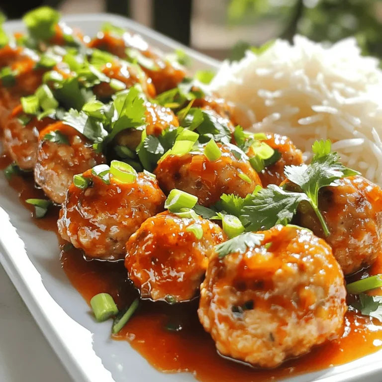 - 1 lb ground chicken - 1/2 cup breadcrumbs - 1 cup sweet chili sauce To make sweet chili chicken meatballs, you need a few key ingredients. Ground chicken is the star. It gives the meatballs a nice texture. Breadcrumbs hold everything together, keeping the meatballs moist. Sweet chili sauce adds that perfect blend of sweet and spicy. - 1/4 cup grated Parmesan cheese - 1/4 cup green onions, finely chopped - 1/4 cup cilantro, finely chopped - 1 garlic clove, minced - 1 egg, lightly beaten - 1 teaspoon salt - 1/2 teaspoon black pepper - 1/2 teaspoon red pepper flakes (optional) These optional ingredients boost the flavor. Parmesan cheese adds richness. Green onions and cilantro give freshness. Garlic adds depth. Eggs help bind the meatballs, while salt and black pepper enhance the taste. Red pepper flakes bring heat if you like it spicy. - Mixing bowl - Skillet - Baking sheet You only need a few tools to make these meatballs. A mixing bowl is key for combining the ingredients. A skillet is perfect for cooking them evenly. A baking sheet helps you shape the meatballs before cooking. With these ingredients and tools, you are set to make sweet chili chicken meatballs that will wow your friends and family! To start, gather all the ingredients in a large mixing bowl. You will need: - 1 lb ground chicken - 1/2 cup breadcrumbs - 1/4 cup grated Parmesan cheese - 1/4 cup green onions, finely chopped - 1/4 cup cilantro, finely chopped - 1 garlic clove, minced - 1 egg, lightly beaten - 1 teaspoon salt - 1/2 teaspoon black pepper - 1/2 teaspoon red pepper flakes (optional) Mix everything well until you see no dry spots. Be careful not to overmix. Overmixing makes the meatballs tough. You want them soft and tender. Next, shape the mixture into small meatballs. Aim for about 1 inch in diameter. Place them on a baking sheet lined with parchment paper. Now, heat 2 tablespoons of sesame oil in a large skillet over medium heat. Once the oil is hot, add the meatballs in batches. Avoid crowding the pan. This helps them cook evenly. Cook for about 6-8 minutes, turning them to brown all sides. Make sure they reach an internal temperature of 165°F. Once cooked through, remove the meatballs from the skillet. Place them in a large mixing bowl. Pour 1 cup of sweet chili sauce over the meatballs. Gently toss to coat them well. Then, return the coated meatballs to the skillet for 2-3 more minutes on low heat. This warms the sauce and helps the flavors mix. Enjoy your sweet chili chicken meatballs! To make great sweet chili chicken meatballs, texture is key. You want them soft and tender. The first rule is to not overmix the meat. When you mix the ground chicken with other ingredients, do it gently. If you mix too much, the meatballs can become tough. - Mix until just combined. - Keep the meatballs small, around 1 inch in size. This size helps them cook evenly and stay moist. Remember, a light touch goes a long way! You can cook your meatballs in two main ways: skillet frying or baking. - Skillet Frying: This method gives a nice crust. Heat sesame oil in a skillet over medium heat. Cook the meatballs in batches. Don’t overcrowd the pan, or they will steam instead of brown. - Baking: For a healthier option, you can bake them. Preheat your oven to 400°F. Place the meatballs on a baking sheet and cook for about 20 minutes. To check for doneness, use a meat thermometer. The internal temperature should reach 165°F. This ensures they are safe to eat. Pair these meatballs with some tasty side dishes. They go great with steamed jasmine rice. You can also serve them with a fresh green salad. For presentation, arrange the meatballs on a platter. Garnish with extra chopped green onions and cilantro. A drizzle of sweet chili sauce on top makes it look even better. This simple touch impresses your guests and makes the dish pop! {{image_2}} You can swap ground chicken for ground turkey or beef. Both options work well. Just keep the other ingredients the same. This change can add different flavors and textures. For a vegetarian option, use chickpeas or lentils. Mash them up and follow the same steps. These meatballs stay tasty and satisfying! Get creative with flavors! Add spices like cumin or paprika for a twist. You can also use different sauces. Try adding soy sauce or hoisin sauce for a unique touch. For dipping sauces, mix plain yogurt with herbs. You can also blend peanut butter with a bit of soy sauce. These will enhance the meatballs and add zing! Do you like it mild or spicy? If you prefer mild, skip the red pepper flakes. You can also add just a pinch for a hint of heat. For spicy lovers, boost the red pepper flakes or add sriracha to the sauce. Taste as you go, and adjust it to fit your tongue. This way, everyone can enjoy the meatballs! Sweet chili chicken meatballs last about 3 to 4 days in the fridge. Store them in an airtight container to keep them fresh. Make sure they cool down first before sealing. This helps prevent moisture build-up. To freeze meatballs, first cool them completely. Then, place them in a single layer on a baking sheet. Once frozen solid, transfer them to a freezer bag. This method prevents them from sticking together. They can stay frozen for up to 3 months. To reheat, take the meatballs from the freezer and thaw overnight in the fridge. You can warm them in a skillet on low heat or microwave them. Add a splash of water to keep them moist. You can enjoy leftover meatballs in various ways. Chop them up and add them to a stir-fry with veggies. They also taste great in a sub sandwich with cheese. Another option is to mix them into pasta with marinara sauce. Serve with a green salad for a balanced meal. To check if the meatballs are cooked, use a meat thermometer. The safe internal temperature is 165°F. Insert the thermometer into the center of a meatball. If it reads 165°F or higher, your meatballs are done. Cooking time is also a good guide. If the meatballs are golden brown on the outside and firm to the touch, they are likely cooked. Always cut one open to check if the inside is no longer pink. Yes, you can make these meatballs ahead of time. Form the meatballs and place them on a baking sheet. Cover them and store them in the fridge for up to a day. This saves time for busy nights. You can also freeze them. Just place the uncooked meatballs on a baking sheet and freeze until firm. Then, transfer them to a freezer-safe bag. They can last for up to three months. When ready to cook, no need to thaw; just add a few extra minutes to the cooking time. Sweet chili chicken meatballs pair well with many sides. Here are some ideas: - Steamed jasmine rice - Fresh green salad - Stir-fried vegetables - Noodles with soy sauce - Garlic bread For drinks, try a light beer or iced tea. These flavors complement the sweet and spicy notes of the meatballs well. Enjoy your meal! These sweet chili chicken meatballs are simple and tasty. We covered the key ingredients and tools needed to make them. I shared step-by-step instructions and tips to achieve perfect texture and flavor. You can even try different proteins or spice levels. Remember, storing them correctly will keep them fresh longer. These meatballs are versatile and easy to enjoy in many ways. Use your favorite sides to make a great meal. Enjoy your cooking adventure!