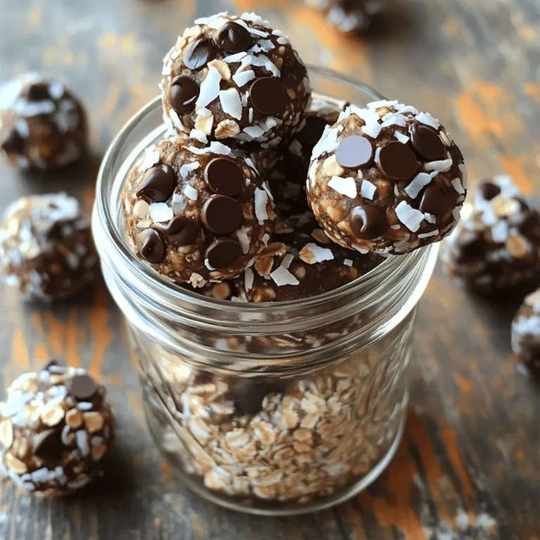- 1 cup rolled oats - ½ cup almond butter or peanut butter - ½ cup unsweetened shredded coconut - ¼ cup honey or maple syrup - ¼ cup dark chocolate chips - 1 teaspoon vanilla extract - ¼ teaspoon sea salt - Optional: 2 tablespoons chia seeds or hemp seeds Using fresh ingredients is key to making great energy bites. Rolled oats form the base. They add fiber and help you feel full. Nut butter gives richness and protein. You can choose almond or peanut butter based on your taste. Sweeteners like honey or maple syrup add sweetness and stickiness. Dark chocolate chips bring a rich flavor. Vanilla extract adds warmth, while sea salt balances sweetness. If you're looking for extra nutrition, chia or hemp seeds are great additions. - Benefits of oats: Oats are high in fiber. They help with digestion and keep you full longer. - Health advantages of nut butter: Nut butter is a good source of protein and healthy fats. It supports heart health and energy. - Advantages of dark chocolate: Dark chocolate is rich in antioxidants. It can boost your mood and provide a delicious taste. Each ingredient plays a role in making these bites tasty and good for you. Combining them leads to a snack that not only satisfies but also nourishes. - Dairy-free options: Use almond or coconut milk in recipes that call for dairy. - Nut-free alternatives: Try sunflower seed butter or soy nut butter if you avoid nuts. - Sugar substitutes: Use agave syrup or stevia instead of honey or maple syrup for a lower-calorie option. These substitutions help you customize the bites based on your dietary needs. Making these small changes keeps the recipe flexible and fun. 1. In a large mixing bowl, combine the rolled oats, almond or peanut butter, shredded coconut, honey or maple syrup, vanilla extract, and sea salt. 2. If you want more nutrition, add chia seeds or hemp seeds. This adds a nice crunch. 3. Mix everything well. You can use your hands to ensure it all comes together. You want a sticky mixture. 4. Fold in dark chocolate chips. Make sure they spread evenly throughout the mix. 1. Chill the mixture in the refrigerator for about 30 minutes. This helps it firm up. 2. After chilling, scoop out tablespoon-sized portions. Roll them into balls using your palms. 3. Place the energy bites on a parchment-lined baking sheet. 4. Refrigerate again for another 30 minutes. This makes the bites firmer and easier to eat. - For a fun presentation, arrange the energy bites on a decorative plate. You can also use a mason jar for a cute display. - Sprinkle some extra shredded coconut on top for added flair. - Pair these bites with a glass of milk or a smoothie for a tasty snack. - Overmixing or undermixing: Mixing too much can make the bites tough. If you mix too little, they won't hold together. Aim for a well-blended texture. Use your hands if needed for a good mix. - Incorrect chilling times: Chilling is key. If you skip this step, the bites will be too soft. Chill for at least 30 minutes before rolling. This makes the mixture easier to shape. - Adding spices like cinnamon: A little cinnamon brings warmth and depth. Just a pinch can change the flavor. Try it for a cozy twist. - Suggestions for nut variations: You can switch almond butter for cashew or sunflower seed butter. Each nut adds a unique taste and texture. Experiment to find your favorite! - Involving children in the preparation: Kids love to help! Let them mix and scoop. This makes cooking fun and teaches them about food. - Making it fun with different shapes: Use cookie cutters to shape the bites. This adds a playful touch. Kids can make stars, hearts, or any shape they like! {{image_2}} You can boost the taste of your energy bites by adding dried fruits. Try chopped dates, cranberries, or apricots. These fruits add natural sweetness and chewiness. You can also mix in spices for a flavor twist. Cinnamon or nutmeg adds warmth. A pinch of sea salt brings out all the flavors. To make these bites vegan, swap honey for maple syrup. This simple change keeps your snack plant-based. For gluten-free options, ensure your oats are certified gluten-free. This small step helps everyone enjoy these tasty bites safely. Think beyond snacking! Use these energy bites as toppings on yogurt or smoothie bowls. They add crunch and flavor. You can also toss them into trail mixes. This makes a perfect snack for hikes or road trips. Enjoy the energy boost wherever you go! Store your Coconut Chocolate Energy Bites in airtight containers. This keeps them fresh longer. Place the bites in the fridge to avoid spoilage. The cool air helps maintain their texture and flavor. To freeze energy bites, place them in a single layer on a tray. Once frozen, transfer them to a freezer-safe bag or container. This method prevents sticking. For thawing, simply take out the number of bites you want. Let them sit at room temperature for about 10-15 minutes before enjoying. These energy bites last in the fridge for up to one week. Look for signs of spoilage like an off smell or a change in texture. If they feel dry or hard, it’s best to discard them. Keeping an eye on these signs ensures you enjoy them at their best! Each energy bite has about 100 calories. If you make 12 to 15 bites, that adds up quickly. These bites are a tasty snack that gives you energy without too many calories. They mix oats, nut butter, and dark chocolate for a healthy treat. Yes, you can use almond butter or peanut butter. Each nut butter adds a unique flavor. Almond butter gives a sweet taste, while peanut butter has a strong, nutty flavor. You can also try sunflower seed butter for a nut-free option. They take about 10 minutes to prep and 1 hour to chill. The total time is around 1 hour and 10 minutes. You mix the ingredients, chill them, and then shape the bites. It is quick and easy! Yes, you can add protein powder. It boosts nutrition and keeps you full longer. Use about 1 to 2 tablespoons in the mix. Choose a flavor that complements the bites, like vanilla or chocolate. This blog post covers how to make delicious Coconut Chocolate Energy Bites. You learned about key ingredients, their health benefits, and how to prepare and store them. I shared tips to avoid common mistakes and suggested fun ways to get kids involved. Lastly, you discovered variations and answers to frequently asked questions. These tasty bites are easy to make and nutritious too. Enjoy creating your own versions and sharing them with family and friends. Healthy snacks can be exciting and fun!