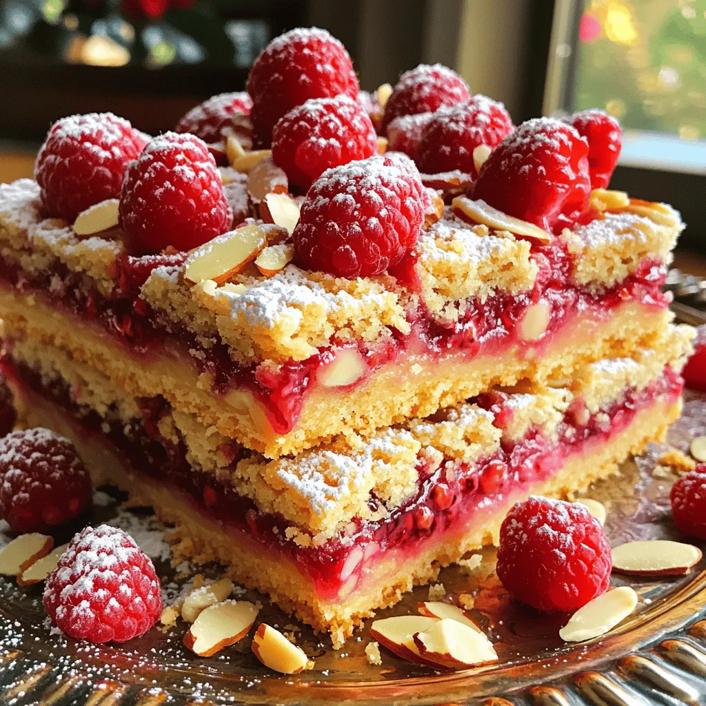 To make Raspberry Almond Shortbread Bars, gather these simple ingredients: - 2 cups all-purpose flour - 1/2 cup powdered sugar - 1 cup unsalted butter, softened - 1/2 teaspoon almond extract - 1/4 teaspoon salt - 1 cup fresh raspberries (or frozen, thawed and drained) - 1/4 cup sliced almonds - 1 tablespoon granulated sugar (for topping) Each ingredient plays a key role in the flavor and texture of these bars. The flour gives structure. The butter adds richness, while the powdered sugar sweetens the dough. Almond extract brings a lovely nutty taste. Fresh raspberries add a tart contrast, and sliced almonds provide a crunchy finish. You might want to change things up. Here are some good options: - Alternatives for fresh raspberries: You can use strawberries or blueberries. They work well and provide a fruity burst. - Options for sugar types: You can swap powdered sugar with granulated sugar if you prefer. Just keep in mind, the texture may change slightly. - Vegan alternatives for butter: Use vegan butter or coconut oil. Both options will still make delicious bars. These substitutions let you customize the recipe to fit your taste or dietary needs. 1. First, preheat your oven to 350°F (175°C). This helps bake the bars evenly. 2. Next, grease a 9x9 inch baking pan. Line it with parchment paper, leaving some overhang. This makes it easy to lift the bars out later. 3. In a mixing bowl, cream together 1 cup of softened butter and 1/2 cup of powdered sugar. Beat until the mixture is light and fluffy. 1. Now, add 2 cups of all-purpose flour, 1/2 teaspoon of almond extract, and 1/4 teaspoon of salt to the butter mix. 2. Mix until just combined; the dough will be crumbly. It should hold together when pressed. 3. Take about two-thirds of the dough and press it evenly into the bottom of your prepared pan. This forms the shortbread base. 1. Spread 1 cup of fresh raspberries over the pressed dough. Make sure to cover it evenly. 2. Crumble the remaining one-third of dough over the raspberries. This creates a nice texture. 3. Sprinkle 1/4 cup of sliced almonds on top. 4. Finally, add 1 tablespoon of granulated sugar over everything. This adds sweetness and a nice crunch when baked. - How to achieve perfect golden edges: Bake the bars at 350°F (175°C) for 25-30 minutes. Keep an eye on the edges as they turn golden brown. If the center still looks pale, give it a few more minutes. The golden color shows the shortbread is done. - Avoiding undercooked centers: Use a toothpick to test the center. Insert it into the middle of the bars. If it comes out clean, your bars are ready. If it has wet batter, bake them a bit longer. - Presentation ideas for serving: Cut the cooled bars into squares or rectangles. Place them on a nice platter. Add fresh raspberries and a dusting of powdered sugar for a pretty finish. - Pairing options with beverages: Enjoy these bars with a cup of tea or coffee. The nutty flavor of almond pairs well with both. You can also serve them with a glass of chilled lemonade for a refreshing treat. - Fixing crumbly dough: If your dough is too crumbly, it may need more moisture. Add a teaspoon of cold water or milk. Mix gently until it holds together better. - Handling overbaked edges: If you bake the bars too long, the edges may become hard. To fix this, let them cool completely. Then, trim off the overbaked edges with a sharp knife. This will help keep the soft center intact. {{image_2}} You can make these bars even more exciting with a few simple changes. Adding citrus zest, like lemon or orange, brings a fresh twist. Just mix in a teaspoon of zest when you add the almond extract. Using different nuts can also change the taste and texture. Try chopped walnuts or hazelnuts instead of almonds for a unique flavor. If you want to switch up the fruit, strawberries or blueberries work great. Just use the same amount as raspberries. You can also use jam instead of fresh fruit. Spread a layer of your favorite jam on the dough base before adding the crumbled topping. This gives a sweet and fruity flavor that everyone will love. For gluten-free options, replace the all-purpose flour with gluten-free flour. Make sure to check that your other ingredients are gluten-free too. If you want a low-sugar treat, you can use a sugar substitute in place of powdered sugar. Just check the package for the right amount to use. These small changes let everyone enjoy these tasty bars! To keep your Raspberry Almond Shortbread Bars fresh, use an airtight container. Glass or plastic containers both work well. Store them at room temperature, away from heat and light. This keeps them soft and tasty for days. You can freeze these bars for later. First, let them cool completely. Then, wrap them in plastic wrap, and place them in a freezer bag. Don't forget to squeeze out the air. To defrost, take them out a few hours before serving. Let them sit at room temperature. This way, they taste fresh again. These bars last about a week at room temperature. Keep an eye out for any signs of spoilage. If you see mold or an off smell, it’s best to throw them away. Enjoy your sweet treats while they’re fresh! Can I use frozen raspberries? Yes, you can! Frozen raspberries work well. Just thaw and drain them before use. This ensures your bars do not get too soggy. How to make these bars ahead of time? You can make these bars a day in advance. Bake and cool them fully. Store the bars in an airtight container at room temperature. This keeps them fresh. Can I replace almond extract with vanilla extract? You can swap almond extract for vanilla extract. The taste will change a bit, but it will still be tasty. Caloric content per serving Each bar has about 150 calories. This is a nice treat without overdoing it. Breakdown of nutritional values - Total fat: 8g - Saturated fat: 5g - Carbohydrates: 20g - Sugars: 6g - Protein: 2g These bars offer a sweet bite with some healthy fats. What to do if my bars are not browning? If your bars are not browning, check your oven temperature. You can also extend the baking time by 5 minutes. Watch closely to prevent burning. Adjustments for high-altitude baking At high altitudes, reduce sugar by 1 to 2 tablespoons. Increase baking time by 5 to 10 minutes. You may need to add a bit more flour to keep the bars firm. You now have a complete guide to making delicious raspberry shortbread bars. We covered the key ingredients, optional substitutes, and easy step-by-step instructions. You learned tips to get the best results and explored tasty variations. With proper storage techniques, your bars will stay fresh, too. Enjoy experimenting with different fruits and flavors. Baking is simple and fun, and this recipe is perfect for anyone to try. Happy baking!