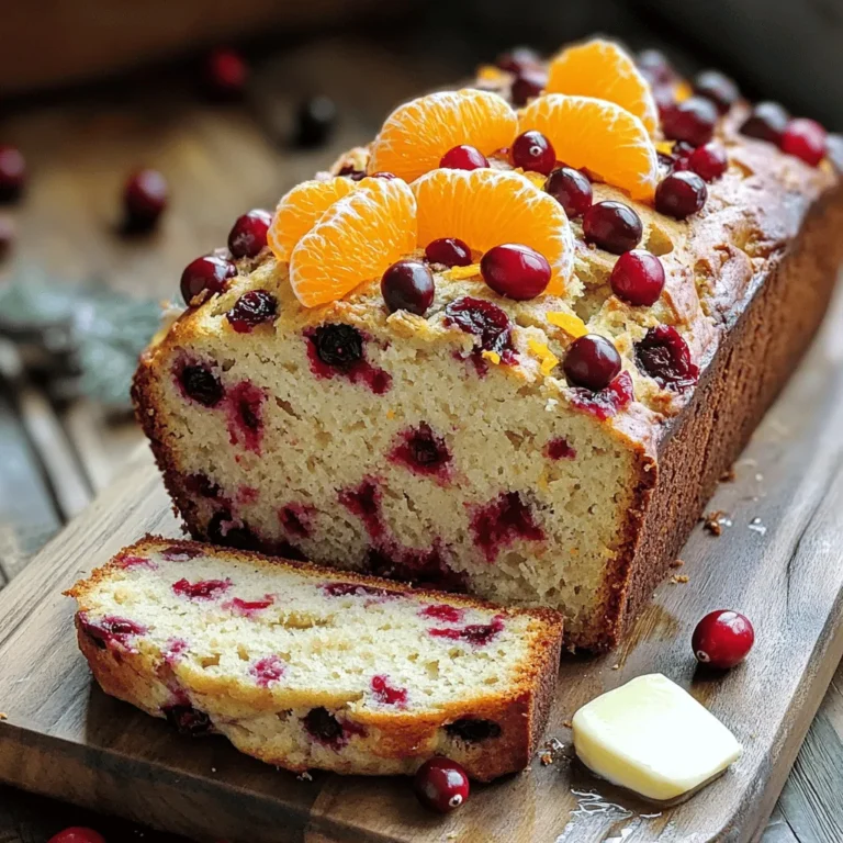 To make Cranberry Orange Bread, you need fresh, bright flavors. Here’s what you’ll need: - 1 ½ cups all-purpose flour - 1 cup fresh cranberries, chopped - 1 teaspoon baking powder - ½ teaspoon baking soda - ½ teaspoon salt - ½ cup unsalted butter, softened - ¾ cup granulated sugar - 2 large eggs - 1 tablespoon orange zest - ½ cup orange juice (freshly squeezed) - 1 teaspoon vanilla extract - 1 teaspoon ground cinnamon These ingredients blend to create a sweet, tangy bread. The cranberries bring a tartness that pairs well with the orange. You can enhance the taste with these add-ins: - ½ cup chopped walnuts or pecans These nuts add crunch and richness. You can also try adding chocolate chips or a sprinkle of dried fruit for more variety. Gather these tools before you start: - A 9x5 inch loaf pan - Mixing bowls (one large, one medium) - A whisk for dry ingredients - A spatula for mixing - An oven thermometer for accurate baking Having the right tools makes baking easier and more fun. Enjoy the process as you create this delicious bread! Start by preheating your oven to 350°F (175°C). This helps the bread bake evenly. While the oven heats, take a 9x5 inch loaf pan and grease it well. You can use butter or cooking spray. This step keeps the bread from sticking. In a medium bowl, add 1 ½ cups of all-purpose flour. Next, mix in 1 teaspoon of baking powder, ½ teaspoon of baking soda, ½ teaspoon of salt, and 1 teaspoon of ground cinnamon. Whisk these ingredients together. This creates a nice blend that helps the bread rise and gives it flavor. In a large mixing bowl, take ½ cup of softened unsalted butter. Add ¾ cup of granulated sugar to the bowl. Use a mixer to cream them together until the mixture looks light and fluffy. This step adds air to the batter. It makes the bread soft and tender. Now, add 2 large eggs to the butter and sugar mixture. Mix well after each egg. Then stir in 1 tablespoon of orange zest and 1 teaspoon of vanilla extract. Gradually mix in the dry ingredients. Alternate adding the dry mix with ½ cup of freshly squeezed orange juice. Mix just until combined. Be careful not to overmix, as this can make the bread tough. Gently fold in 1 cup of chopped fresh cranberries. If you like nuts, add ½ cup of chopped walnuts or pecans. Use a spatula to ensure everything is evenly mixed. This adds bursts of flavor and texture to your bread. Pour the batter into the greased loaf pan. Smooth the top using a spatula. Place the pan in the oven and bake for 55-65 minutes. Check for doneness by inserting a toothpick in the center. If it comes out clean, your bread is ready. After baking, let it cool in the pan for about 10 minutes. Then transfer it to a wire rack to cool completely. Enjoy the aroma as it cools! To keep your cranberry orange bread moist, use softened butter. Cream it well with sugar until light. This adds air and helps the bread rise. Don't overmix when adding dry ingredients. A few lumps are okay. Overmixing can lead to tough bread. Also, adding enough orange juice boosts moisture. Fresh cranberries give the best flavor. They add a nice tartness to the bread. If you use frozen cranberries, do not thaw them. Add them straight from the freezer. This helps keep the bread from getting too soggy. Both options work, but fresh cranberries shine in taste. If you want a dairy-free version, swap the butter for coconut oil or vegan butter. You can also use a flax egg in place of eggs. Mix 1 tablespoon of ground flaxseed with 2.5 tablespoons of water. Let it sit for a few minutes to thicken. For a nut-free bread, skip the walnuts or pecans. You can add seeds for crunch instead. {{image_2}} You can change flavors in your cranberry orange bread by swapping some ingredients. For a sweeter taste, use dried cranberries instead of fresh ones. This will give your bread a nice chew. You can also try using lemon juice and zest instead of orange. This adds a bright twist. If you want a nutty flavor, consider using almond extract instead of vanilla. Each swap can give you a fun new taste. If you need a gluten-free option, it's easy to adjust this recipe. Use 1 ½ cups of gluten-free all-purpose flour. Make sure it has a binding agent like xanthan gum. Also, check that your baking powder is gluten-free. The rest of the ingredients work well with gluten-free flour. You’ll still get a tasty and moist bread that everyone can enjoy. You can add spices for an extra kick. Try adding nutmeg or ginger for warmth. Just a pinch can change the whole flavor. If you love vanilla, add more vanilla extract for a rich taste. For a holiday feel, consider mixing in some cardamom. Each spice or extract can give your cranberry orange bread a unique twist. Have fun experimenting with what you like best! To keep your Cranberry Orange Bread fresh, store it in an airtight container. This helps keep moisture in and prevents it from drying out. If you plan to eat it within a few days, place it on the counter. Make sure to keep it away from direct sunlight. If you want to keep it longer, the fridge is a good option. Just wrap it tightly in plastic wrap or foil. This keeps it fresh for up to a week. Freezing is a great way to keep your bread fresh for longer. First, let the bread cool completely. Once cool, slice it into pieces. Wrap each slice in plastic wrap. Then place the wrapped slices in a freezer bag or an airtight container. This way, you can take out just what you need. Your bread can last in the freezer for up to three months. Just remember to label the bag with the date. When you’re ready to enjoy your bread again, take out a slice from the freezer. You can thaw it in the fridge overnight. If you want it warm, simply pop it in the microwave for 15 to 20 seconds. For a crispy crust, place it in the oven at 350°F for about 10 minutes. Serve it with a pat of butter or a bit of jam for extra flavor. Enjoy your tasty treat! You can use applesauce instead of eggs. Use 1/4 cup of applesauce for each egg. This keeps your bread moist and adds a hint of sweetness. You can also use flaxseed meal. Mix 1 tablespoon of flaxseed meal with 2.5 tablespoons of water. Let it sit for a few minutes until it thickens. This mix works well in many baked goods. A dense bread often comes from overmixing the batter. Mix just until combined. If you use too much flour, your bread may also turn out heavy. Make sure to measure flour correctly by spooning it into your measuring cup. Finally, check your baking powder and baking soda. If they are old, they may not help your bread rise. Yes, you can! Chocolate chips add a nice sweet touch. Use about 1/2 cup of semi-sweet or dark chocolate chips. Fold them in with the cranberries. This mix of tart and sweet flavors makes the bread even more delicious! You can serve this bread with butter or cream cheese. Both add a nice creaminess. It pairs well with a warm drink like tea or coffee. For a special touch, serve slices with fresh orange slices or a fruit compote. This makes a lovely breakfast or snack! In this article, we explored how to make delicious Cranberry Orange Bread. We covered the ingredients needed, baking steps, and helpful tips for moist bread. You also learned variations and storage methods. Remember, using fresh ingredients and adjusting for your taste can elevate your bread. Experiment with flavors and enjoy your baking journey. Your kitchen holds endless possibilities for tasty treats, so have fun with this recipe!
