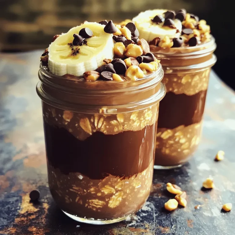 To make Chocolate Peanut Butter Overnight Oats, gather these key items: - 1 cup rolled oats - 1 cup almond milk (or any milk of choice) - 2 tablespoons unsweetened cocoa powder - 2 tablespoons natural peanut butter (smooth or crunchy) - 1 tablespoon honey or maple syrup (adjust to taste) - 1/2 teaspoon vanilla extract - 1/4 teaspoon salt - 1/4 cup Greek yogurt (optional, for creaminess) Each ingredient plays a special role in this tasty dish. The rolled oats give a hearty base. The almond milk adds moisture, while cocoa powder brings rich chocolate flavor. Peanut butter gives it that creamy texture we all love. Honey or maple syrup offers sweetness, and vanilla extract adds warmth. You can easily swap some ingredients to fit your needs. If you prefer a dairy-free option, almond milk works great. You can also use oat milk or coconut milk. If you want to reduce sugar, use less honey or maple syrup. For a nut-free version, try sunflower seed butter instead of peanut butter. Toppings make your overnight oats fun! Some great ideas include: - Sliced bananas - Chopped nuts - Chocolate chips - Shredded coconut You can mix and match these toppings to find your favorite combo. Add sliced bananas for sweetness, or chopped nuts for crunch. Chocolate chips provide extra chocolatey goodness. Shredded coconut adds a tropical twist. Feel free to get creative! 1. First, grab a mixing bowl. 2. Add 1 cup of rolled oats. 3. Pour in 1 cup of almond milk. 4. Add 2 tablespoons of unsweetened cocoa powder. 5. Add 2 tablespoons of natural peanut butter. 6. Mix in 1 tablespoon of honey or maple syrup. 7. Add 1/2 teaspoon of vanilla extract. 8. Sprinkle in 1/4 teaspoon of salt. 9. Whisk everything until well mixed. 10. If you want creaminess, fold in 1/4 cup Greek yogurt. 11. Spoon the mixture into mason jars or containers. 12. Seal them tightly. 13. Place the jars in the fridge overnight or for 4-6 hours. Adding Greek yogurt gives the oats a rich, creamy texture. It also adds protein and a slight tang. If you choose to use it, mix it in gently. This keeps the oats fluffy. You can skip this step if you prefer lighter oats. In the morning, stir your oats. If they are too thick, add a splash of milk. Top your oats with sliced bananas, nuts, or chocolate chips. You can also sprinkle shredded coconut for extra flavor. For a beautiful look, layer the oats and toppings in clear jars. This shows off the chocolate color and vibrant toppings. Enjoy your tasty breakfast! To make your oats just right, mix your ingredients well. Combine rolled oats with almond milk and cocoa powder first. Stir in the peanut butter next. If you want creaminess, add Greek yogurt. After soaking, if the oats are too thick, just add a splash of milk. This will help the oats get nice and creamy. Store your overnight oats in airtight containers. Mason jars work great for this! Keep them in the fridge for up to five days. If you layer toppings, add them just before eating. This keeps them fresh and crunchy. Prep your oats the night before. This way, breakfast is ready when you wake up. You can even make a batch for the week. Just scoop a serving each morning. If you need a quick breakfast, grab a jar and go! {{image_2}} You can switch up nut butters in this recipe. Try almond or cashew butter. Each nut butter adds a unique taste. For a fun twist, use sun butter if you want a nut-free option. You can also add spices. Cinnamon or nutmeg can give a warm flavor. Want it sweeter? Add a touch more honey or maple syrup. If you want a vegan version, use plant-based milk. Almond milk works great, but soy or oat milk are also good. Instead of honey, use maple syrup for sweetness. To make it gluten-free, check your oats. Look for certified gluten-free oats. This way, you can enjoy this treat without worry. Making a large batch saves time. You can prepare several jars at once. Just double or triple the recipe. Store them in the fridge. They last for about four days. When ready to eat, just stir and add toppings. This is perfect for busy mornings or meal prep days. Store your leftover overnight oats in the fridge. Use an airtight container. They will stay fresh for up to five days. If you want to keep them longer, freeze them. To freeze overnight oats, scoop them into freezer-safe containers. Leave some space at the top for expansion. They can last up to three months in the freezer. When ready to eat, thaw them overnight in the fridge. I recommend using glass mason jars or BPA-free plastic containers. These keep the oats fresh and make it easy to see what you have. They are also great for meal prep and on-the-go. Chocolate peanut butter overnight oats can last up to five days in the fridge. Just keep them in a sealed container. After a few days, the oats may get softer, but they will still taste great. I often make a batch on Sunday for quick breakfasts during the week. Yes, you can use quick oats, but the texture will change. Quick oats absorb more liquid and get mushy faster. If you prefer a creamier texture, go for rolled oats. They stay chewier and offer a better bite in your overnight oats. You can get really creative with toppings! Here are some fun ideas: - Sliced strawberries or other fresh fruits - Chopped nuts like almonds or walnuts - A sprinkle of chia seeds for added nutrition - A drizzle of extra honey or maple syrup - Dried fruit for a chewy texture To make this recipe sugar-free, skip the honey or maple syrup. Instead, use ripe bananas for natural sweetness. You can also add a few drops of liquid stevia or monk fruit sweetener. Both options add sweetness without the sugar! Overnight oats are tasty and easy to make. We covered the best ingredients and how to prepare them. You learned about tips for the right consistency and storage. There are many ways to customize your oats, like flavors or toppings. Remember, you can make them vegan or gluten-free too. With these ideas, you can enjoy a simple meal every morning. Start experimenting and find your favorite mix! Enjoy your healthy and delicious breakfasts!
