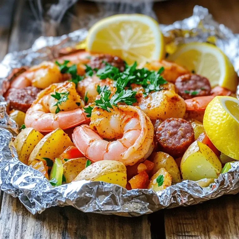 - 1 lb large shrimp, peeled and deveined - 1 lb smoked sausage, sliced into rounds - 2 cups baby potatoes, halved - 1 bell pepper, diced (any color) - 1 medium onion, chopped - 3 tablespoons Cajun seasoning - 3 tablespoons olive oil - 2 cloves garlic, minced - Salt and pepper to taste Each ingredient plays a key role in building flavor. The shrimp adds sweetness and a nice texture. Smoked sausage gives a rich, smoky taste. Baby potatoes bring heartiness and soak up all the spices. Bell peppers add a pop of color and crunch, while onions provide a savory base. Cajun seasoning combines spices, heat, and depth. Olive oil helps blend flavors and keeps everything moist. Garlic adds a wonderful aroma, while salt and pepper enhance all the tastes. - Fresh parsley for garnish - Lemon wedges for serving Adding fresh parsley brightens the dish and adds color. Lemon wedges give a zesty kick when served. They balance the richness and enhance the flavors, making your meal even better. - Calories per serving: Approximately 400 - Macronutrient breakdown: - Protein: 25g - Carbohydrates: 30g - Fat: 20g This meal is not only tasty but also packs a good amount of protein and healthy fats. It's filling and satisfying, making it a great meal for any occasion. To start, gather your ingredients. You need: - 1 lb large shrimp, peeled and deveined - 1 lb smoked sausage, sliced into rounds - 2 cups baby potatoes, halved - 1 bell pepper, diced (any color) - 1 medium onion, chopped - 3 tablespoons Cajun seasoning - 3 tablespoons olive oil - 2 cloves garlic, minced - Salt and pepper to taste First, wash and chop your veggies. Halve the baby potatoes and dice the bell pepper. The onion should be chopped well. This helps all flavors mix nicely. Next, in a large bowl, combine the shrimp, sausage, potatoes, bell pepper, and onion. Drizzle in the olive oil. Then, sprinkle the Cajun seasoning, minced garlic, salt, and pepper over everything. Toss gently until all pieces are well-coated. This step makes your meal full of flavor. Now, let’s prepare the foil packs. Tear off large sheets of aluminum foil, about 18 inches long. You need enough space for the mixture to steam. Divide the shrimp and sausage mixture evenly among the foil sheets. Gather the edges of the foil and fold them over the mixture. Make sure to seal tightly to keep all the juices inside. This step is key for keeping your meal tender and juicy. You can cook these foil packs on a grill or in the oven. Preheat your grill or oven to 400°F (200°C). Place the foil packs on the grill or on a baking sheet if using the oven. Cook for about 20-25 minutes. Check for doneness when the shrimp turn pink and the potatoes become tender. Cooking times may vary, so keep an eye on them. Once cooked, carefully remove the packs from the heat. Let them rest for a few minutes. This step helps the flavors settle. When you’re ready, open the packs and garnish with fresh parsley. Serve with lemon wedges for a bright touch. Enjoy! To cook shrimp and sausage well, choose fresh ingredients. Fresh shrimp cooks faster than frozen. If using frozen shrimp, thaw them first. For the sausage, any smoked variety works great. Slice it into rounds for even cooking. For potatoes, cut them in half for quick cooking. Make sure they are roughly the same size. This helps them cook evenly with the shrimp and sausage. You can parboil the potatoes for five minutes before adding them to the foil packs. This gives them a head start. To boost flavor, use Cajun seasoning generously. This blend adds a spicy kick. You can also try adding a splash of hot sauce for extra heat. Marinade the shrimp and sausage for at least 30 minutes before cooking. This allows the flavors to blend well. Other great options include adding lemon zest or smoked paprika. These will enhance the dish and add layers of flavor. Serve the foil packs on a bright platter. This makes for a fun presentation! Let guests open their packs at the table. It adds excitement to the meal. You can garnish with fresh parsley for a pop of color. Pair these packs with a simple green salad or some crusty bread. A cold drink, like lemonade or iced tea, makes a perfect match. Enjoy your meal with family and friends! {{image_2}} You can switch the smoked sausage with chicken or turkey sausage. Both give great flavor. If you want a lighter option, use shrimp only. For a vegetarian twist, try using firm tofu or tempeh. Both absorb flavors well. You can also add more veggies like zucchini or corn to the mix. You can cook these foil packs in the oven or over a campfire. For the oven, just set it to 400°F (200°C) and follow the same steps. If using a campfire, place the packs on hot coals for about 20-25 minutes. Keep an eye on them! For a slow cooker, combine all ingredients in the pot. Cook on low for 4-5 hours, stirring halfway through. Change your ingredients with the seasons. In spring, add asparagus or snap peas. In summer, try fresh corn or tomatoes. For fall, sweet potatoes or pumpkin can work great. Winter is perfect for hearty root veggies like carrots or parsnips. Adapting the recipe helps keep it fresh and exciting. To keep your Cajun shrimp and sausage foil packs fresh, use airtight containers. Place the cooled foil packs in the container. If you do not have a container, you can wrap them tightly in plastic wrap. Store them in the fridge for up to three days. Reheat foil packs in the oven or on the grill. Preheat your oven to 350°F (175°C). Place the foil packs on a baking sheet and heat for about 10-15 minutes. If you're using a grill, place the packs over medium heat for about the same time. To avoid rubbery shrimp, do not overheat them. Shrimp cook quickly, so check often. You can freeze both uncooked and cooked foil packs. If freezing uncooked packs, seal them tightly in aluminum foil and place them in a freezer bag. They last up to three months. When ready, thaw them in the fridge overnight before cooking. For cooked packs, let them cool completely before freezing. Reheat them directly from frozen or after thawing. It takes about 20 to 25 minutes to cook Cajun shrimp and sausage foil packs. You want the shrimp to turn pink and the potatoes to be tender. Preheat your grill or oven to 400°F (200°C) before cooking. This helps the food cook evenly. Check the packs after 20 minutes to see if they are ready. If the shrimp is not pink or the potatoes are still hard, cook for a few more minutes. Yes, you can use frozen shrimp in this recipe. Just make sure to thaw them before cooking. To thaw shrimp quickly, place them in a bowl of cold water for about 15 to 20 minutes. Pat them dry with a paper towel before mixing them with the other ingredients. This helps the seasoning stick better. If you add frozen shrimp directly, the cooking time may be longer. Many sides go great with Cajun shrimp and sausage foil packs. Here are a few ideas: - Corn on the cob - Steamed broccoli - Garlic bread - Coleslaw - Rice or quinoa These sides add color and flavor to your meal. They also help balance the spices from the Cajun seasoning. Enjoy experimenting to find your favorite pairings! This article covered everything needed to make flavorful Cajun Shrimp & Sausage Foil Packs. We explored the essential ingredients like shrimp, sausage, and spices. I shared cooking methods, tips, and variations, allowing for creativity. Cooking should be fun and simple. Use these tips to make your meal tasty and enjoyable. Whether you cook on a grill or in the oven, you can create a dish that impresses. Enjoy every bite and happy cooking!