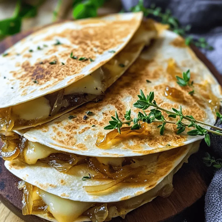 - 2 large onions, thinly sliced - 2 tablespoons olive oil - 1 tablespoon unsalted butter - 1 teaspoon balsamic vinegar - Salt and pepper to taste - 2 cups Gruyere cheese, shredded - 4 large flour tortillas - 1 teaspoon garlic powder - Fresh thyme leaves for garnish (optional) - Large skillet - Spatula - Cutting board - Knife - Grater (for cheese) - Serving platter You can swap Gruyere with other cheeses like cheddar or mozzarella. If you want a dairy-free option, try vegan cheese. For tortillas, corn tortillas work well. You can also use whole wheat tortillas for a healthier choice. If you don’t have balsamic vinegar, use red wine vinegar. To start, grab a large skillet and place it on medium heat. Add 2 tablespoons of olive oil and 1 tablespoon of unsalted butter. Wait until the oil is hot. Then, add 2 large onions that you’ve sliced thin. Stir them every few minutes. You want them to turn golden brown and soft. This process takes about 15 to 20 minutes. When they are ready, add 1 teaspoon of balsamic vinegar, salt, and pepper. Mix everything well and then remove the skillet from the heat. Set the onions aside. Next, take another large skillet and lightly coat it with olive oil. Heat it on medium. Grab your tortillas, and let’s get to work on assembling. Place one tortilla in the skillet. Sprinkle half of your 2 cups of shredded Gruyere cheese on one half of the tortilla. Add a good scoop of your caramelized onions on top of the cheese. Finally, sprinkle the rest of the cheese over the onions. Now, fold the tortilla in half to cover the filling. Cook it for about 3 to 4 minutes on one side. Check for a golden brown color. Once it’s nice and crispy, flip it over. Cook for another 3 to 4 minutes. Your cheese should be melted and gooey by now. If the quesadilla browns too fast, lower the heat. Repeat this process with the remaining tortillas and filling. Once they are all cooked, cut each quesadilla into wedges. You can sprinkle some garlic powder on top and add fresh thyme leaves if you like. Enjoy! To make great caramelized onions, use medium heat. This helps them cook evenly. Stir them often. This keeps them from burning. It takes about 15-20 minutes to turn golden brown. Add a bit of balsamic vinegar for a sweet touch. If you want more flavor, add salt and pepper too. Don't rush the process. Good things take time! For the best melty cheese, use Gruyere. It melts nicely and has a rich flavor. Shred the cheese yourself for better melting. Pre-shredded cheese often has extra stuff that keeps it from melting well. When you cook the quesadilla, keep the heat medium to low. This ensures the cheese melts without burning the tortilla. Cut the quesadillas into wedges for easy eating. You can serve them with salsa, sour cream, or guacamole. Fresh thyme leaves add a nice touch on top. You can also try a side salad for a fresh contrast. These quesadillas make a great snack or a light meal. Enjoy! {{image_2}} You can add many extra ingredients to your quesadillas. Try cooked chicken or beef for protein. Spinach or bell peppers can add a fresh crunch. Mushrooms also work well, adding earthy flavors. For a spicy kick, add jalapeños or chili flakes. Mix and match to find your perfect combo! Gruyere cheese gives a nutty taste, but you can switch it up. Cheddar adds sharpness, while mozzarella offers a milder flavor. Feta brings a salty twist, and pepper jack adds heat. Use your favorite cheese or mix several for a unique taste. Flour tortillas are classic, but try corn tortillas for a gluten-free option. Whole wheat tortillas add fiber and a nutty flavor. For a twist, use spinach or tomato tortillas to brighten up your dish. You can even use large leaves of lettuce for a low-carb wrap! After enjoying your quesadillas, let them cool. Place them in an airtight container. This keeps them fresh in the fridge. They can stay good for up to three days. Just remember to separate layers with parchment paper to avoid sticking. To reheat, use a skillet over medium heat. Place the quesadilla in the pan. Heat it for about 2-3 minutes on each side. This warms the cheese and makes the tortilla crispy again. You can also use a microwave. Just cover it with a damp paper towel. Heat for about 30-45 seconds. You can freeze quesadillas too! Wrap each one tightly in plastic wrap. Then place them in a freezer bag. Make sure to remove as much air as possible. They can last for up to three months in the freezer. To cook, thaw in the fridge overnight before reheating. Yes, you can use other cheeses. Monterey Jack or cheddar work well. Both melt nicely. You can even try feta for a tangy twist. Just remember, choose a cheese that melts easily. Mixing cheeses can add depth to the flavor. Onions are done when they turn golden brown and are soft. This takes about 15-20 minutes. Stir them often to prevent burning. The smell will be sweet and rich. A nice brown color means they are ready for your quesadillas. You can serve these quesadillas with salsa or guacamole. A fresh salad adds a nice crunch. Sour cream or Greek yogurt is great for dipping too. Pair with a light soup for a complete meal. Enjoy them with your favorite beverage for a fun twist! In this post, we covered the key ingredients and tools for making caramelized onion Gruyere quesadillas. We walked through the steps for caramelizing onions, assembling, and cooking. I shared tips for perfecting your quesadillas and suggested tasty variations. Finally, we discussed storage options and answered common questions. These quesadillas offer flavor and fun in each bite. Try them today for a delicious meal!