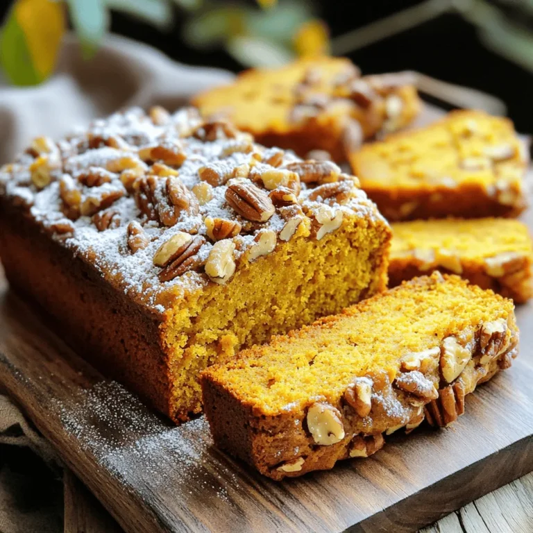 You need these main ingredients for a tasty loaf: - 1 ½ cups all-purpose flour - 1 cup canned pumpkin puree - ½ cup granulated sugar - ½ cup brown sugar, packed - ½ cup vegetable oil - 3 large eggs - 1 teaspoon vanilla extract - 1 teaspoon baking soda - ½ teaspoon baking powder - 1 teaspoon ground cinnamon - ½ teaspoon ground nutmeg - ¼ teaspoon ground ginger - ½ teaspoon salt - 1 cup pecans, chopped You can add these for extra flavor: - ½ cup chocolate chips - For flour, you can swap in whole wheat flour for a heartier loaf. - If you want less sugar, reduce the granulated sugar to ⅓ cup. - You can replace the vegetable oil with melted coconut oil for a different taste. - If you do not have pecans, walnuts work well too. - Use fresh pumpkin puree if you prefer a homemade touch. Just cook and blend fresh pumpkin until smooth. These choices make this pumpkin pecan loaf your own. Enjoy! Start by preheating your oven to 350°F (175°C). This temperature ensures even cooking. While the oven heats, take a 9x5-inch loaf pan. Grease it with butter or oil. You can also dust it with flour or line it with parchment paper. This step helps the loaf come out easily later. In a large mixing bowl, combine the granulated sugar and brown sugar. Add half a cup of vegetable oil. Use a whisk to mix them well until they blend smoothly. Next, crack in the three large eggs, adding one at a time. Stir well after each egg. Then, add one cup of pumpkin puree and one teaspoon of vanilla extract. Mix until everything is smooth and creamy. Now, grab another bowl. In this bowl, whisk together the flour, baking soda, baking powder, cinnamon, nutmeg, ginger, and salt. Make sure everything is well combined. Slowly pour the dry mix into the wet mix. Stir gently until just combined. It is fine if your batter has a few lumps. Overmixing can make the loaf tough. Fold in one cup of chopped pecans. If you want a sweet twist, add half a cup of chocolate chips. Pour the batter into your prepared loaf pan. Smooth the top with a spatula. You can sprinkle some extra pecans on top for added crunch. Bake in the oven for 55-65 minutes. Check if it’s done by inserting a toothpick into the center. It should come out clean. Once baked, let the loaf cool for about 10 minutes in the pan. Then, move it to a wire rack to cool completely. To get that nice bakery-style texture, follow a few key steps. First, use fresh ingredients. Old baking soda or flour can ruin the loaf. Make sure to mix the wet ingredients well. This step adds air and lightens the batter. Also, avoid overmixing when adding dry ingredients. A few lumps are okay. This helps keep the loaf tender and moist. Watch out for these common mistakes. Don’t skip greasing the loaf pan. This can lead to sticking. Also, be careful with your oven temperature. Too hot can burn the outside while leaving the inside raw. Use a toothpick to test for doneness. If it comes out clean, your loaf is ready. Lastly, don’t leave the loaf in the pan too long. This can make the bottom soggy. Serve your pumpkin pecan loaf warm for the best flavor. Slice it thick and place it on a rustic wooden board. Dust the top with powdered sugar for a lovely touch. Pair it with a cup of warm tea or coffee. You can also add whole pecans on the side for a nice look. If you like a little sweetness, spread butter or cream cheese on each slice. {{image_2}} You can change up the nuts in your loaf. Try walnuts or almonds for a new twist. If you want a crunch, add sunflower seeds or pumpkin seeds. These add good texture and flavor. Just chop them up like you do with pecans. Fold them in just like the pecans in the recipe. Not a pumpkin fan? You can swap pumpkin for mashed bananas or applesauce. Both will keep your loaf moist and tasty. Bananas add a sweet flavor, while applesauce gives a gentle touch of tartness. Just use the same amount of either ingredient for best results. Want to kick up the flavor? Add dried fruits like raisins or cranberries. They add sweetness and chewiness. You can also mix in extra spices like allspice or cardamom for a warm flavor. Just a pinch can elevate your loaf. Enjoy experimenting with these fun twists! To keep your pumpkin pecan loaf fresh, store it at room temperature. Wrap it in plastic wrap or place it in an airtight container. This way, it stays moist for up to four days. If you live in a warm place, you might want to keep it in the fridge. However, this may dry it out. You can freeze the loaf for longer storage. First, let it cool completely. Then, wrap it tightly in plastic wrap and place it in a freezer bag. It can last for up to three months in the freezer. When you're ready to enjoy it, just take it out and let it thaw at room temperature. To reheat the loaf, slice it first. You can use the microwave for a quick warm-up. Heat each slice for about 15-20 seconds. For a crispier texture, use the oven. Preheat it to 350°F (175°C) and bake the slices for about 5-10 minutes. Enjoy your warm, tasty loaf! Yes, you can. Use a gluten-free flour blend. Look for one that has xanthan gum. This will help the loaf rise properly. To add moisture, you can use applesauce or yogurt. Substitute half the oil with one of these. This keeps the loaf soft and rich. The loaf stays fresh for about four days at room temperature. Store it in an airtight container. For longer storage, freeze it. Absolutely! Cook and puree fresh pumpkin. Use about one cup of fresh puree. Make sure it’s smooth for the best texture. This blog post covered how to make a tasty pumpkin pecan loaf. We discussed key ingredients, step-by-step baking instructions, and helpful tips to achieve that perfect texture. You learned fun variations to try and how to store leftovers properly. Remember, experimenting with nuts or spices can enhance your loaf. Don't hesitate to make it your own. Enjoy baking and sharing this delightful treat with others!