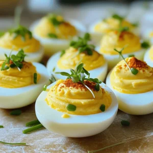 - 6 large eggs - 3 tablespoons mayonnaise - 1 tablespoon Dijon mustard - 1 teaspoon apple cider vinegar - 1 tablespoon sriracha sauce (adjust for spice preference) - Salt and pepper to taste - 1 tablespoon fresh chives, finely chopped - 1 tablespoon pickled jalapeños, finely chopped - Paprika for garnish - Microgreens or edible flowers for decoration (optional) If you want to make your deviled eggs lighter, use Greek yogurt instead of mayo. This swap adds creaminess with fewer calories. For a vegan option, replace the eggs with silken tofu. Add a little turmeric to mimic the color of egg yolks. You can also use mustard powder instead of Dijon for a different flavor. Always choose fresh eggs for the best taste. Look for eggs with a clean shell and no cracks. If possible, buy organic or free-range eggs. They often taste better. When using spices, choose fresh ones for more flavor. Store your spices in a cool, dark place to keep them fresh longer. Start by placing the eggs in a pot. Cover them with cold water. The water should be at least an inch above the eggs. Turn the heat to medium-high. Bring the water to a rolling boil. Once it boils, cover the pot with a lid. Remove it from the heat and let it sit. Wait for 12 to 14 minutes. This cooking time gives you perfect yolks. After that, transfer the eggs to an ice bath. Let them cool for 5 to 10 minutes. This step makes peeling easier. Now, peel the eggs under running water. Gently tap each egg to remove the shell. Cut the eggs in half lengthwise. Carefully put the yolks in a mixing bowl. Add 3 tablespoons of mayonnaise to the yolks. Then, add 1 tablespoon of Dijon mustard. Pour in 1 teaspoon of apple cider vinegar. Next, mix in 1 tablespoon of sriracha sauce. Adjust the sriracha for your spice level. Season with salt and pepper to taste. Mix everything until it is smooth and creamy. Fold in 1 tablespoon of finely chopped chives. Add 1 tablespoon of pickled jalapeños for a spicy twist. Taste and adjust the seasoning if needed. Now it’s time to fill the egg whites. You can spoon or pipe the yolk mixture back into each half. Make sure to fill them generously. Sprinkle paprika on top for color. If you want to impress your guests, add microgreens or edible flowers as a garnish. These simple touches make your deviled eggs look stunning! To get the perfect yolks, start with fresh eggs. Fresh eggs cook well but can be hard to peel. For easy peeling, use older eggs. Boil your eggs gently. Place them in a pot with cold water. Bring it to a boil, then cover and turn off the heat. Let them sit for 12-14 minutes. Next, cool them in an ice bath. This helps stop the cooking and makes peeling easier. When you peel the eggs, do it under running water. This trick helps remove the shell smoothly. Presentation matters! To impress your guests, use a piping bag. This makes the yolk filling look fancy. You can also use a spoon, but piping is more fun. Sprinkle paprika on top for color. Add a touch of fresh chives for a pop of green. If you want to be extra special, place microgreens or edible flowers on top. These little touches make your deviled eggs look gourmet. Avoid overcooking your eggs. This can make the yolks dry and crumbly. Pay attention to your boiling time. Another mistake is not cooling the eggs fast enough. The ice bath is key to easy peeling. Also, be careful with salt and spice. Taste as you mix to find the right balance. Finally, don’t skip the garnishes. They add flavor and make your dish stand out! {{image_2}} You can mix flavors to make your deviled eggs pop. Try adding smoked paprika for a rich taste. Another great idea is to use curry powder for a warm spice. If you love garlic, mix in minced garlic or garlic powder. You can also go bold and add crumbled bacon for a savory crunch. Each of these flavors will give your classic deviled eggs a fresh twist. If you want to make deviled eggs for special diets, easy swaps exist. Use Greek yogurt instead of mayonnaise for a lighter option. If you need a vegan version, try a chickpea mash mixed with mustard and spices. For gluten-free diets, all the ingredients are safe; just avoid any sauces with gluten. Adjust the spices to suit your taste or dietary needs, and everyone can enjoy them! Presentation matters! You can serve deviled eggs on a platter with fresh herbs around them. For a fancy touch, use a piping bag to fill the eggs. Placing microgreens or edible flowers on top adds color and elegance. You can even make a themed platter, pairing these eggs with other finger foods. This makes your dish fun and eye-catching, perfect for impressing guests! To keep your deviled eggs fresh, store them in the fridge. Place them in a covered container. This helps to avoid drying out. If you have a lot, use plastic wrap. Make sure it touches the eggs. This prevents air from getting in. Leftover deviled eggs are best eaten within three days. After that, the taste and texture may change. If you plan to make deviled eggs ahead of time, prepare the filling separately. Boil and peel the eggs, then store the whites. Keep them in a covered dish with a damp paper towel. This keeps them moist. Store the yolk filling in another container. When ready to serve, fill the egg whites. This keeps everything fresh and tasty. I do not recommend freezing deviled eggs. Freezing changes the texture of the eggs. If you must freeze, only freeze the yolk mixture. Do not freeze the egg whites. When you're ready to use them, thaw the yolk in the fridge. Then, mix it well before filling the whites. This ensures a better taste and texture when served. Yes, you can make deviled eggs a day ahead. Just keep them in the fridge. Store them in an airtight container to avoid drying out. I suggest adding toppings just before serving for the best look. If your eggs crack, don't worry too much. They might leak a bit, but they will still taste good. To prevent this, start with room-temperature eggs. If you notice cracks, lower the heat. This slows down the cooking process. To make peeling easier, use older eggs. Fresh eggs tend to stick to the shell. After boiling, put the eggs in an ice bath for 5-10 minutes. The cold water helps separate the egg from the shell. You can store deviled eggs in the fridge for up to two days. Always keep them covered. If they sit too long, the yolk may dry out. Absolutely! You can get creative with toppings. Try bacon bits, olives, or even a sprinkle of cheese. Each adds a unique flavor and texture. You can serve deviled eggs on a platter or in egg trays. For a fun twist, use a cupcake tin for easy transport. Garnishing with herbs or colorful toppings makes them even more appealing. Yes, you can! Use silken tofu instead of eggs. Blend it with mustard, vinegar, and spices. This gives you a creamy filling without any animal products. If you want to skip mayonnaise, use Greek yogurt or avocado. These options add creaminess and flavor without the extra fat. Adjust seasonings to suit your taste. In this post, we covered how to make delicious deviled eggs. We explored ingredients, substitutions, and cooking tips. You learned how to cook, fill, and present your eggs beautifully. We also shared storage tips and answered common questions. Deviled eggs can fit any taste and occasion. With the right ingredients and methods, you can impress every guest. Enjoy experimenting with flavors and enjoy your tasty creations!