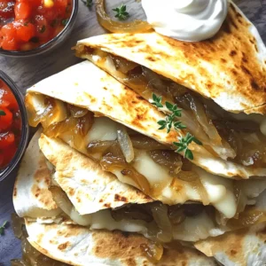 To make the Caramelized Onion Gruyere Quesadillas, you need a few key items. Here’s what you’ll need: - 2 large onions, thinly sliced - 2 tablespoons olive oil - 1 tablespoon butter - Salt and pepper to taste - 1 cup Gruyere cheese, grated - 4 large flour tortillas - 1 tablespoon fresh thyme leaves (optional) - 1/2 teaspoon garlic powder - Sour cream and salsa for serving These ingredients create a rich and tasty flavor. The sweet onions blend well with the creamy Gruyere. Having the right tools makes cooking easier. Here are some tools you will need: - Large skillet - Spatula - Grater - Knife - Cutting board With these tools, you can prepare the quesadillas efficiently. The skillet helps in caramelizing the onions perfectly. If you can’t find Gruyere cheese, you can use other cheeses. Cheddar or fontina works well too. For tortillas, corn tortillas can be a good swap. They add a different flavor and texture. To make the best caramelized onions, start by slicing two large onions thinly. Heat two tablespoons of olive oil and one tablespoon of butter in a large skillet over medium heat. Once the butter melts, add the sliced onions. Sprinkle a pinch of salt over them. This helps draw out moisture and enhances flavor. Stir the onions occasionally for about 15 to 20 minutes, until they soften and turn a rich brown color. Keep an eye on the heat; if they brown too fast, lower it. When the onions are ready, season them with salt, pepper, and half a teaspoon of garlic powder. If you want extra flavor, add one tablespoon of fresh thyme leaves. Set the onions aside. Next, it’s time to assemble your quesadillas. Wipe down your skillet and return it to medium heat. Place one large flour tortilla in the skillet. Sprinkle half of it with a generous amount of grated Gruyere cheese. On top of the cheese, spread a layer of your caramelized onions. Then, add a little more Gruyere cheese on top. This extra cheese helps the quesadilla stick together. Fold the tortilla over to make a half-moon shape. Repeat with the remaining tortillas, layering cheese and onions in each one. Now, let’s cook those quesadillas! Cook each one for about 3 to 4 minutes on each side. You want the tortilla to turn golden brown and the cheese to melt. Once they are cooked, remove them from the skillet and slice each quesadilla into wedges. Serve them warm with sour cream and salsa on the side. For a fresh touch, garnish with extra thyme leaves. Enjoy every bite of this tasty delight! To get the best caramelized onions, you need patience. Start with medium heat in a large skillet. Add your sliced onions with a pinch of salt. Stir them every few minutes. This keeps them from sticking and helps them cook evenly. If they start to brown too fast, turn the heat down. The goal is a rich, golden brown color. This process takes about 15 to 20 minutes. Don’t rush it! The sweet flavor comes from slow cooking. For cheese that melts nicely, use grated Gruyere. Grated cheese melts faster and more evenly than slices. Spread half of the cheese on one half of the tortilla. This allows the heat to reach it quickly. Cooking on medium heat helps the cheese melt without burning the tortilla. Flip the quesadilla once the bottom is golden brown. Cook the other side until the cheese is bubbly. You can cook quesadillas in different ways. A skillet is great for a nice crisp. Heat a bit of oil in the skillet before adding the quesadilla. You can also use a grill for a smoky flavor. Place the quesadillas on the grill for a few minutes. Both methods give delicious results. Choose what works best for you! {{image_2}} You can make these quesadillas even better with veggies. Try adding fresh spinach or mushrooms. These add flavor and nutrition. Sauté the spinach briefly until wilted. For mushrooms, slice and cook them until soft. Mix them with the caramelized onions. This will give you a tasty twist. Want to add protein? Chicken or beans work great! If you use chicken, cook it and shred it first. Mix it with the onions for a hearty filling. For beans, black beans or pinto beans are perfect. Rinse them well and mash slightly. This adds creaminess to your quesadillas. If you like heat, add jalapeños or spicy cheese. Slice fresh jalapeños and sprinkle them on top of the cheese. For cheese, use pepper jack for a kick. This will give your quesadillas a bold flavor. You can also mix in some crushed red pepper flakes for extra spice. To keep your leftover quesadillas fresh, place them in an airtight container. Store them in the fridge for up to three days. If you want to save them longer, consider freezing them. Make sure to let them cool before storing. To reheat quesadillas and keep them crispy, use a skillet. Heat the skillet over medium heat. Place the quesadilla in the skillet for about two to three minutes on each side. This method revives the crispiness and melts the cheese nicely. You can also use an air fryer. Set it to 350°F and heat for about five minutes. To freeze quesadillas, wrap each one tightly in plastic wrap. Then, place them in a freezer-safe bag or container. They can last for up to three months. When you're ready to enjoy them, thaw in the fridge overnight. To reheat, use the skillet method for the best texture. To make the best caramelized onions, start by slicing two large onions thinly. Use a large skillet and heat two tablespoons of olive oil and one tablespoon of butter over medium heat. Add the onions and sprinkle with a pinch of salt. Cook the onions for about 15 to 20 minutes, stirring occasionally. This slow cooking process helps them become soft and sweet. If they begin to brown too fast, lower the heat. Once they are golden and soft, season with salt, pepper, and garlic powder. For extra flavor, add fresh thyme leaves. Yes, you can use other types of cheese. Cheddar and mozzarella are great substitutes. Cheddar gives a sharp flavor, while mozzarella adds a gooey texture. However, Gruyere cheese has a unique nutty taste that complements the caramelized onions well. If you want to try something new, mix different cheeses for added flavor. These quesadillas pair well with sour cream and salsa. You can also serve them with guacamole or a fresh salad. A side of roasted vegetables adds a nice touch, too. If you want some crunch, try tortilla chips. Each side dish enhances the flavor of the quesadillas and makes for a delightful meal! In this blog post, we explored how to make delicious Caramelized Onion Gruyere Quesadillas. We covered essential ingredients, recommended tools, and helpful tips for perfecting caramelized onions. Our step-by-step instructions made assembly and cooking easy. You can also spice things up with variations and learn how to store leftovers. As you try out this recipe, remember to enjoy the process. With a few simple steps, you’ll create a satisfying dish that pleases everyone. Happy cooking!