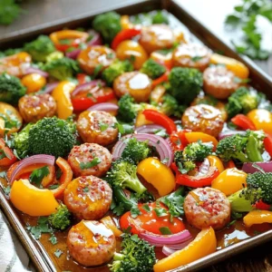 - 1 lb spicy chicken sausage, sliced into rounds - 2 cups bell peppers (mixed colors), sliced - 1 medium red onion, sliced - 2 cups broccoli florets The spicy chicken sausage is the star. It adds a nice kick. The mixed bell peppers bring color and sweetness. The red onion gives a sharp taste. Broccoli florets add crunch and nutrients. This mix makes your dish lively and fun. - 3 tablespoons olive oil - 1 tablespoon honey - 1 teaspoon smoked paprika - 1 teaspoon garlic powder - 1/2 teaspoon red pepper flakes (adjust to taste) - Salt and pepper to taste The olive oil helps everything cook well. Honey adds sweetness and balances the spice. Smoked paprika brings warmth and depth. Garlic powder gives a savory kick. Red pepper flakes let you adjust the heat. A bit of salt and pepper ties it all together. - Fresh parsley, chopped (for garnish) Fresh parsley is a bright touch. It adds color and freshness. Just sprinkle it over the dish before serving. This little step makes your meal look and taste great! 1. Preheat the oven: Set your oven to 400°F (200°C). This step warms the oven for even cooking. 2. Prepare vegetables and sausage: Slice 1 lb of spicy chicken sausage into rounds. Then, cut 2 cups of mixed bell peppers and 1 medium red onion. Lastly, get 2 cups of broccoli florets ready. 1. Combine sausage and veggies: In a large bowl, mix the sausage, bell peppers, red onion, and broccoli. 2. Whisk together seasonings: In a small bowl, whisk 3 tablespoons of olive oil, 1 tablespoon of honey, 1 teaspoon of smoked paprika, 1 teaspoon of garlic powder, and 1/2 teaspoon of red pepper flakes. Add salt and pepper to taste. 1. Toss and spread on sheet pan: Pour the honey mixture over the sausage and veggies. Toss to coat well. Spread everything in a single layer on a large sheet pan. 2. Bake and monitor cooking progress: Bake for 20-25 minutes. Stir halfway through cooking. This keeps everything cooking evenly. The veggies should be tender, and the sausage will get caramelized. - Ensuring even cooking: To get even cooking, spread the sausage and veggies in a single layer on the sheet pan. Stir the mix halfway through baking. This helps all ingredients cook evenly. - Adjusting spice levels: If you want more heat, add more red pepper flakes. For less spice, cut back on the flakes. You can also use mild sausage instead of spicy sausage for a different flavor. - Presentation tips: Serve the sheet pan right on the table for a homey touch. You can also transfer it to a nice platter. A squeeze of fresh lemon juice over the top adds a bright flavor. - Recommended side dishes: This dish pairs well with a simple green salad or crusty bread. You can also serve it with rice or quinoa to make it more filling. - Best sheet pan to use: A large, sturdy sheet pan works best. A half-sheet pan is ideal for this recipe. It gives enough space for all ingredients to roast nicely. - Recommended mixing bowls: Use a large mixing bowl for combining the sausage and veggies. A medium bowl is great for whisking the sauce. A glass bowl is easy to clean and lets you see all the ingredients. {{image_2}} You can switch up the sausage for a lighter option. Turkey sausage works great here. It has less fat, but still packs flavor. You can also use vegetarian sausage options. Many brands offer tasty plant-based choices that mimic the texture of meat. Look for those with good spices to keep the flavor strong. Both options keep the dish satisfying. Feel free to get creative with veggies. Seasonal veggies like zucchini, asparagus, or mushrooms can add new tastes. You can also grab frozen vegetable options. They are convenient and still nutritious. Just make sure to thaw them before baking. This helps them cook evenly with the sausage. Want more zing? Try adding citrus! A squeeze of lemon or lime can brighten the dish. You can also mix in different herbs. Fresh basil, thyme, or oregano can add depth. Experimenting with flavors helps customize your meal. This way, each time you make it, it can be a little different and exciting. After you enjoy your Spicy Honey Sausage Veggie Sheet Pan, store leftovers in the fridge. Use an airtight container to keep them fresh. Place it in the fridge within two hours of cooking. This helps prevent bacteria growth. You can enjoy the leftovers for up to four days. If you'd like to save some for later, freezing is a great option. Let the dish cool completely before freezing. Divide it into portions. Use freezer-safe bags or containers. This keeps your meal easy to grab later. When you’re ready to eat, reheat your meal in the oven. This keeps the sausage and veggies crispy. Preheat the oven to 350°F (175°C). Place the leftovers on a baking sheet. Heat for about 15 minutes or until hot. You can also use a microwave. Put the food on a microwave-safe plate. Cover it with a damp paper towel to maintain moisture. Heat it for 1 to 2 minutes, checking it often. This helps keep the flavors and texture. In the fridge, your Spicy Honey Sausage Veggie Sheet Pan lasts about four days. After that, it may lose flavor or texture. For freezing, it can last up to three months. Just remember to label your bags with the date. This way, you know when to use it. To make this dish, gather your ingredients. Start by preheating your oven to 400°F (200°C). In a bowl, mix sliced spicy chicken sausage, bell peppers, red onion, and broccoli. In a separate bowl, whisk olive oil, honey, smoked paprika, garlic powder, red pepper flakes, salt, and pepper. Pour this mix over the sausage and veggies. Toss until everything is well coated. Spread it on a sheet pan and bake for 20-25 minutes. Stir halfway through cooking. When done, garnish with fresh parsley and serve. Yes, you can! This recipe is very flexible. You can swap in any of your favorite veggies. Carrots, zucchini, or asparagus work well. Just keep the cooking time in mind. Make sure the veggies you choose cook at a similar rate. This way, everything will be tender and tasty. This sheet pan dish goes great with many sides. You can serve it with rice or quinoa for a hearty meal. A fresh salad adds a nice crunch. You could also pair it with warm bread to soak up the flavors. Each option brings something special to the table. The spice level depends on how much red pepper flakes you use. A half teaspoon adds a nice kick without overwhelming the dish. If you like it spicier, add more flakes. Just remember, you can always start small and taste as you go. This way, you can find the right heat for your palate. This blog post covers how to make a tasty spicy chicken sausage veggie dish. We discussed the main ingredients, seasonings, and steps for preparing and baking. I shared tips for even cooking, serving suggestions, and alternative ingredients. Finally, we explored storage options and answered common questions. I hope you feel ready to try this recipe. Simple steps and tasty flavors await you! Enjoy creating your dish!