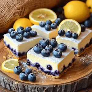 To make Blueberry Lemon Cheesecake Bars, you'll need fresh and simple ingredients. Here’s what you should gather: - 1 ½ cups graham cracker crumbs - ½ cup unsalted butter, melted - 2 tablespoons sugar - 16 oz cream cheese, softened - 1 cup sugar - 2 large eggs - 1 teaspoon vanilla extract - 2 tablespoons lemon juice - Zest of 1 lemon - 1 cup fresh blueberries - Powdered sugar for dusting (optional) These ingredients work together to create a rich and creamy dessert. The graham cracker crumbs form a tasty base. The cream cheese gives the bars their creamy texture. Fresh blueberries add a burst of flavor and color. If you want to mix things up, consider using different fruits. Raspberries or strawberries pair well with lemon. You can also try adding nuts for a crunchy texture. Each variation lets you have fun while making these bars. Enjoy experimenting! To start, preheat your oven to 325°F (163°C). This is the perfect temperature for baking cheesecake bars. Next, line an 8x8 inch baking pan with parchment paper. Leave some overhang. This makes it easy to lift the bars out later. In a mixing bowl, combine 1 ½ cups of graham cracker crumbs, ½ cup of melted unsalted butter, and 2 tablespoons of sugar. Mix well until the crumbs look like wet sand. Press this mixture firmly into the bottom of your pan. Make sure it is even. Pre-bake this crust in the oven for about 10 minutes. After, let it cool slightly. Now, let’s prepare the filling. In a large bowl, beat 16 ounces of softened cream cheese with an electric mixer. Mix until it is smooth and creamy. Gradually add in 1 cup of sugar, mixing until it is well blended. Then, add 2 large eggs, one at a time, mixing well each time. Add 1 teaspoon of vanilla extract, 2 tablespoons of lemon juice, and the zest of 1 lemon. Mix until just combined. Gently fold in 1 cup of fresh blueberries. Make sure they are evenly spread in the cream cheese mixture. Pour the cheesecake filling over your pre-baked crust. Spread it evenly across the top. Now, it's time to bake. Place the pan in the oven for 35-40 minutes. The center should be set but still slightly jiggly. Look for the edges to be firm while the middle is a little soft. This means your bars are done. Once finished, remove them from the oven and let them cool to room temperature. After cooling, refrigerate them for at least 4 hours or overnight. This helps the bars set well. When chilled, lift the cheesecake out of the pan using the parchment paper. Cut the bars into squares. If you like, dust them with powdered sugar for a nice finish. Enjoy your delicious Blueberry Lemon Cheesecake Bars! Making blueberry lemon cheesecake bars can seem easy, but mistakes do happen. Here are some common pitfalls: - Overmixing the batter: This can add too much air and cause cracks. Mix just until combined. - Not letting cream cheese soften: Cold cream cheese makes lumpy batter. Always let it sit out first. - Skipping the pre-bake: Pre-baking the crust helps keep it firm. Don’t skip this step. To avoid cracks or overbaking: - Bake at the right temperature: Keep your oven at 325°F. A too-hot oven can lead to cracks. - Check for doneness: The center should be slightly jiggly. It will firm up as it cools. - Cool slowly: After baking, let the bars cool in the oven with the door slightly open. This helps prevent cracks. Now, let’s talk about how to serve these tasty bars. Here are some ideas: - Garnish with fresh fruit: Add a few blueberries and lemon slices on top. It adds color and flavor. - Dust with powdered sugar: A light sprinkle gives a nice finish and looks great. - Serve with whipped cream: A dollop of cream balances the tanginess of the cheesecake. For beverages, pair these bars with: - Iced tea: A refreshing drink that complements the lemon flavor. - Lemonade: This drink enhances the citrus notes. - Coffee: The rich taste of coffee pairs well with the creamy bars. Enjoy these tips for a perfect treat! {{image_2}} You can easily change some ingredients in these bars. If you want a different crust, try using crushed cookies. Oreos or even almond flour work well. For a gluten-free option, consider using gluten-free graham crackers or ground nuts. If you need vegan options, replace the cream cheese with a plant-based version. You can also use aquafaba, the liquid from canned chickpeas, instead of eggs. This swap helps keep the texture light and fluffy. Feel free to get creative with flavors. You can add raspberry or strawberry for a twist. Mixing in chocolate chips can also make these bars even more delightful. Consider seasonal fruits, too. In summer, fresh peaches or cherries work beautifully. In fall, try adding pumpkin spice for a cozy flavor. Each variation can make your cheesecake bars unique and exciting! To keep your blueberry lemon cheesecake bars fresh, use these tips: - Refrigerate: Place bars in an airtight container. This keeps moisture in and prevents drying out. - Wrap: For extra protection, wrap bars in plastic wrap before placing them in the container. - Freeze: If you want to store them longer, freeze the bars. Cut them into squares, then wrap each piece in plastic wrap and place in a freezer bag. These methods help maintain flavor and texture for later enjoyment. You can enjoy your cheesecake bars for a while. Here’s what you need to know: - Refrigerator: These bars last up to 5 days when stored properly. - Freezer: In the freezer, they can stay good for about 2 months. Watch for signs of spoilage. If you see mold or a strange smell, it’s best to toss them out. Always trust your senses when it comes to food safety! You can make these bars a day in advance. After baking, let them cool. Then, refrigerate them for at least four hours. This helps the flavors blend and the texture set well. Yes, you can use frozen blueberries. Just remember to thaw and drain them first. They may release more juice, which can make the filling slightly wetter. To cut cheesecake bars neatly, use a sharp knife. Dip the knife in hot water and wipe it dry. This keeps the cuts clean and helps avoid messy edges. You can find the full recipe right here in this article. It includes all the ingredients and steps needed to make these tasty bars. You can try using Greek yogurt for a lighter option. It won’t be as rich, but it can still be creamy and delicious. Just make sure it is plain and unsweetened. In this post, I shared how to make delicious blueberry lemon cheesecake bars. We covered the ingredients needed, precise steps for preparation and baking, plus helpful tips to avoid common mistakes. I also offered ideas for variations and how to store your bars. Enjoying these treats is easy when you follow these steps. So go ahead, create your bars, and share them with friends. You'll be proud of your creation!
