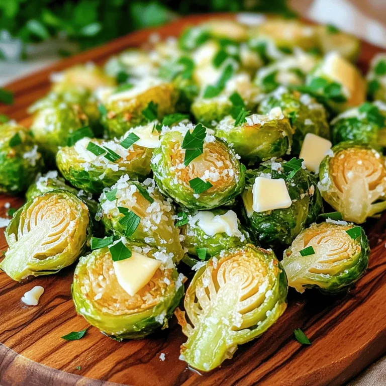 - 1 pound Brussels sprouts, halved - 4 tablespoons unsalted butter - 4 cloves garlic, minced - 1 teaspoon sea salt - ½ teaspoon black pepper - ½ teaspoon red pepper flakes (optional) - 2 tablespoons freshly grated Parmesan cheese (for garnish) - Fresh parsley, chopped (for garnish) You can easily swap some ingredients to fit your taste. Use olive oil instead of butter for a vegan option. If you want more heat, add more red pepper flakes. You can also try different cheese, like feta or nutritional yeast for a dairy-free choice. Choose Brussels sprouts that are firm and bright green. Avoid any that feel soft or yellowed. Store them in the fridge in a sealed bag. Use them within a week for the best flavor. Wash them right before cooking to keep them fresh. - Prepping the Brussels sprouts Start by washing the Brussels sprouts well. Trim any dry ends off. Cut each sprout in half from top to bottom. This helps them cook evenly and become crispy. - Melting the butter and mixing ingredients Next, melt 4 tablespoons of unsalted butter. You can do this in the microwave or on the stovetop. Once melted, add 4 cloves of minced garlic, 1 teaspoon of sea salt, ½ teaspoon of black pepper, and ½ teaspoon of red pepper flakes if you like some heat. Stir everything together until mixed well. - Roasting time and temperature Preheat your oven to 400°F (200°C). Spread the Brussels sprouts in a single layer on a baking sheet lined with parchment paper. Roast them in the oven for 25-30 minutes. The outer leaves should be crispy while the insides stay tender. - Ensuring even cooking Halfway through cooking, toss the Brussels sprouts. This helps them cook evenly and get that nice, crispy texture on all sides. - Adding garnishes and serving suggestions When the Brussels sprouts are done, take them out of the oven. Sprinkle 2 tablespoons of freshly grated Parmesan cheese on top while they are still hot. This will let the cheese melt slightly. Lastly, add some chopped fresh parsley for a pop of color and flavor. Serve them in a rustic bowl or on a wooden platter for a beautiful presentation. Drizzle any leftover garlic butter from the pan over the top for extra flavor. To make your crispy garlic butter Brussels sprouts even tastier, try adding more spices. You can use smoked paprika or onion powder for a new twist. Fresh herbs like thyme or rosemary also work well. If you want a cheese change, consider feta or goat cheese instead of Parmesan. Both add a nice, creamy touch that pairs well with the sprouts. Setting your oven right is key. Preheat it to 400°F (200°C) for the best results. This temperature helps the Brussels sprouts get that nice, crunchy texture. Cook them for about 25-30 minutes. Toss the sprouts halfway through cooking. This step ensures they cook evenly and get crispy all over. Also, space them out on the baking sheet. If they are too close, they will steam instead of roast. Serve your crispy Brussels sprouts in a rustic bowl or on a wooden platter. This style makes for a beautiful display. Drizzle any leftover garlic butter from the pan over the sprouts. It adds shine and flavor. Garnish with freshly chopped parsley for a pop of color. A sprinkle of extra cheese on top makes them look even more inviting. {{image_2}} You can switch things up by adding seasonal veggies. Try adding roasted butternut squash or sweet potatoes. Their sweetness pairs well with the sprouts. You could also toss in sliced apples for a touch of fruitiness. They add a nice crunch and flavor contrast. If you want a burst of color, consider adding red bell peppers or carrots. They not only taste great but also make the dish look vibrant. Want to make this dish vegan? Swap the butter for plant-based margarine or olive oil. You can still enjoy that rich flavor without using dairy. For a nutty twist, try adding nutritional yeast instead of Parmesan. It gives a cheesy flavor while keeping it dairy-free. These changes make the dish suitable for everyone at the table. Feeling adventurous? You can give your Brussels sprouts a world tour. For an Asian twist, add soy sauce and sesame oil. This will give the sprouts a savory kick. If you prefer Mediterranean flavors, try adding olives and sun-dried tomatoes. They add a burst of flavor and a bit of saltiness. For an Italian vibe, sprinkle in some Italian herbs like oregano or basil. Each variation makes this dish exciting and new. To keep your crispy garlic butter Brussels sprouts fresh, start by cooling them. Let them sit at room temperature for about 30 minutes after cooking. Place the sprouts in an airtight container. You can store them in the fridge for up to 3 days. If you want to keep them longer, freezing is an option. Just make sure they are fully cooled before placing them in a freezer-safe bag. This way, they won’t stick together. Reheating is important to maintain that crispy texture. For the best results, use an oven. Preheat your oven to 350°F (175°C). Spread the Brussels sprouts on a baking sheet. Heat them for about 10-15 minutes, or until they are warm and crispy again. You can also use a skillet. Just add a little butter or oil, and heat over medium heat until warm. Avoid the microwave, as it can make them soggy. Leftovers can last in the fridge for about 3 days. If you freeze them, they can stay good for up to 3 months. However, for the best taste, try to eat them within 1 month. Always check for any off smells or odd looks before eating. If they seem off, it’s best to toss them out. Enjoy your delicious dish while it's fresh! Can I use frozen Brussels sprouts? Yes, you can use frozen Brussels sprouts. However, fresh sprouts taste better. Frozen ones may not get as crispy. If using frozen, make sure to thaw them first. Pat them dry to remove extra moisture. This helps them crisp up in the oven. What to serve with crispy garlic butter Brussels sprouts? These Brussels sprouts pair well with many dishes. Try them with roasted chicken, grilled steak, or baked salmon. They also go great with pasta or quinoa. Serve them alongside a fresh salad for a complete meal. Why are my Brussels sprouts not crispy? If your Brussels sprouts are soft, they may not have enough space. Make sure they are in a single layer on the baking sheet. Also, check your oven temperature. If it's too low, the sprouts will steam instead of roast. Toss them halfway through cooking for even crispiness. How do I get the garlic flavor to stand out? To boost garlic flavor, use fresh garlic and add it to the melted butter. You can also roast some garlic cloves with the sprouts. This adds a rich, sweet garlic taste. Just remember not to burn the garlic while cooking! Caloric content and dietary impact One serving of crispy garlic butter Brussels sprouts has about 150 calories. They are low in carbs and high in fiber. Brussels sprouts are a great source of vitamins C and K. Adding butter and cheese increases the fat content. Balance this dish with lean proteins and whole grains for a healthy meal. In this post, I shared how to prepare crispy garlic butter Brussels sprouts. We covered ingredients, preparation, cooking steps, and tips for flavor and presentation. You learned about variations, storage, and answering common questions. Brussels sprouts can be tasty and fun to make. With the right techniques, you can impress guests and enjoy a healthy dish. I hope you try these methods and add your own twist to the recipe. Happy cooking!