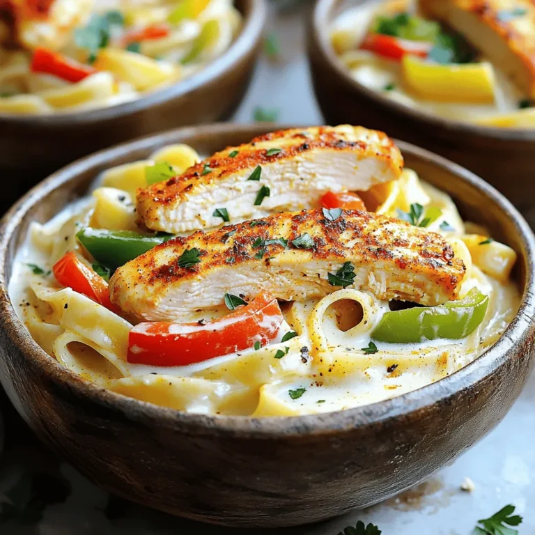 To make a zesty Cajun chicken pasta, you'll need a few key ingredients. Here’s the list: - 2 boneless, skinless chicken breasts - 2 tablespoons Cajun seasoning - 8 oz fettuccine pasta - 2 tablespoons olive oil - 1 red bell pepper, sliced - 1 green bell pepper, sliced - 1 small onion, sliced - 3 cloves garlic, minced - 1 cup heavy cream - 1 cup grated Parmesan cheese - Salt and pepper to taste - Fresh parsley, chopped (for garnish) These ingredients combine to create a dish full of flavor and comfort. The Cajun seasoning is key; it adds a nice kick and warmth to the chicken. I love using fresh bell peppers and onion, as they give a crisp texture and sweet taste. The heavy cream and Parmesan cheese make the sauce rich and creamy. Don't forget the parsley to brighten up your dish! - Bring salted water to a boil. - Cook fettuccine per package instructions. - Drain and set aside. Cooking pasta is simple. I always use salted water. It adds flavor. Boil your water until it bubbles. Add the fettuccine when it’s ready. Follow the package for cooking time. I like mine al dente. Once it’s cooked, drain it and let it rest. This will keep your pasta from getting sticky. - Season chicken with Cajun seasoning. - Cook in skillet until golden brown. - Let rest and slice into strips. Next, we focus on the chicken. I season both sides of the chicken breasts with Cajun seasoning. This gives it a nice kick. Heat olive oil in a skillet. Add the chicken and cook for about 5 to 7 minutes on each side. You want it golden brown and fully cooked. Once done, let the chicken rest for a few minutes. This makes it juicy. Then slice it into strips. - Sauté peppers, onion, and garlic in skillet. - Add heavy cream and simmer. - Stir in Parmesan cheese and season. Now, let’s make the sauce. In the same skillet, add sliced red and green peppers, along with onion and garlic. Sauté these for about 5 minutes. You want them tender. Then pour in the heavy cream. Let it simmer a bit. This thickens the sauce. Stir in grated Parmesan cheese. It makes the sauce creamy and rich. Don’t forget to season with salt and pepper to taste. - Toss cooked pasta and chicken in the sauce. - Heat through before serving. Finally, it’s time to combine everything. Add the cooked fettuccine and sliced chicken to the skillet. Toss it all together to coat the pasta and chicken with that creamy sauce. Cook for an additional two minutes on low heat. This warms everything up nicely. Now you’re ready to serve your delicious Cajun chicken pasta! - Always boil salted water before cooking pasta. This adds flavor. - Cook the fettuccine until al dente. This means it should be firm, not mushy. - Drain the pasta right when it’s done. Overcooking ruins the texture. - You can make your own Cajun seasoning. Mix paprika, cayenne, garlic powder, and oregano. - If you like it mild, use less seasoning. Add more if you enjoy heat. - Taste as you go! This helps you find the right spice level for you. - Serve the pasta in bowls for a homey feel. - Add a sprinkle of fresh parsley on top. It adds color and freshness. - Drizzle some olive oil over the dish. It gives a nice shine and taste. - Use plates for a fancier look. Choose flat plates to show off the meal. {{image_2}} You can switch up the protein in Cajun chicken pasta easily. If you want a different taste, try shrimp or sausage. Shrimp cooks fast and adds a nice flavor. Just sauté it in the skillet until it turns pink. Sausage will give a hearty touch. Slice it and cook until brown. For a veggie option, use chickpeas or tofu. Both give good protein without meat. Season them just like the chicken. Cook until golden and add them to the pasta. This way, everyone can enjoy a tasty meal. Adding vegetables can make this dish even better. Try spinach or mushrooms for extra flavor. Spinach wilts down nicely in the sauce. It adds color and health benefits. Mushrooms bring an earthy taste that pairs well with the cream. Think about using seasonal veggies too. In spring, add asparagus or peas. In fall, try roasted squash or zucchini. This keeps your dish fresh and full of flavors. You can make the sauce lighter if you prefer. Use low-fat cream instead of heavy cream. This keeps the creaminess but cuts some calories. If you're dairy-free, try coconut milk or cashew cream. Both give a rich taste without dairy. Just swap them in the recipe and enjoy a new twist. To keep Cajun chicken pasta fresh, I recommend putting leftovers in the fridge. Use an airtight container to seal in the flavor. This helps prevent the sauce from drying out. Make sure to eat the leftovers within three to four days for the best taste. When it's time to heat up your pasta, use the stove for the best results. Add a splash of cream or broth to keep it creamy. Heat it on low, stirring gently. You want to avoid burning the sauce. Microwave works too, just cover it with a lid. Heat in short bursts, stirring in between. To freeze leftovers, let the pasta cool completely first. Then, place it in a freezer-safe container. Make sure to leave some space at the top, as it may expand. This dish can last in the freezer for about two to three months. When ready to eat, thaw it in the fridge overnight before reheating. Cajun chicken pasta is a dish full of flavor. It combines chicken, pasta, and veggies in a creamy sauce. The key ingredients are chicken breasts, fettuccine pasta, bell peppers, and Cajun seasoning. Cajun seasoning brings a zesty kick, making this dish pop. It is easy to make and brings a taste of Louisiana to your table. Yes, you can make Cajun chicken pasta ahead of time. First, cook the pasta and chicken, then store them separately. This helps keep the pasta from getting mushy. When ready to eat, just reheat them together in a pan. Add a bit of cream or water to keep it creamy. You can also chop veggies ahead to save time. You can serve Cajun chicken pasta with several tasty sides. A fresh green salad pairs well and adds crunch. Garlic bread is also a great choice for soaking up that creamy sauce. If you like, serve it with steamed veggies for extra color and health. These sides make your meal feel complete. Cajun chicken pasta has a mild to medium spice level. The heat comes from the Cajun seasoning. If you prefer less heat, you can use less seasoning. If you like it spicy, feel free to add more. This dish is flexible and can fit your taste perfectly. Yes, you can make Cajun chicken pasta gluten-free. Use gluten-free pasta instead of regular fettuccine. Many brands offer great options that taste just as good. Be sure to check the Cajun seasoning, as some may contain gluten. With these swaps, everyone can enjoy this delicious meal. This blog post shares a simple guide to making Cajun Chicken Pasta. We covered the key ingredients, detailed cooking steps, tips for perfection, and ways to customize the dish. Remember, you can easily swap proteins or adjust spices to suit your taste. Storing and reheating leftovers effectively keeps your meal fresh and enjoyable. With these insights, you can create a tasty dish that impresses and satisfies. Dive into this flavorful recipe, and enjoy the delicious results!