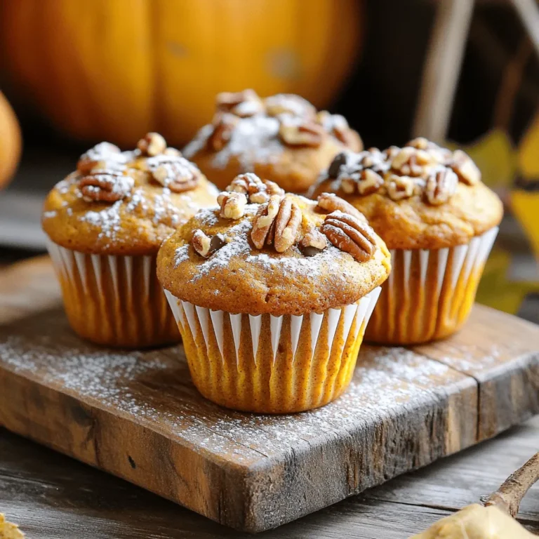 - 1 cup pure pumpkin puree - 1/2 cup brown sugar - 1/4 cup granulated sugar - 1/2 cup vegetable oil - 2 large eggs - 1 teaspoon vanilla extract - 1 1/2 cups all-purpose flour - 1 teaspoon baking powder - 1 teaspoon baking soda - 1 teaspoon ground cinnamon - 1/2 teaspoon ground nutmeg - 1/4 teaspoon ground ginger - 1/4 teaspoon salt - 1/2 cup chopped pecans (plus extra for topping) - 1/2 cup chocolate chips (optional) When I make Pumpkin Pecan Muffins, I rely on fresh, simple ingredients. The star of the show is pumpkin puree. This gives our muffins a rich, warm flavor. It also keeps them moist. I mix two types of sugar: brown and granulated. Brown sugar adds a nice caramel note. The granulated sugar helps with sweetness. Next, I use vegetable oil. It keeps the muffins tender. The two eggs help bind everything together. Don’t forget the vanilla extract! It enhances the overall taste. For the dry ingredients, I use all-purpose flour, baking powder, and baking soda. They help the muffins rise and become fluffy. Spices are key in this recipe. Ground cinnamon, nutmeg, and ginger bring warmth and depth. A pinch of salt balances the sweetness and enhances the flavors. Chopped pecans add crunch and a nutty taste. I also like to sprinkle more on top. If you want a sweet twist, add chocolate chips. They melt perfectly in the muffins. Gather these ingredients, and you're set for a delightful baking experience! 1. Preheat the oven and prepare the muffin tin First, set your oven to 350°F (175°C). This lets the oven get hot while you mix. Line your muffin tin with paper liners or greasing each cup with cooking spray. 2. Whisk together wet ingredients In a large bowl, add 1 cup of pure pumpkin puree. Next, mix in 1/2 cup of brown sugar and 1/4 cup of granulated sugar. Pour in 1/2 cup of vegetable oil, crack in 2 large eggs, and add 1 teaspoon of vanilla extract. Use a whisk to blend until the mixture is smooth and well combined. 3. Sift and combine dry ingredients In another bowl, sift together 1 1/2 cups of all-purpose flour, 1 teaspoon of baking powder, 1 teaspoon of baking soda, and spices: 1 teaspoon of ground cinnamon, 1/2 teaspoon of nutmeg, 1/4 teaspoon of ground ginger, and 1/4 teaspoon of salt. This mix brings out the best flavors. 1. Fold ingredients together correctly Gradually add the dry mixture into the wet mixture. Stir gently until just combined. Be careful not to overmix, as this keeps the muffins light and fluffy. 2. Fill muffin cups and prepare for baking Next, fold in 1/2 cup of chopped pecans. If you like, you can also add 1/2 cup of chocolate chips. Divide the batter evenly among the muffin cups, filling each about 3/4 full. Top each muffin with extra chopped pecans for a nice crunch. 3. Baking time and doneness check Place the tin in the preheated oven and bake for 20 to 25 minutes. To check if they are done, insert a toothpick into the center. If it comes out clean, your muffins are ready. After baking, let them cool in the tin for 5 minutes before moving them to a wire rack. How to avoid overmixing the batter To keep your muffins light, mix gently. When you add the dry ingredients to the wet ones, stir until just combined. It is okay if some flour shows. This helps avoid tough muffins. Ensuring muffins rise and have the perfect texture Use fresh baking powder and baking soda for a good rise. Make sure your oven is preheated to 350°F. Fill the muffin cups about 3/4 full. This allows space for the muffins to rise without spilling over. Ingredients substitutions for best results You can use coconut oil instead of vegetable oil for a different taste. If you don’t have brown sugar, try using all granulated sugar. For a dairy-free option, use almond milk instead of regular milk in any glaze. Serving suggestions for a beautiful display Serve your muffins on a rustic wooden board. A pretty cake stand also works well. You can add some fall leaves around them for a seasonal touch. Optional toppings for added flavor and flair Dust muffins with powdered sugar for sweetness. A simple glaze made of powdered sugar and milk is a great option too. You can even add a few extra chopped pecans on top for a nice crunch. {{image_2}} You can change up the taste of your pumpkin pecan muffins easily. Adding different nuts or fruits makes a big difference. Try walnuts or almonds for a new crunch. Dried cranberries or apples can add a sweet twist, too. Mixing in spices can also create unique flavors. For a warm taste, add cardamom or allspice. Want something zesty? A bit of orange zest gives a nice kick. Experimenting keeps each batch fun and fresh! For gluten-free muffins, use gluten-free all-purpose flour instead of regular flour. This swap keeps the texture right while catering to gluten-free diets. You can also make the muffins vegan. Replace eggs with flax eggs. To do this, mix one tablespoon of ground flaxseed with three tablespoons of water. Let it sit for five minutes until it thickens. Use plant-based oil instead of vegetable oil. These changes help everyone enjoy these tasty treats! To keep your pumpkin pecan muffins fresh, store them in an airtight container. This helps retain moisture and flavor. You can keep them at room temperature for up to three days. If you live in a humid area, the fridge may be a better option. Storing them in the fridge can extend freshness for about a week. However, the muffins may dry out a bit faster in the fridge. To freeze your muffins, let them cool completely first. Wrap each muffin in plastic wrap. Then, place them in a freezer-safe bag. This keeps them fresh for up to three months. When you want to enjoy one, simply take it out of the freezer. You can reheat the muffin in the microwave for about 20-30 seconds. For a crispier edge, pop it in the oven at 350°F (175°C) for a few minutes. This method makes them taste freshly baked! Can I use canned pumpkin instead of puree? Yes, you can use canned pumpkin. It is smooth and easy to mix. Just make sure it is pure pumpkin, not pumpkin pie filling. This gives your muffins a rich, pumpkin flavor without extra sugar. What can I substitute for eggs in this recipe? You can use applesauce, mashed banana, or flaxseed meal. For flaxseed, mix one tablespoon with three tablespoons of water. Let it sit for a few minutes. This will help bind the muffins just like eggs do. How do I know when the muffins are done baking? Insert a toothpick into the center of a muffin. If it comes out clean, the muffins are done. If it has wet batter, bake them for a few more minutes. The tops should also look golden brown. How to achieve a crunchy muffin top? For a crunchy top, add extra chopped pecans on top before baking. You can also sprinkle a bit of sugar on top to create a sweet crust. Baking at a slightly higher temperature for a few minutes helps too. Can I make mini muffins with this recipe? Yes, you can make mini muffins! Just fill the mini muffin cups about halfway. Bake for about 12-15 minutes, checking for doneness with a toothpick. What other flavors pair well with pumpkin and pecan? Chocolate pairs well for a rich taste. You can also add cranberries for a tart kick. Spices like cloves or allspice can enhance the warm flavor of pumpkin too. In this post, we explored how to make delicious pumpkin pecan muffins. We covered key ingredients, step-by-step instructions, expert tips, and delicious variations. You learned how to avoid common mistakes and keep your muffins fresh. Remember, experimenting with flavors and ingredients can lead to fun surprises. Whether you enjoy them warm or cold, these muffins are sure to please. Now, it’s your turn to bake and share these tasty treats!
