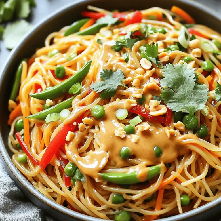 - 8 ounces of rice noodles - 1 tablespoon of sesame oil - 2 cloves of garlic, minced - 1 red bell pepper, sliced - 1 cup of shredded carrots - 1 cup of snap peas - ½ cup of creamy peanut butter - ¼ cup of soy sauce - 2 tablespoons of honey or maple syrup - 2 tablespoons of rice vinegar - 1 tablespoon of sriracha These ingredients create a tasty meal. Rice noodles are the base. They soak up all the flavors. Fresh vegetables add color and crunch. The peanut sauce is creamy and rich. This mix is what makes it better than takeout. - 1 green onion, sliced - Chopped cilantro - Crushed peanuts Garnishes add flair and flavor. Green onions give a nice crunch. Cilantro adds freshness. Crushed peanuts give an extra texture. Feel free to use any or all of these. They make the dish look great! - Alternative noodles: You can use soba or whole wheat noodles. - Variations for dietary restrictions: Use almond butter for nut allergies. For gluten-free, choose gluten-free soy sauce. These swaps can help meet your needs. Don’t hesitate to mix things up. Cooking is all about finding what works for you! To start, boil 8 ounces of rice noodles in water. Cook them according to the package instructions. This usually takes about 4 to 6 minutes. The goal is to get them al dente, which means they should be firm but not hard. To keep them from sticking, drain the noodles and rinse them with cold water. This stops the cooking and cools them down. Next, heat 1 tablespoon of sesame oil in a skillet or wok over medium heat. Mince 2 cloves of garlic and add them to the pan. Sauté for about 30 seconds until the garlic smells amazing. Then, toss in 1 sliced red bell pepper, 1 cup of shredded carrots, and 1 cup of snap peas. Stir-fry for 3 to 4 minutes. The veggies should be tender-crisp, meaning they still have a bit of bite. Now, let’s make the peanut sauce. In a bowl, whisk together ½ cup of creamy peanut butter, ¼ cup of soy sauce, 2 tablespoons of honey or maple syrup, and 2 tablespoons of rice vinegar. Add 1 tablespoon of sriracha for some heat. Whisk until the mix is smooth. If it's too thick, add a bit of warm water to thin it out. Once your veggies are ready, add the drained noodles to the skillet. Pour the peanut sauce over the noodles and veggies. Toss everything together gently, making sure all the noodles are covered in sauce. Heat the mix for about 2 to 3 minutes until everything is warm. When serving, divide the noodles among bowls. For a nice touch, garnish with sliced green onions, chopped cilantro, and crushed peanuts. This adds color and a crunchy texture. Enjoy your Better-Than-Takeout Thai Peanut Noodles! - Avoiding mushy noodles: To keep rice noodles firm, cook them just until al dente. Rinse them in cold water right after. This stops cooking and keeps them from getting mushy. - Flavor enhancement suggestions: Boost the taste by adding a squeeze of fresh lime juice. You can also toss in some chopped peanuts or a sprinkle of sesame seeds for extra crunch. - Best practices for storing leftovers: Store leftover noodles in an airtight container. Keep them in the fridge for up to three days. If you know you won't eat them soon, consider freezing for longer storage. - Reheating tips: Reheat noodles in a skillet over medium heat. Add a splash of water or broth to help them regain moisture. Stir often to heat evenly. - Fixing overly thick sauce: If your sauce is too thick, add a little warm water or broth until it reaches your desired consistency. Whisk it well to combine. - Balancing flavors if too salty or sweet: If your dish tastes too salty, add a squeeze of lime juice. If it’s too sweet, mix in a splash of rice vinegar. This will help balance the flavors nicely. {{image_2}} You can make these Thai peanut noodles heartier by adding protein. Chicken, shrimp, or tofu work well. - For chicken, cut it into bite-sized pieces. Cook it in the skillet for about 5–7 minutes until it's no longer pink. - If using shrimp, add them after the garlic. They cook in about 3–4 minutes. - For tofu, use firm or extra-firm. Cube it and sauté for around 5–6 minutes until golden. To make this dish vegan, swap the honey for maple syrup. It gives a nice sweetness without animal products. For gluten-free noodles, use rice noodles, as this recipe suggests. Always check the soy sauce label. Look for gluten-free options to keep it safe for those with allergies. You can add lime juice for a zesty kick. Just squeeze half a lime into the sauce before mixing it in. Coconut milk also adds a creamy texture. Replace part of the peanut butter with coconut milk for a different taste. Feel free to mix in different veggies. Broccoli, zucchini, or baby corn all fit nicely. Experiment and find your favorite combo! To keep your Better-Than-Takeout Thai Peanut Noodles fresh, use airtight containers. This helps lock in flavor and moisture. Place your cooled noodles in the container. Store them in the fridge for up to four days. Make sure to label your containers. This way, you know what’s inside and when you made it. If you want to save some for later, freezing is a great option. To freeze, first let the noodles cool completely. Then, place them in freezer-safe bags. Remove as much air as possible before sealing. They can stay fresh for up to three months. When you're ready to eat, thaw them in the fridge overnight. Reheat in a pan over low heat, adding a splash of water if needed. Your Thai Peanut Noodles will taste best within four days in the fridge. After that, they may not be as fresh. Watch for signs of spoilage, like off smells or mold. If the noodles look or smell strange, it’s best to toss them out. Always trust your senses when it comes to food safety. Thai peanut noodles last about 3 to 5 days in the fridge. Store them in an airtight container. Make sure to cool them fully before sealing. Check for any off smells or mold before eating leftovers. Yes, you can make this dish in advance. Cook the noodles and veggies, then store them separately from the sauce. This keeps everything fresh. When ready to eat, just combine and heat. This makes for a quick meal on busy days. You can serve Thai peanut noodles with many sides. Try fresh spring rolls for a light touch. A simple cucumber salad pairs well too. If you want protein, grilled chicken or shrimp adds heartiness. The recipe can be spicy, depending on how much sriracha you add. If you like it mild, use less sriracha or skip it. For more heat, add more sriracha. Adjust to your taste for a perfect meal. In this post, I shared how to make delicious Thai peanut noodles. We covered key ingredients like rice noodles and peanut sauce, plus tips for cooking and serving. Remember to explore variations for different diets and tastes. From storage tips to common fixes, I aimed to make this dish easy and fun for you. Enjoy experimenting with flavors, and serve it your way. Happy cooking!
