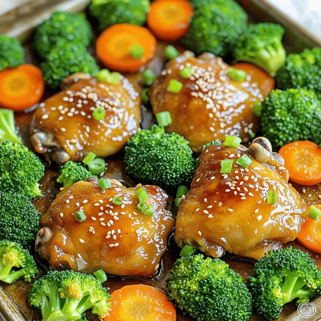 - 4 boneless, skinless chicken thighs - 2 cups broccoli florets - 1 cup baby carrots, halved - 4 tablespoons honey - 4 cloves garlic, minced - 3 tablespoons soy sauce (low-sodium) - 2 tablespoons sesame oil - 1 teaspoon ginger, grated - Sesame seeds for garnish - Chopped green onions for garnish The main ingredients create a tasty base for this dish. Chicken thighs provide rich flavor and juiciness. Broccoli florets add crunch and color. Baby carrots give a sweet touch. The sauce components bring the dish to life. Honey adds sweetness, while garlic gives a strong flavor. Low-sodium soy sauce balances the sweet and savory tastes. Additional flavorings enhance the dish. Sesame oil adds a nutty note. Grated ginger brings warmth and depth. For garnish, sesame seeds and green onions add a fresh touch. They make the final dish look beautiful and appetizing. First, preheat your oven to 400°F (200°C). This step is key for even cooking. While the oven heats, you can make the marinade. In a mixing bowl, combine: - 4 tablespoons honey - 4 cloves garlic, minced - 3 tablespoons soy sauce (low-sodium) - 2 tablespoons sesame oil - 1 teaspoon ginger, grated Mix these ingredients well. The honey adds sweetness, while the garlic brings flavor. Next, take your chicken thighs and coat them in the marinade. Use a spoon or your hands to ensure every piece gets covered. This will help the chicken absorb all the flavors. Let the chicken sit in the marinade for 15 minutes. This short wait makes a big difference in taste. While the chicken marinates, wash and cut 2 cups of broccoli florets and 1 cup of baby carrots, halved. Lightly season the vegetables with salt and pepper. On a large sheet pan, spread the marinated chicken thighs in the center. Then, arrange the broccoli and carrots around the chicken. Drizzle any leftover marinade over the veggies. This way, they soak up the sweet garlic goodness too. Now, place the sheet pan in the preheated oven. Bake for 25-30 minutes. Check that the chicken reaches an internal temperature of 165°F (75°C) and the veggies are tender. For a crispy finish, switch the oven to broil for the last 3-5 minutes. Keep a watchful eye to prevent burning. Remove the pan from the oven and enjoy your delicious meal! Marinating the chicken is key for flavor. I suggest letting it sit for at least 15 minutes. This time allows the marinade to soak in. You want the honey and garlic to really shine through. To coat evenly, use your hands or a spoon. Make sure each piece is well-covered. This helps every bite taste amazing. Baking gives your chicken a nice, juicy texture. Broiling at the end adds a crisp finish. I recommend baking at 400°F for 25-30 minutes. Check the chicken's doneness with a meat thermometer. It should reach 165°F inside. If you don’t have one, cut into the chicken. It should look opaque and juices run clear. Pair this dish with rice or quinoa for a great meal. You can also serve it with a fresh salad. Presentation matters too! Use a nice plate or serve straight from the pan. Sprinkle sesame seeds and green onions on top. This adds color and crunch. Enjoy your beautiful and tasty creation! {{image_2}} Roasting different veggies can spice up your dish. Try bell peppers, zucchini, or even asparagus. They add color and taste. In summer, seasonal veggies like corn or green beans work well. Each option brings a unique flavor. If you want change, swap chicken for tofu or shrimp. Tofu absorbs flavors well and is a great vegetarian choice. If you choose shrimp, remember they cook faster. Adjust cooking time to about 15-20 minutes for shrimp. For tofu, bake for 25-30 minutes like chicken. Adding spices or herbs can make this meal exciting. Consider ginger, chili flakes, or fresh basil. You can also try a different sauce, like teriyaki or sweet chili. Each twist will give you a new taste experience. Experiment and find what you love! To store leftovers, first let the dish cool down. Place the honey garlic chicken and broccoli in an airtight container. Make sure to separate the chicken from the veggies if they are too soft. This keeps your chicken and broccoli fresh. Store it in the refrigerator for up to three days. You can enjoy it later or use it in another dish. The best way to reheat this dish is in the oven. Preheat your oven to 350°F (175°C). Place the chicken and broccoli on a baking sheet. Heat for about 10-15 minutes, or until warmed through. This method helps keep the chicken juicy and the broccoli crisp. You can use the microwave if you are short on time. Heat in 30-second bursts, stirring in between. This avoids soggy veggies and helps keep texture. Yes, you can freeze this meal! It’s perfect for meal prep. To freeze, first let the dish cool completely. Then, place the chicken and broccoli in a freezer-safe container. Make sure to leave some space for expansion. You can freeze it for up to three months. To thaw, place it in the fridge overnight. Reheat as mentioned above for the best results. Enjoy your meal even days later! If you want to swap out honey, try agave syrup. It has a similar sweetness. Maple syrup is another good choice. You could also use brown sugar dissolved in water. Just mix one cup of brown sugar with a half cup of warm water. This will give you a nice sweet flavor like honey. To add some heat, sprinkle red chili flakes over the chicken and veggies. You can also drizzle sriracha on top before serving. If you like fresh heat, try adding sliced jalapeños. They will give a nice kick and enhance the dish. To check if the chicken is done, use a meat thermometer. The center should reach 165°F (75°C). If you don't have a thermometer, look for clear juices when you cut into the chicken. The meat should not be pink. Make sure the outside is golden brown for the best look and taste. This dish combines marinated chicken, fresh veggies, and a tasty sauce. It’s easy to make with just a few steps. Remember to marinate your chicken for the best flavor. Feel free to mix in different veggies or proteins for variety. Leftovers store well, making this meal a great choice for busy days. Enjoy experimenting with flavors and serving suggestions that suit your taste. Healthy cooking can be simple and delicious!