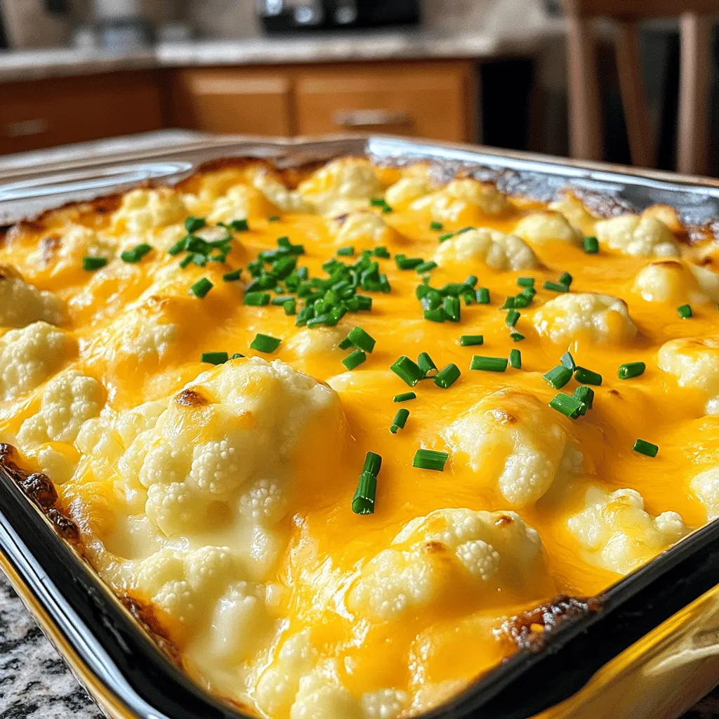 To create a tasty Cheesy Cauliflower Casserole, you need the following ingredients: - 1 large head of cauliflower, cut into florets - 1 tablespoon olive oil - 1 teaspoon garlic powder - 1 teaspoon onion powder - 1 teaspoon smoked paprika - Salt and pepper to taste - 1 cup shredded sharp cheddar cheese - 1 cup cream cheese, softened - 1 cup unsweetened almond milk (or any milk alternative) - ½ cup grated Parmesan cheese - ¼ cup chopped fresh chives (for garnish) Each ingredient plays a big role in making this dish creamy and delicious. The cauliflower serves as a healthy base, while the cheeses add a rich flavor. The spices bring warmth and depth, making every bite enjoyable. Don't skip the chives! They add a nice color and fresh taste on top. You can also mix and match ingredients based on your taste. Want a bit of spice? Add more paprika! Looking for a twist? Try a different cheese! - Preheat the oven to 375°F (190°C). - In a large pot, bring salted water to a boil. - Add the cauliflower florets and cook for about 5 minutes. - Drain and set the cauliflower aside. - In a large mixing bowl, combine the softened cream cheese and almond milk. - Whisk until the mixture is smooth and creamy. - Next, add the shredded cheddar cheese. - Sprinkle in garlic powder, onion powder, smoked paprika, salt, and pepper. - Mix until all ingredients are well combined. - Fold the cooked cauliflower into the cheese mixture. - Make sure each piece is well coated. - Transfer the mixture into a greased 9x13 inch casserole dish. - Spread it out evenly across the dish. - Sprinkle grated Parmesan cheese over the top. - Bake in the oven for 25-30 minutes. - Look for a golden and bubbly top. - Once done, let the casserole sit for a few minutes. - Garnish with fresh chopped chives before serving. To make a great casserole, start with ripe cauliflower. Look for firm florets with no brown spots. A fresh head means better taste and texture. For creamy texture, use softened cream cheese and almond milk. Whisk them well to avoid lumps. Mix in shredded cheddar cheese for extra flavor and creaminess. You can choose to steam or boil the cauliflower. Steaming keeps it firm, while boiling makes it softer. If you prefer a crunchier bite, boil it for just five minutes. Adjust the cooking time based on how you like your veggies. A little less time gives a firmer casserole. Pair your casserole with proteins like grilled chicken or baked fish. Both add a nice balance. For sides, consider a fresh salad or roasted vegetables. They add color and nutrition to your plate. Enjoy your cheesy cauliflower casserole as a comforting meal! {{image_2}} You can make this dish fit your needs. For a dairy-free option, use coconut cream or cashew cream instead of cream cheese. You can also swap almond milk with oat or soy milk. If you want a low-carb version, replace the cauliflower with broccoli or zucchini. These options keep the dish tasty and satisfying. To make your casserole even better, try adding fresh herbs like thyme or basil. A pinch of red pepper flakes can add a nice kick. You can mix in different cheeses too! Mozzarella adds a nice stretch, while gouda gives a smoky flavor. Experiment to find your favorite blend. Want to make this dish ahead? You can freeze it before baking. Just wrap it well and store it in the freezer for up to three months. When ready, bake it straight from the freezer; it may take a bit longer to cook. To reheat leftovers, use the oven for the best texture. Heat it at 350°F (175°C) until warm, about 15-20 minutes. Enjoy your cheesy cauliflower casserole! To keep your cheesy cauliflower casserole fresh, cool it before storing. Place leftovers in a shallow container. Use an airtight container to keep moisture out. You can also cover it tightly with plastic wrap or aluminum foil. This helps keep the flavors intact. Store it in the fridge within two hours of cooking. Leftovers last about three to five days in the fridge. If you want to keep it longer, freeze it. For best taste, use it within three months. Check for signs of spoilage, like off smells or mold. If it looks or smells strange, throw it away. The best way to reheat is in the oven. Preheat to 350°F (175°C). Place the casserole in an oven-safe dish. Cover it with foil to avoid drying out. Heat for about 20-25 minutes. You can also use the microwave, but be careful. Stir halfway through to ensure even warming. Avoid overcooking, which can make it soggy. Cheesy Cauliflower Casserole is a warm, creamy dish. It uses cauliflower, cheese, and spices. This dish is great for those who love comfort food. The sharp cheddar and cream cheese blend together well. Each bite feels rich and satisfying. The dish is also pleasing to the eye, with a golden top and fresh chives sprinkled on top. It is a perfect side dish or even a light meal. Yes, you can prepare it ahead of time! Cook the cauliflower and mix it with the cheeses. Place the mixture in your casserole dish. Cover it and store it in the fridge. You can bake it later when you are ready to eat. This makes it easy for busy days or gatherings. Just remember to bake it for a bit longer if it's cold from the fridge. To make this dish vegan, swap out the dairy products. Use vegan cream cheese and a dairy-free cheese blend. Almond milk is also a great choice. You can add nutritional yeast for a cheesy flavor. This way, you still enjoy the creamy texture without any animal products. It's a simple switch that keeps the dish delicious. You will know the casserole is done when the top is golden brown. It should look bubbly and inviting. You can also poke it with a fork. If it feels soft and warm inside, it's ready to eat. Let it cool for a few minutes before serving. This helps the flavors settle and makes it easier to scoop. Absolutely! You can add veggies like broccoli, spinach, or bell peppers. Just chop them small so they cook evenly. Mix them in with the cauliflower before baking. This adds color and extra nutrition. You can be creative with your veggie choices to fit your taste. This blog post guides you through making a tasty Cheesy Cauliflower Casserole. We covered the key ingredients, detailed steps, and tips for the best results. Remember, the right cooking methods and fresh ingredients make a big difference. You can also adapt the recipe with different flavors or dietary needs. Finally, this dish not only satisfies your taste buds but also fits into various meal plans. Enjoy your cooking, and I hope your casserole turns out great!