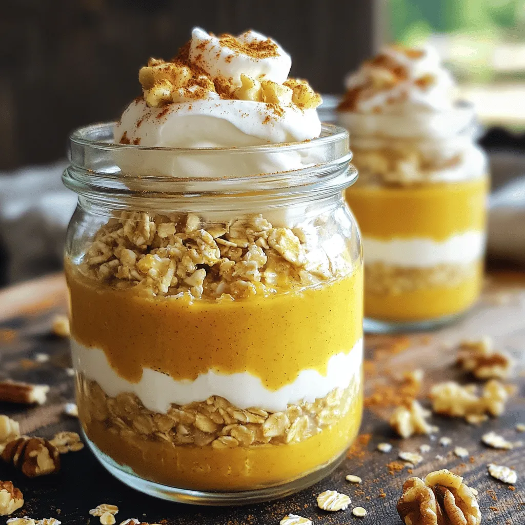 To make this tasty dish, you need a few key items. Here’s what you will need: - 1 cup rolled oats - 1 cup almond milk (or milk of choice) - 1/2 cup pumpkin puree - 1 tablespoon maple syrup (or honey) - 1 teaspoon pumpkin pie spice - 1/2 teaspoon vanilla extract - A pinch of salt These ingredients create a creamy and flavorful base. The oats soak up the liquid and flavors overnight, making them soft and delicious by morning. You can add some optional ingredients to make your oats even better. Consider these: - 1/4 cup Greek yogurt (optional for creaminess) - Chopped walnuts or pecans for topping - Whipped cream (optional, for serving) Greek yogurt adds creaminess and protein. Nuts provide a nice crunch, while whipped cream makes it feel special. This dish is not just tasty; it is also good for you. Here are some quick facts: - Oats are high in fiber and can help keep you full. - Pumpkin is packed with vitamins A and C. - Maple syrup adds sweetness with some minerals. This breakfast is a great way to start your day. It offers a mix of healthy carbs, fats, and protein. Enjoy your pumpkin pie overnight oats and feel good about your meal! To start, gather your ingredients. You need rolled oats, almond milk, pumpkin puree, maple syrup, pumpkin pie spice, vanilla extract, Greek yogurt, and a pinch of salt. In a medium bowl, combine these. Stir well until everything is mixed. This helps blend the flavors. Next, divide the mixture into two airtight containers. Seal them tightly. Refrigerate overnight or for at least four hours. This soaking time is key. It allows the oats to soften and soak up the goodness. When mixing, you can adjust the sweetness. If you want it sweeter, add more maple syrup or honey. The Greek yogurt is optional but adds creaminess. If you skip it, your oats will still taste great. Always use airtight containers. This keeps the oats fresh and prevents spills. Store them in the fridge. They will last up to five days. This makes it easy to grab a quick breakfast. The next morning, stir your oats again. This helps mix the settled ingredients. Top with chopped walnuts or pecans for a nice crunch. For a special treat, add whipped cream on top. Serve in clear jars to show off those beautiful layers. You can even sprinkle a dash of pumpkin pie spice on top. This adds a lovely touch. Enjoy your cozy fall breakfast! To get your oats just right, focus on the liquid ratio. Use 1 cup of almond milk for every cup of rolled oats. This balance keeps the oats creamy, not too thick or runny. If you prefer thicker oats, add a bit more oats. If you like them creamier, add more milk. Let the oats soak overnight. This way, they absorb the milk and flavors. Start with 1 tablespoon of maple syrup. After mixing, taste it. If you want more sweetness, add a little more syrup or honey. For spice, the pumpkin pie spice adds warmth. You can adjust this too. If you love cinnamon, add more cinnamon to enhance the flavor. Just remember, a little goes a long way! If you have leftover oats, store them in the fridge for up to 4 days. You can enjoy them cold or heat them up. If you have extra pumpkin puree, use it in smoothies or muffins. This helps cut down on waste. You can also top your oats with leftover nuts or fruits. Get creative and enjoy every bite! {{image_2}} You can switch the milk to fit your needs. Almond milk works great, but other options exist. Try oat milk or coconut milk for a different taste. Rice milk is also a good choice if you want something lighter. Each milk will change the flavor a bit, so feel free to explore. Adding extras can make your oats even better. Chia seeds add a nice crunch and fiber. You can mix in flaxseeds for healthy fats. If you like sweetness, try diced apples or a few raisins. A scoop of protein powder can boost nutrition, too. These choices keep it fun and tasty! In fall, you can add cranberries or pecans for a festive touch. In winter, try adding orange zest for a bright flavor. In spring, a scoop of yogurt can lighten the dish. In summer, fresh berries or peaches are perfect. Each season brings new tastes to enjoy in your oats! To keep your pumpkin pie overnight oats fresh, use airtight containers. Glass jars work well. Fill each jar with the oat mixture. Seal them tight and place them in your fridge. This helps the oats soak up all the flavors. You can store them for up to five days. Just remember to stir before you eat. Yes, you can freeze pumpkin pie overnight oats. Use freezer-safe containers or bags. Fill them with the oat mixture, leaving some space for expansion. They can last up to three months in the freezer. To eat, thaw them overnight in the fridge. Give them a good stir before serving. Pumpkin pie overnight oats last five days in the fridge. If they change color or smell sour, it's best to toss them. Any watery separation is normal. Just stir it back in. If you see mold, throw it away right away. Always check before you dig in! Overnight oats are a simple way to prepare oatmeal. You mix oats with liquid and let them soak overnight. This process makes the oats soft and creamy. You can flavor them with fruits, spices, or yogurt, like in this pumpkin pie recipe. They are easy to make and perfect for busy mornings. Yes, you can use fresh pumpkin. First, cook the pumpkin until soft. Then, blend it until smooth. This way, you get a fresh taste. Canned pumpkin puree is still a great choice for convenience. It saves time and is always ready to use. You can store pumpkin pie overnight oats in the fridge for up to five days. Just make sure to use an airtight container. They may thicken a bit, so stir in some milk if needed. This makes them creamy and tasty again. Steel-cut oats are not the best choice for overnight oats. They do not soak up liquid as well as rolled oats. If you want to use them, cook them first or let them soak longer. Rolled oats give you the right texture for this recipe. You can use many toppings for your overnight oats. Try fresh fruit like bananas, berries, or apples. You can also use seeds, like chia or flaxseeds. A drizzle of honey or maple syrup adds sweetness. For a fun twist, add chocolate chips or coconut flakes. Pumpkin pie overnight oats are easy to make and taste great. We covered essential ingredients, including optional adds to boost flavor. You learned how to prepare, mix, and store your oats for the best results. I shared tips on adjusting texture and flavor, plus ways to enjoy leftovers. Explore variations to fit your taste and needs. Lastly, I shared storage tips and answered common questions. With this guide, you can prepare delicious, nutritious oats that are full of flavor. Enjoy your breakfast adventure!