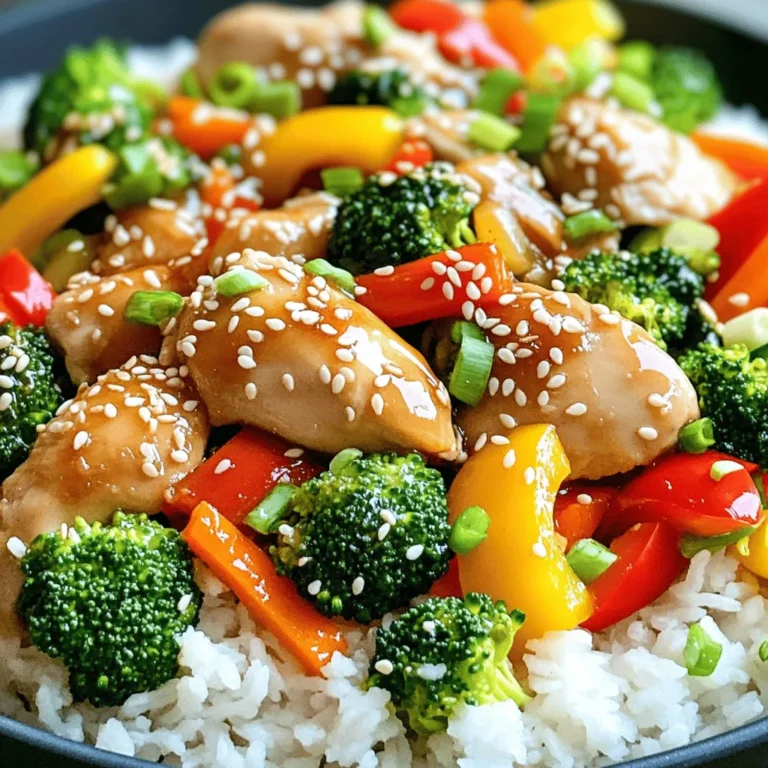 - 1 lb boneless chicken thighs, sliced - 2 tablespoons honey - 3 tablespoons soy sauce - 2 cloves garlic, minced - 1-inch piece ginger, grated - 1 bell pepper, sliced - 1 cup broccoli florets - 1 carrot, julienned - 1 tablespoon sesame oil - 2 tablespoons vegetable oil - Salt and pepper to taste - Cooked rice or noodles for serving To make this dish shine, I use boneless chicken thighs. They stay juicy and tender. Honey adds a touch of sweetness. Soy sauce brings a savory kick. Garlic and ginger give it depth and warmth. For veggies, I love bell peppers, broccoli, and carrots. They add color and crunch. - Sesame seeds - Green onions For a finishing touch, sprinkle sesame seeds on top. Chopped green onions add freshness and flavor. - Rice - Noodles I often serve this stir-fry over rice or noodles. Both options soak up the delicious sauce. You can choose whatever you prefer. - Mixing the honey garlic sauce In a small bowl, combine 2 tablespoons of honey, 3 tablespoons of soy sauce, 2 cloves of minced garlic, and 1-inch of grated ginger. Stir until the honey dissolves. This sauce brings flavor to our dish. - Slicing the chicken and vegetables Take 1 pound of boneless chicken thighs and slice them into thin pieces. Next, slice your bell pepper and julienne the carrot. Cut 1 cup of broccoli into small florets. This step ensures even cooking. - Stir-frying the chicken Heat 2 tablespoons of vegetable oil in a large skillet over medium-high heat. Add the sliced chicken and cook for about 5-7 minutes. Stir often until the chicken turns golden brown. Season with salt and pepper. - Adding vegetables and sauce Once the chicken is cooked, push it to one side of the skillet. Add 1 tablespoon of sesame oil to the empty side. Toss in the sliced bell pepper, broccoli, and julienned carrot. Stir-fry for 3-4 minutes until the veggies are tender but crisp. Pour the honey garlic sauce over the chicken and vegetables. Toss everything to coat well, and cook for another 2 minutes. - Plating the dish Serve your stir-fry over cooked rice or noodles. Use a large spoon to scoop the chicken and veggies onto the plate. - Garnishing appropriately Top your dish with sesame seeds and chopped green onions. This adds a nice touch and extra flavor. Enjoy your meal! To get perfectly cooked chicken, use boneless chicken thighs. They stay juicy. Slice the chicken into bite-sized pieces. This helps it cook evenly. Heat vegetable oil in a hot skillet. Stir-fry the chicken until golden brown. This usually takes about 5-7 minutes. Don’t forget to season with salt and pepper for taste. For crisp-tender vegetables, add them after the chicken is cooked. Use fresh bell peppers, broccoli, and carrots. Stir-fry them for 3-4 minutes. Keep an eye on them; you want them tender but still crisp. This gives a great texture to your dish. If you want to adjust the sweetness, add more or less honey. For a saltier flavor, add a bit more soy sauce. Taste the sauce as you mix. It should balance sweet and salty. For extra flavor, you can add red pepper flakes for heat. A splash of rice vinegar can brighten the taste. Don’t be afraid to experiment to find your favorite mix. Preparing ingredients in advance makes cooking easier. Slice the chicken and chop the veggies ahead of time. Store them in airtight containers in the fridge. This way, your meal comes together quickly. To store leftovers effectively, place them in a container with a tight lid. You can keep the stir-fry in the fridge for 3-4 days. Reheat in a skillet or microwave when you're ready to eat. This dish stays tasty after reheating. {{image_2}} You can switch the chicken for shrimp or tofu. Shrimp cooks fast and adds a nice taste. Tofu gives a great texture and is vegan-friendly. If you want beef or pork, use thin slices for quick cooking. Just remember, adjust your cooking time for each protein type. Feel free to use other veggies. Snow peas, zucchini, or snap peas work well. You can also add mushrooms for extra flavor. In summer, try using fresh corn or green beans. In winter, add hearty vegetables like kale or Brussels sprouts. Be creative with the seasons! Want more spice? Add sliced chilies or red pepper flakes. They bring heat and depth to the dish. You can also try different sauces. Swap soy sauce for teriyaki or hoisin sauce for a sweet twist. Mix and match to find your favorite flavor profile! - How long will it last? You can keep Honey Garlic Chicken Stir-Fry in the fridge for up to three days. After that, it may lose its taste and texture. - Best practices for storing portions Store the stir-fry in airtight containers. This helps keep the chicken and veggies fresh. Make sure to let it cool down before sealing the container. - Can you freeze the dish? Yes, you can freeze Honey Garlic Chicken Stir-Fry! It stays good in the freezer for about three months. Just make sure to store it in freezer-safe bags or containers. - Reheating tips When you want to eat it, let it thaw in the fridge overnight. This helps keep the flavor and texture. - Microwave vs. stovetop You can reheat it in the microwave or on the stovetop. If using the microwave, heat in short bursts, stirring in between. For stovetop, use a pan on low heat. - Maintaining texture and flavor Add a splash of water or soy sauce while reheating. This adds moisture and helps keep the stir-fry tasty. Stir well to combine flavors. You can use coconut aminos as a gluten-free option. This sauce has a sweet and salty taste. It works well in many dishes. Another choice is tamari, which is also gluten-free. You can even use homemade soy sauce made from miso and water. This gives a similar flavor. Yes, you can prepare the chicken and veggies ahead of time. Slice the chicken and chop the vegetables. Store them in separate containers in the fridge. You can mix the honey garlic sauce and keep it in a jar. This way, you save time when you are ready to cook. Yes, this dish is great for meal prep. You can store leftovers in airtight containers. It will last in the fridge for up to three days. For reheating, you can use the microwave or a skillet. Just add a splash of water to keep it moist. Enjoy this tasty meal throughout the week! This blog post covered how to make a tasty dish with boneless chicken thighs, honey, soy sauce, garlic, and ginger. I shared tips for cooking, suggested side dishes, and options for different proteins. You can store it in the fridge or freeze it for later. In cooking, creativity is key. Feel free to try new ingredients or spices. Cooking can be fun and easy, so enjoy the process!